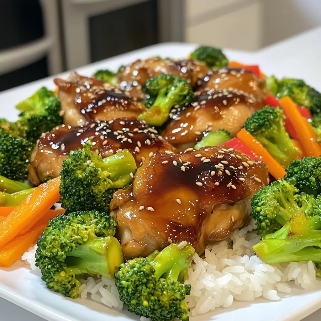 To make Teriyaki Chicken & Broccoli Sheet Pan Delight, you need these simple ingredients: - Chicken thighs: 1.5 lbs, boneless and skinless - Vegetables: 4 cups broccoli florets, 1 cup sliced carrots, 1 red bell pepper, sliced - Marinade ingredients: 1/2 cup teriyaki sauce, 2 tablespoons olive oil, 3 cloves garlic (minced), 1 teaspoon ginger (grated) - Garnish: 1 tablespoon sesame seeds - Serving suggestion: Cooked rice or quinoa - Seasoning: Salt and pepper to taste These ingredients come together to create a tasty dish. The chicken thighs give you a juicy base. Broccoli and carrots add crunch and color. The red bell pepper brings a sweet touch. The teriyaki sauce mixes well with olive oil, garlic, and ginger. It coats the chicken and veggies, giving them a rich flavor. Sesame seeds on top add a nice finish. For a complete meal, serve this dish over rice or quinoa. Not only does the dish look good, but it also tastes great. You will love how easy it is to prepare. - Preheat the oven to 425°F (220°C). - Line a large sheet pan with parchment paper. This step helps with easy cleanup later. - Combine 1/2 cup of teriyaki sauce, 2 tablespoons of olive oil, 3 cloves of minced garlic, and 1 teaspoon of grated ginger in a bowl. - Mix well until everything blends together. This marinade gives your chicken a tasty boost. - Take 1.5 lbs of boneless, skinless chicken thighs and coat them with half of the marinade. - Make sure the chicken is well-covered for the best flavor. - Reserve the rest of the marinade for later. - Let the chicken marinate for at least 15 minutes. This wait helps to deepen the flavor. - Prepare 4 cups of broccoli florets, 1 cup of sliced carrots, and 1 sliced red bell pepper. - Toss the vegetables with the reserved marinade. - Season them with salt and pepper to taste. - Spread the veggies evenly on the lined sheet pan. - Place the marinated chicken thighs on the sheet pan among the veggies. - Make sure they are spaced out for even cooking. - Bake for 20-25 minutes. The chicken should reach an internal temperature of 165°F (75°C). The veggies should be tender and slightly charred. - Remove the pan from the oven. - Garnish with 1 tablespoon of sesame seeds for a lovely crunch. - Serve this dish over a bed of cooked rice or quinoa for a filling meal. Marinating is key to great flavor. You should marinate the chicken for at least 15 minutes. This gives the sauce time to sink in. For even coating, toss the chicken well in the marinade. Make sure every piece gets a nice layer. You can even let it marinate longer for more flavor. Just keep it in the fridge! To check if the chicken is done, use a meat thermometer. It should read 165°F (75°C). This means it is safe to eat. For the veggies, look for a slight char and tenderness. If they are still crunchy, let them bake a bit longer. You want a nice balance, not mushy. Cleanup can be easy! Use parchment paper on your sheet pan. It helps keep the pan clean and makes for quick work. After cooking, just lift the paper and throw it away. This saves time and effort. Enjoy your meal without the hassle of scrubbing! {{image_2}} You can swap veggies in this dish for fun twists. Try using snow peas for a nice crunch. Bell peppers add color and sweetness. Zucchini is another great choice, especially in summer. Each vegetable brings its unique flavor, so feel free to mix and match based on what you like. Seasonal variations keep your meal exciting and fresh! If you want to change the protein, there are great options. Chicken breast works well if you prefer leaner meat. Shrimp cooks quickly and adds a lovely taste. Tofu is perfect for a plant-based option; just press it to remove extra water. Each choice allows you to customize the dish to fit your diet or mood. Making your own teriyaki sauce is simple and fun. Combine soy sauce, honey, garlic, and ginger for a fresh taste. You can adjust the sweetness or saltiness to your liking. If you want to try something different, use a sweet chili sauce or a spicy peanut sauce. Each sauce creates a new flavor profile, making this dish versatile and exciting. To keep your Teriyaki Chicken and Broccoli fresh, follow these steps: - Let the dish cool to room temperature before storing. - Place leftovers in an airtight container. - Store in the fridge for up to 3 days. This keeps the flavors intact and the chicken juicy. When you're ready to enjoy leftovers, here’s how to reheat them: - Preheat your oven to 350°F (175°C). - Place the chicken and veggies on a baking sheet. - Cover with foil to keep moisture in. - Heat for about 15-20 minutes until warmed through. You can also use a microwave. Just cover the dish and heat for 2-3 minutes. Freezing is a great option if you want to save some for later. Here’s how: - Cool the dish completely before freezing. - Use freezer-safe containers or bags. - Label with the date and contents. - Store in the freezer for up to 3 months. To thaw, move it to the fridge overnight before reheating. This helps keep the chicken tender. Yes, you can use frozen chicken for this dish. However, you need to thaw it first. The best way is to place the chicken in the fridge overnight. If you're short on time, you can use the microwave's defrost setting. Make sure the chicken is fully thawed before marinating it. You can keep leftovers in the fridge for up to four days. Store the chicken and veggies in an airtight container. This helps keep them fresh and tasty. Just make sure to cool them down before sealing the container. Yes, you can prep this dish ahead of time. Marinate the chicken the night before and store it in the fridge. You can also chop the veggies ahead. When ready to cook, just assemble everything on the sheet pan and bake. This saves time on busy days. This recipe brings together simple ingredients for a tasty dish. We used chicken thighs, fresh veggies, and a homemade teriyaki marinade. Baking it all on one pan makes cleanup easy. Remember, marinating enhances flavor, and you can switch up the veggies or proteins. Store any leftovers correctly for later enjoyment. Overall, this sheet pan meal is quick, healthy, and satisfying. You can enjoy it as a favorite weeknight dinner, keeping it fun and delicious.