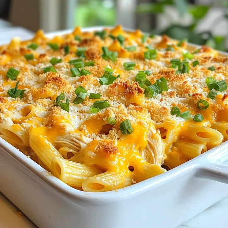 To make Buffalo Ranch Pasta Bake, you need these key items: - 12 ounces penne pasta - 2 cups cooked shredded chicken - 1 cup buffalo sauce - 1 cup ranch dressing - 1 cup shredded cheddar cheese - 1 cup shredded mozzarella cheese - 1/2 cup chopped green onions These ingredients work together to create a creamy and spicy dish. The penne pasta holds the sauce well, while the chicken adds protein. The buffalo sauce brings heat, and ranch dressing balances it with creaminess. You can also add some extra ingredients for a nice touch: - 1/2 cup breadcrumbs - 2 tablespoons olive oil Breadcrumbs give a crunchy topping. Mix them with olive oil before sprinkling on top. This adds a nice texture contrast to the dish. For taste, add salt and pepper as needed. The buffalo sauce can be adjusted to your liking. If you want a milder flavor, use less sauce. For more heat, add extra sauce or a dash of cayenne pepper. Always taste as you go, so you find the right balance. {{ingredient_image_1}} - Preheat the oven to 350°F (175°C). - Cook the penne pasta until al dente. Start by setting your oven to 350°F. This helps it get hot while you prepare the dish. Next, boil water in a large pot and add salt. Once it’s boiling, add 12 ounces of penne pasta. Cook it according to the package instructions until it is al dente, which means firm to the bite. Drain the pasta and set it aside for later. - Combine chicken with buffalo sauce and ranch dressing. - Fold in cooked penne and cheeses. In a large bowl, mix together 2 cups of cooked shredded chicken with 1 cup of buffalo sauce and 1 cup of ranch dressing. Stir until the chicken is well-coated with the sauce. Then, add the cooked penne pasta to the chicken mixture. Gently fold in half of the shredded cheddar and mozzarella cheeses. Season the mix with salt and pepper to taste, making it just right for you. - Transfer mixture to baking dish and add toppings. - Bake and garnish. Next, lightly grease a 9x13 inch baking dish. Pour the pasta mixture into it and spread it evenly. Top with the remaining shredded cheddar and mozzarella cheeses. If you like a crunchy topping, mix 1/2 cup of breadcrumbs with 2 tablespoons of olive oil and sprinkle it over the cheese. Place the baking dish in your preheated oven and bake for 25 to 30 minutes. You’ll know it’s done when the cheese melts and bubbles. Once baked, take it out and sprinkle with 1/2 cup of chopped green onions for a fresh touch. Enjoy your delicious Buffalo Ranch Pasta Bake! To cook pasta al dente, follow these simple steps: - Use a large pot of salted water to boil the pasta. - Add the penne and stir. Cook for about 2 minutes less than the package states. - Taste a piece before draining. It should be firm yet tender. For shredding chicken: - Use two forks to pull apart the meat. - You can also use a stand mixer with a paddle attachment for quick shredding. To ensure even cheese melting: - Spread cheese in an even layer on the top. - Consider mixing cheeses for different flavors. For a perfect breadcrumb topping: - Combine breadcrumbs with olive oil before adding. - Spread them evenly on the cheese for crunch. You can add spices for more flavor. Try garlic powder, onion powder, or smoked paprika. For toppings, consider: - Crumbled blue cheese for extra zing. - Fresh herbs like parsley for color. Pair your buffalo ranch pasta bake with: - A simple green salad for balance. - Garlic bread for a hearty meal. Pro Tips Adjust the Heat: If you prefer a milder dish, reduce the amount of buffalo sauce or use a mild version. You can also add more ranch dressing to balance the heat. Choose Your Cheese: Experiment with different cheese combinations. Pepper jack cheese adds a nice kick, while cream cheese can make the dish extra creamy. Make it Ahead: This pasta bake can be assembled a day in advance. Just cover and refrigerate, then bake it when you're ready to serve. Perfectly Crunchy Topping: For an extra crunchy topping, toast the breadcrumbs in olive oil before sprinkling them over the cheese. This adds texture and flavor. {{image_2}} You can easily change this recipe to fit different diets. - Vegetarian options: Use a meat substitute like tofu or tempeh. They soak up flavors well and add protein. - Gluten-free pasta: Swap out the penne for gluten-free pasta made from rice or chickpeas. These options keep the dish tasty while fitting your diet. You can play with flavors in this dish. - Different sauces: Try BBQ sauce for a sweet kick. It pairs well with chicken and adds a smoky taste. - Adding vegetables: Mix in veggies like bell peppers or spinach. They add color and nutrients. Experiment with these changes to find your favorite flavor. How you serve this dish can change the meal. - Portioning: Serve in smaller dishes for appetizers or keep it in one big dish for a main course. - Ideas for side dishes: Pair it with a fresh salad or garlic bread. These sides balance the richness of the pasta bake. These serving tips help you customize your dining experience. To keep your buffalo ranch pasta bake fresh, follow these steps: - Allow the dish to cool completely. - Place it in an airtight container. - Store in the fridge for up to four days. Using glass containers works well for easy reheating. To reheat without losing moisture: - Preheat your oven to 350°F (175°C). - Cover the dish with foil to keep it moist. - Bake for about 20 minutes or until hot. You can also reheat in the microwave. Use a microwave-safe dish and cover it. Heat in short bursts, stirring in between. Yes, you can freeze buffalo ranch pasta bake! - Let it cool completely before freezing. - Use a freezer-safe container or wrap it tightly in foil. - It will stay good for up to three months. When ready to eat, thaw it in the fridge overnight. Reheat in the oven or microwave for the best taste. Can I use store-bought rotisserie chicken? Yes, you can use store-bought rotisserie chicken. It saves time and adds flavor. Just shred the chicken and mix it with the buffalo sauce and ranch dressing. This makes your prep quick and easy. How can I make this dish spicier? To kick up the heat, add more buffalo sauce. You can also include chopped jalapeños or a dash of hot sauce. Taste it as you go to find your perfect spice level. What is the total cooking time for buffalo ranch pasta bake? The total cooking time is about 50 minutes. This includes prep and baking time. You will spend about 15 minutes preparing the dish and then 25-30 minutes baking it. How do I know when it's fully baked? Your pasta bake is ready when the cheese is melted and bubbly. You can also check if the edges are lightly browned. A good indicator is when it looks golden and delicious! Can I replace ranch dressing with another dressing? Yes, you can use another dressing, like blue cheese or Caesar. These will change the flavor, but they can still be tasty. Just remember to adjust the spices to match your new dressing. What cheese can I substitute for cheddar or mozzarella? You can use cheeses like Monterey Jack or Gouda. Both melt well and add great flavor. Feel free to mix different cheeses for a unique taste. Buffalo ranch pasta bake is a fun and tasty dish anyone can make. We covered the main and optional ingredients, plus how to prepare, mix, and bake. I shared tips to enhance flavors and variations for different diets. You can also store and reheat leftovers with ease. This dish is perfect for sharing or enjoying as a meal. Remember, you can always adjust spices to suit your taste. Try this bake for a comforting meal that never gets old!