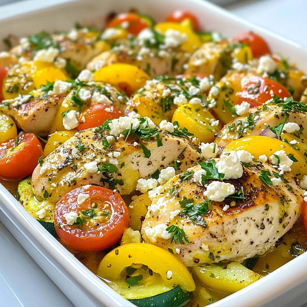 To make this tasty dish, you need fresh and simple ingredients. Here’s what you’ll need: - 4 boneless, skinless chicken breasts - 2 large zucchinis, sliced into thin rounds - 1 red bell pepper, diced - 1 yellow onion, diced - 2 cloves garlic, minced - 1 cup cherry tomatoes, halved - 1 teaspoon dried oregano - 1 teaspoon dried basil - 1 tablespoon olive oil - Salt and pepper to taste - 1 cup feta cheese, crumbled - Fresh parsley, chopped (for garnish) Each ingredient adds its own flavor to the bake. The chicken provides protein, while the zucchinis and bell peppers add freshness. Garlic and onion contribute a savory depth that makes every bite special. Seasonings bring life to the dish. For this recipe, I use: - Dried oregano - Dried basil - Salt and pepper These herbs create a bright Mediterranean flavor. Oregano adds a warm, earthy taste. Basil gives a hint of sweetness. Don’t forget to adjust salt and pepper to your liking. A pinch more can make a big difference! Garnishes can elevate your meal. Here are some ideas: - Fresh parsley, chopped - Extra crumbled feta cheese - A drizzle of olive oil Fresh parsley adds a pop of color and freshness. Extra feta gives more of that creamy tang. A drizzle of olive oil before serving enhances the dish's richness. You can mix and match these options to make the bake your own! {{ingredient_image_1}} First, gather all your ingredients. You need chicken, zucchinis, and some veggies. Use fresh items for the best taste. I like to slice the zucchinis into thin rounds. They cook evenly this way. Dice the red bell pepper and onion. Mince the garlic, too. Halve the cherry tomatoes. This mix will add great flavor. Don't forget the herbs! Measure out your oregano and basil. You’ll use these to season the dish. Start by preheating your oven to 375°F (190°C). In a large baking dish, spread the sliced zucchinis evenly. This will be the base of your bake. Next, take your bowl of diced veggies. Mix the red bell pepper, onion, garlic, and cherry tomatoes. Drizzle half of the olive oil over them, then add the oregano, basil, salt, and pepper. Stir well to combine. Spread this veggie mix over the zucchinis. Now, it’s time for the chicken. Season the chicken breasts with the remaining olive oil, salt, and pepper. Place them on top of the veggies. Finally, crumble the feta cheese over everything. Cover the baking dish with aluminum foil. Bake it in the preheated oven for 25 minutes. This helps steam the chicken and veggies. After 25 minutes, remove the foil. Bake for another 15 to 20 minutes. You want the chicken fully cooked and the zucchinis tender. Check the chicken with a meat thermometer. It should reach 165°F (74°C). Once done, let it cool for a few minutes. Before serving, sprinkle some fresh parsley on top for a pop of color. Enjoy your flavorful Mediterranean Chicken Zucchini Bake! To get your chicken just right, timing is key. Bake the dish at 375°F for 25 minutes covered. This helps the chicken cook evenly. After that, remove the foil and bake for an extra 15 to 20 minutes. This last step gives your chicken a nice finish. Always check if the chicken is at 165°F. Use a meat thermometer for the best results. Flavor is what makes this dish shine. Use fresh herbs like oregano and basil for a bright taste. Don’t skip the garlic; it adds depth. The feta cheese brings a creamy, salty kick. Always season your chicken well. A little extra salt and pepper go a long way. Taste your veggie mix before adding it to the dish. Adjust seasonings as needed to get that perfect balance. This bake is great on its own, but pairs well with many sides. Serve it alongside a simple green salad. A light vinaigrette will complement the flavors. You can also add some crusty bread for dipping. For a heartier meal, serve it with rice or couscous. The dish looks great topped with fresh parsley, adding color and freshness. Enjoy your Mediterranean feast! Pro Tips Marinate the Chicken: For extra flavor, marinate the chicken breasts in olive oil, garlic, and herbs for at least 30 minutes before baking. Use Fresh Herbs: Fresh herbs can elevate the flavors significantly. Consider using fresh basil and oregano instead of dried for a vibrant taste. Customize Your Veggies: Feel free to swap in seasonal vegetables like eggplant or bell peppers for a personalized touch based on your preferences. Check Chicken Temperature: Use a meat thermometer to ensure the chicken reaches an internal temperature of 165°F (75°C) for safety and perfect doneness. {{image_2}} You can change the chicken to fit your diet. Try using turkey breast or even tofu. Both options will soak up the flavors well. If you choose turkey, keep the cook time the same. Tofu needs just a little less time, so check it earlier. This way, you still get a tasty dish without missing out. Feel free to mix in more veggies! Broccoli, spinach, or even eggplant work great. Just chop them up and layer them like the zucchini. The more colors you add, the more fun it looks. Plus, a variety of vegetables boosts the nutrition. You can even add frozen veggies if you're short on time. Just thaw them first to help them cook evenly. This recipe is naturally gluten-free! The chicken and veggies are safe for anyone avoiding gluten. If you want more texture, try adding quinoa or rice. Just cook them separately and mix them in before baking. This way, you have a hearty meal that everyone can enjoy. Remember to check all labels if you buy anything pre-made. To keep your Mediterranean Chicken Zucchini Bake fresh, store it in an airtight container. Place it in the fridge within two hours of cooking. This helps to keep the flavors intact. Enjoy your leftovers within 3 to 4 days for the best taste. If you're not sure you'll eat it all, consider freezing some. To freeze this dish, let it cool completely first. Cut it into serving sizes for easy thawing later. Wrap each piece tightly in plastic wrap, then place them in a freezer bag. Label the bag with the date. This meal can last up to 3 months in the freezer. When you're ready to eat, just thaw it in the fridge overnight. Reheat your Mediterranean Chicken Zucchini Bake in the oven for the best results. Preheat the oven to 350°F (175°C). Place the dish, covered with foil, in the oven for about 20-25 minutes. Check if it's heated through. You can also use a microwave, but the oven keeps it crispier. Heat it in the microwave on medium power for 2-3 minutes, stirring halfway. Enjoy your meal! Yes, you can! Feta cheese gives a nice tang. If you want something milder, try mozzarella or provolone. You could even mix cheeses for extra flavor. Just remember, different cheeses will change the dish's taste. If you don't have zucchini, try yellow squash or eggplant. Both give a similar texture. You can also use bell peppers or mushrooms for a different twist. Just make sure to slice them thin for even cooking. Check the chicken's internal temperature. It should reach 165°F (75°C). You can use a meat thermometer for accuracy. If you don’t have one, cut into the thickest part. The meat should be white, not pink. Also, the juices should run clear. This Mediterranean Chicken Zucchini Bake is a simple, tasty dish. We covered ingredients, prep steps, and tips to make it perfect. Also, we explored variations and storage ideas. Whether you're a novice or a pro, these insights help you enjoy cooking and reduce waste. Remember, cooking should be fun and rewarding. So, experiment, add your favorite flavors, and share with loved ones. Enjoy your tasty creation!