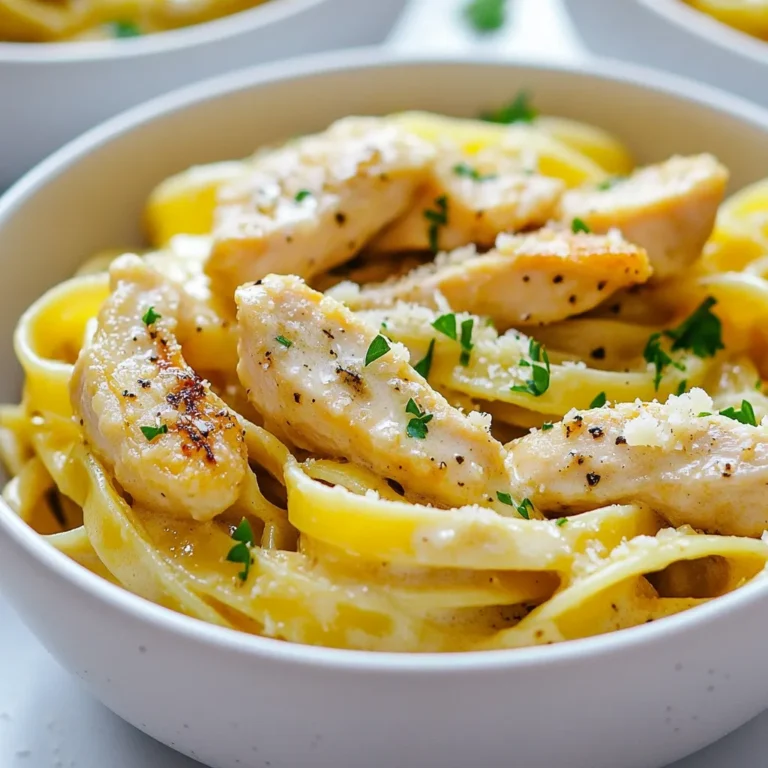 To make Garlic Parmesan Chicken Pasta, you need the following ingredients: - 8 oz fettuccine or spaghetti - 2 boneless, skinless chicken breasts, sliced into strips - 4 tablespoons olive oil, divided - 4 cloves garlic, minced - 1 teaspoon red pepper flakes (optional) - 1 cup heavy cream - 1 cup grated Parmesan cheese - Salt and pepper to taste - 2 tablespoons fresh parsley, chopped (for garnish) Using fresh and high-quality ingredients makes a big difference. Choose firm chicken breasts for the best flavor. Fresh garlic gives a stronger taste than jarred. Use real Parmesan cheese for a rich and creamy sauce. The heavy cream should be fresh and not expired. Fresh parsley adds color and a burst of freshness. You can swap some ingredients if needed. For the pasta, any long type like spaghetti or linguine works well. If you don't have fresh garlic, garlic powder can be used, but fresh is best. For a lighter option, you can use half-and-half instead of heavy cream. If you want to skip dairy, try a plant-based cream. For protein, shrimp or tofu make great alternatives. {{ingredient_image_1}} Start by boiling a large pot of salted water. Add 8 ounces of fettuccine or spaghetti to the pot. Cook it according to the package instructions until it is al dente. This usually takes around 8-10 minutes. Once done, drain the pasta. Make sure to save ½ cup of the pasta water for later. Set the pasta aside. Now, grab a large skillet and heat 2 tablespoons of olive oil over medium-high heat. While the oil heats, slice 2 boneless, skinless chicken breasts into strips. Season those strips with salt and pepper. Once the oil is hot, add the chicken to the skillet. Cook for about 5-6 minutes. Look for the chicken to turn golden brown and be cooked through. Remove the chicken from the skillet and set it aside on a plate. In the same skillet, add the remaining 2 tablespoons of olive oil. Lower the heat to medium. Add 4 cloves of minced garlic to the skillet. If you like a kick, sprinkle in 1 teaspoon of red pepper flakes. Sauté for about 1 minute. Keep an eye on it; you don’t want to burn the garlic. Next, pour in 1 cup of heavy cream. Bring it to a gentle simmer. Stir in 1 cup of grated Parmesan cheese until it melts and becomes creamy. Taste the sauce and add more salt and pepper if needed. It’s time to bring everything together! Add the cooked pasta and chicken back to the skillet. Toss everything together until the pasta is well coated in the garlic Parmesan sauce. If the sauce is too thick, gradually mix in some of the reserved pasta cooking water until you reach your desired consistency. Once combined, the dish is ready to serve. Enjoy your flavorful Garlic Parmesan Chicken Pasta! To cook pasta just right, use a large pot. Fill it with water and add salt. Boil the water, then add your fettuccine or spaghetti. Cook until it's al dente. This means it should be firm but not hard. Save some pasta water before draining. This water helps to make the sauce smooth later. To boost flavor, use fresh garlic. Minced garlic brings a strong taste. Adding red pepper flakes gives a slight heat. Adjust the amount based on your taste. When making the sauce, stir the Parmesan cheese in slowly. This helps it melt better and creates a creamy sauce. Don’t forget to taste and add salt and pepper as needed! One common mistake is overcooking the pasta. If you cook it too long, it becomes mushy. Another mistake is not using enough salt in the water. This is key for flavor. Be careful not to burn the garlic. It should smell nice, not bitter. Lastly, remember to coat the pasta well with sauce. This makes every bite delicious! Pro Tips Choose the Right Pasta: Using fettuccine will give a richer experience due to its flat shape, which holds the sauce better than spaghetti. Don't Overcook the Chicken: Cook the chicken just until golden brown to prevent it from becoming dry; it will continue cooking slightly when combined with the pasta. Adjust Sauce Consistency: Always reserve some pasta water to adjust the sauce thickness. The starch in the water helps bind the sauce to the pasta. Fresh Herbs Make a Difference: Using fresh parsley for garnish not only adds color but also a burst of freshness that elevates the dish. {{image_2}} You can make this dish healthier by adding vegetables. Broccoli, spinach, or bell peppers work well. Just cook them with the chicken. This adds color and nutrients to your meal. It also makes the dish more filling. For a fresh taste, add some cherry tomatoes. They bring a nice pop of sweetness. You can also toss in some peas for extra fiber. If you want a change from chicken, try shrimp or tofu. Shrimp cooks quickly and adds a nice flavor. Just sauté them until they turn pink. Tofu is great for a vegetarian option. Use firm tofu, and make sure to press it first. This helps it absorb the sauce better. You can also use cooked sausage for a heartier dish. To make this dish gluten-free, swap the pasta for a gluten-free option. Rice noodles or gluten-free spaghetti work great. Check the cooking time, as it might differ. Also, ensure that your Parmesan cheese is gluten-free. Most brands are, but it’s good to check. This way, everyone can enjoy this creamy delight without worry. To keep your Garlic Parmesan Chicken Pasta fresh, place it in an airtight container. Make sure to let it cool down first. Store it in the fridge for up to three days. If you have a lot left, consider dividing it into smaller portions. This way, it's easy to grab for lunch or dinner. When you're ready to eat leftovers, you have a few options. You can reheat it in the microwave. Just cover it and heat for one to two minutes. Stir halfway through to get even heat. If you prefer the stove, add a splash of water or cream to the pan. Heat it over low heat until warm. Stir often to avoid sticking. If you want to save it for later, freezing is a great option. Place the cooled pasta in a freezer-safe container. Be sure to leave some space at the top for expansion. It can last in the freezer for up to three months. When you're ready to enjoy it, thaw it in the fridge overnight. Then, reheat as usual for a quick meal. If you need a substitute for heavy cream, try using half-and-half or whole milk. Both options will work well. You can also blend silken tofu with some milk for a dairy-free choice. This will keep the sauce creamy and rich, just like heavy cream. To spice up your Garlic Parmesan Chicken Pasta, add more red pepper flakes. You can also use fresh chili peppers, diced, to boost the heat. If you like a smoky flavor, try a dash of smoked paprika. Adjust the spice to match your taste. Yes, you can use any pasta you like! Fettuccine and spaghetti work well, but penne or farfalle are great choices too. Just be sure to adjust the cooking time based on the pasta shape you choose. Each type will soak up the sauce nicely. A good white wine pairs nicely with this dish. Try a Chardonnay or a Pinot Grigio. Both wines have a crisp taste that complements the flavors of garlic and Parmesan. If you prefer red, a light Pinot Noir can also work well. In this article, I covered the key ingredients for Garlic Parmesan Chicken Pasta and how to choose quality options. I provided step-by-step cooking instructions and tips for perfect pasta. You learned about variations and storage tips to keep your dish fresh. Remember, making a tasty meal is all about choosing great ingredients and avoiding common mistakes. With these tips in mind, you can experiment and make this dish your own. Enjoy your cooking journey!