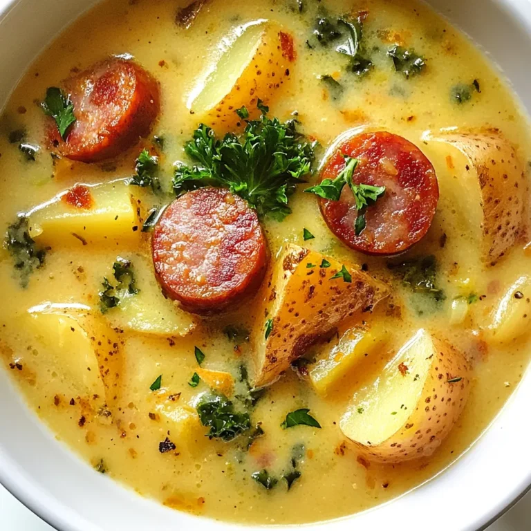 To make Kielbasa Potato Soup, you need the following ingredients: - 1 lb kielbasa, sliced into half-moons - 4 large potatoes, peeled and diced - 1 medium onion, chopped - 3 cloves garlic, minced - 4 cups chicken broth - 1 cup heavy cream - 2 cups kale, chopped - 1 teaspoon smoked paprika - 1 teaspoon dried thyme - Salt and pepper to taste - 2 tablespoons olive oil - Fresh parsley, chopped (for garnish) If you can't find kielbasa, you can use any smoked sausage. Turkey sausage works well too. For a lighter option, swap heavy cream with half-and-half. You can also replace kale with spinach for a milder taste. If you want a kick, add some red pepper flakes. You can use vegetable broth instead of chicken broth for a vegetarian version. When buying potatoes, look for firm ones without any spots or wrinkles. Choose onions that are dry and firm. Fresh garlic should feel hard and not sprout. For kale, pick leaves that are dark green and crisp. When selecting kielbasa, check that it has a nice smoky scent and is not overly greasy. Fresh herbs like parsley should smell bright and look vibrant. {{ingredient_image_1}} 1. Gather your ingredients. You will need: - 1 lb kielbasa, sliced into half-moons - 4 large potatoes, peeled and diced - 1 medium onion, chopped - 3 cloves garlic, minced - 4 cups chicken broth - 1 cup heavy cream - 2 cups kale, chopped - 1 teaspoon smoked paprika - 1 teaspoon dried thyme - Salt and pepper to taste - 2 tablespoons olive oil - Fresh parsley, chopped (for garnish) 2. Start by peeling and dicing the potatoes. This step takes just a few minutes. 3. Chop the onion and mince the garlic. This helps release their flavors. 1. Heat 2 tablespoons of olive oil in a large pot over medium heat. This oil adds a nice flavor. 2. Add the chopped onion to the pot. Cook until it turns translucent, about 5 minutes. 3. Stir in the minced garlic. Cook for an extra minute to bring out its aroma. 4. Add the sliced kielbasa to the pot. Brown it for about 5-7 minutes. This adds great flavor to the soup. 5. Next, add the diced potatoes, smoked paprika, dried thyme, salt, and pepper. Stir everything together well. 6. Pour in the 4 cups of chicken broth. Bring the mixture to a boil. 7. Once boiling, reduce the heat to a simmer. Cook until the potatoes are tender, about 15-20 minutes. 8. Add the chopped kale. Simmer for another 5 minutes until the kale wilts. 9. Finally, pour in the heavy cream. Stir gently and heat through for another 5 minutes. 10. Taste the soup and adjust the seasonings as needed. 1. Serve the soup hot in bowls. 2. Garnish with freshly chopped parsley for a pop of color and flavor. 3. Pair it with crusty bread for a complete meal. Enjoy your hearty soup! To make your Kielbasa Potato Soup shine, focus on layering flavors. Start by cooking the onion until it is soft. This step adds a sweet base. Next, don't skip the garlic. It brings depth and warmth. Using smoked paprika gives a nice, smoky taste that pairs well with kielbasa. You can also add a splash of lemon juice before serving. This brightens the soup and balances the rich cream. Lastly, fresh parsley not only adds color but also a fresh taste that lifts the dish. One mistake is not cooking the potatoes long enough. If they aren't tender, the soup won't be smooth. Another error is using too much cream. This can make the soup too rich. Instead, stick to the recipe's one cup of cream. Also, avoid overcooking the kale. It should be tender but still vibrant. Finally, don’t forget to taste your soup. Adjusting salt and pepper can make a big difference in flavor. Having the right tools makes cooking easier. A large pot is essential for this recipe. It helps cook all the ingredients evenly. A good chef’s knife is important for chopping. It ensures you cut your vegetables quickly and safely. A wooden spoon is great for stirring without scratching your pot. You might also want a ladle for serving. Lastly, a measuring cup helps with the broth and cream for accuracy. Having these tools will make your cooking experience smooth and enjoyable. Pro Tips Use Fresh Kale: For the best flavor and texture, opt for fresh kale instead of frozen. It adds a vibrant color and nutritional boost to your soup. Adjust Creaminess: If you prefer a lighter soup, reduce the amount of heavy cream or substitute it with half-and-half or whole milk. Enhance with Spices: Experiment with additional spices like cayenne pepper or crushed red pepper flakes for a spicy kick that complements the smoky kielbasa. Perfect Potato Texture: To ensure your potatoes are perfectly tender, cut them into uniform pieces. This allows for even cooking and a better overall texture. {{image_2}} You can make a vegetarian version of Kielbasa Potato Soup. Replace kielbasa with plant-based sausage or smoked tofu. Use vegetable broth instead of chicken broth for a rich taste. Add more veggies, like carrots and celery, to boost flavor and nutrients. This way, you keep the heartiness while making it veggie-friendly. If you like heat, try a spicy version. Add diced jalapeños or a pinch of cayenne pepper to the soup. You can also use spicy kielbasa for an extra kick. The smoked paprika adds depth, but the spice will really wake up your taste buds. Adjust the heat level to your liking for a custom experience. There are many add-ins and toppings to enhance your soup. Consider adding corn for sweetness or beans for protein. For garnish, use crispy bacon or fried onions for crunch. A dollop of sour cream or Greek yogurt adds creaminess. Fresh herbs like chives or dill can brighten the dish. Mix and match to create your perfect bowl! To store your Kielbasa Potato Soup, wait for it to cool. Once cooled, place it in an airtight container. This helps keep the soup fresh. You can store it in the fridge for up to 3 days. Make sure to label the container with the date. This way, you know how long it's been stored. If you want to freeze the soup, use freezer-safe bags or containers. Allow the soup to cool completely before packing it away. Leave some space in the container to allow for expansion. Kielbasa Potato Soup can last in the freezer for up to 3 months. When you're ready to eat, just thaw it overnight in the fridge. Reheating your soup is simple. You can use a pot on the stove or a microwave. If using the stove, heat it over medium-low heat. Stir the soup often to prevent sticking. For microwave heating, use a microwave-safe bowl and cover it loosely. Heat in 1-minute intervals, stirring in between. Adjust the heat until it’s warm throughout. Enjoy your comforting soup again! If you need a substitute for kielbasa, try smoked sausage or turkey sausage. Both add great flavor. You can also use spicy sausage if you want more heat. For a vegetarian option, use plant-based sausage or add more vegetables. Mushrooms or extra kale can also work well. Kielbasa Potato Soup lasts about 3 to 5 days in the fridge. Store it in an airtight container to keep it fresh. Always let the soup cool down before putting it in the fridge. If you notice any off smells or changes in color, it’s best to toss it. Yes, you can! For a slow cooker, add all the ingredients, except the cream and kale. Cook on low for 6 to 8 hours or high for 3 to 4 hours. Add the cream and kale at the end and let it heat through. For an instant pot, brown the kielbasa and onion first. Then add the rest and cook on high pressure for 10 minutes. Release the pressure and stir in the cream and kale. In this blog post, we covered how to make a delicious Kielbasa Potato Soup. We explored the ingredients, step-by-step instructions, and useful tips. You learned about variations, storage, and common questions. For great soup, choose fresh ingredients and personalize it to your taste. Remember to avoid common mistakes for the best flavor. Enjoy your cooking journey and the cozy meal!