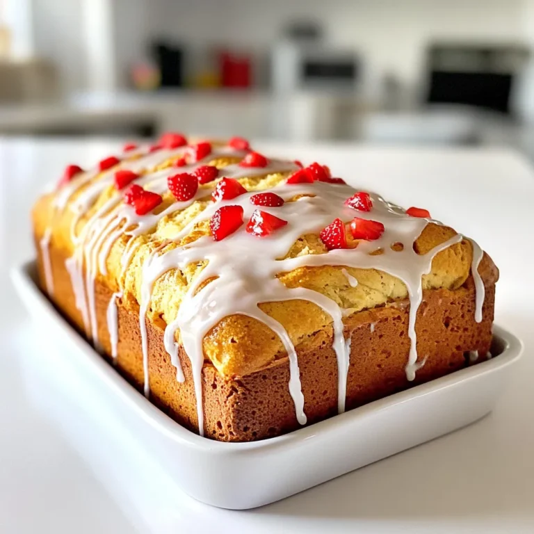 You need 2 cups of fresh strawberries for this recipe. Make sure they are ripe and sweet. Hull and dice them into small pieces. This will help them mix well into the bread. The strawberries add a bright flavor and nice texture to each slice. For the dry mix, gather 1½ cups of all-purpose flour, ½ cup of granulated sugar, ½ teaspoon of baking soda, 1 teaspoon of baking powder, and ¼ teaspoon of salt. Whisk these together in a large bowl. This mix helps the bread rise and gives it a light, fluffy texture. The wet ingredients consist of ½ cup of softened unsalted butter, 2 large eggs, 1 teaspoon of vanilla extract, and ½ cup of buttermilk. You will also need 1 tablespoon of lemon zest for a citrusy touch. Cream the butter first, then add the eggs one at a time. Mix in the vanilla and buttermilk last. These ingredients keep the bread moist and flavorful. First, you need to preheat your oven to 350°F (175°C). This step is key for even baking. While the oven heats, take a 9x5-inch loaf pan. Grease it well to prevent sticking. Then, line the bottom with parchment paper. This makes the bread easy to remove later. Next, let’s mix our ingredients. Start by hulling and dicing 2 cups of fresh strawberries. Set them aside to release some of their juices. In a large bowl, whisk together 1½ cups of all-purpose flour, ½ cup of granulated sugar, ½ teaspoon of baking soda, 1 teaspoon of baking powder, and ¼ teaspoon of salt. In another bowl, cream ½ cup of softened unsalted butter until smooth. Add 2 large eggs one by one, mixing well after each. Stir in 1 teaspoon of vanilla extract. Now, add the dry mixture to the butter mix. Alternate with ½ cup of buttermilk. Start and finish with the dry mix. Mix until just combined. Finally, fold in the lemon zest and the diced strawberries gently to keep them intact. Pour the batter into your prepared loaf pan. Smooth the top for a nice finish. Now, place it in the oven. Bake for about 55 to 60 minutes. Check for doneness by inserting a toothpick into the center. If it comes out clean, your bread is ready. While your bread bakes, you can prepare the glaze. In a bowl, whisk 1 cup of powdered sugar with 2 to 3 tablespoons of milk and ½ teaspoon of vanilla extract. Mix until smooth. Adjust the consistency if needed. Once the bread cools for about 10 minutes in the pan, transfer it to a wire rack. Let it cool completely before drizzling the glaze on top. Now, it's ready to slice and enjoy! For a smooth glaze, start with powdered sugar. Add two tablespoons of milk to it. Mix until you see no lumps. If it seems too thick, add a bit more milk. If it’s too thin, add more sugar. The right glaze should flow easily over the bread. Use a spoon to drizzle it on top. This adds a nice, sweet finish. To keep your strawberry bread moist, use fresh strawberries. They add flavor and moisture. Mix in some lemon zest for a bright taste. This small addition enhances the fruit flavor. Also, make sure not to overmix the batter. Stir gently just until everything is combined. Overmixing can make your bread tough. To ensure even baking, use the right pan size. A 9x5-inch loaf pan works best. Grease it well and line it with parchment paper. This helps the bread come out easily. Place the pan in the center of the oven for uniform heat. Check for doneness by inserting a toothpick in the center. If it comes out clean, your bread is ready! {{image_2}} You can make your strawberry bread even better by adding nuts or chocolate chips. Chopped walnuts or pecans add a nice crunch. They pair well with the soft strawberries. If you love chocolate, try adding some chocolate chips. Semi-sweet or dark chips work best. Just mix in about half a cup when you fold in the strawberries. This simple step gives your bread a fun twist. The glaze adds a sweet finish to your bread. You can change it up in many ways. Instead of a plain glaze, try adding lemon juice or almond extract. This will change the flavor a bit. For a fruity twist, mix in some pureed strawberries into the glaze. This adds color and taste. You can also make a cream cheese glaze for a richer flavor. Just mix cream cheese, powdered sugar, and a splash of milk until smooth. If you don’t have buttermilk, don’t worry! You can easily make a substitute. Mix one cup of milk with one tablespoon of vinegar or lemon juice. Let it sit for a few minutes. This will mimic buttermilk's tangy taste. You can also use plain yogurt or sour cream. Just thin it out with a bit of milk until it reaches buttermilk's consistency. These alternatives keep your bread moist and tasty. To keep your strawberry bread fresh, store it at room temperature. Place it in an airtight container. If you plan to eat it within a few days, this is perfect. For longer storage, wrap it well in plastic wrap before placing it in a container. This keeps moisture in and prevents it from drying out. You can freeze strawberry bread for later enjoyment. First, let it cool completely after baking. Then, wrap it tightly in plastic wrap. Next, place it in a zip-top freezer bag. Label the bag with the date. It will keep well for up to three months in the freezer. When you are ready to eat it, simply thaw it in the fridge overnight. To reheat your strawberry bread, preheat the oven to 350°F (175°C). Unwrap the bread and place it on a baking sheet. Heat it for about 10-15 minutes. This warms it up nicely without drying it out. If you want to reheat individual slices, you can use a microwave. Heat each slice for about 15-20 seconds. Enjoy your warm, tasty treat! Yes, you can use frozen strawberries. Just let them thaw first. Drain any extra juice. This keeps the bread from getting too wet. Frozen berries work well and still taste great. To make gluten-free strawberry bread, swap all-purpose flour for a gluten-free blend. Look for a mix that has xanthan gum. This helps mimic the texture of regular flour. You can also try almond flour for a nutty flavor. Strawberry bread pairs well with whipped cream or ice cream. You can enjoy it with a cup of tea or coffee. Adding fresh berries on the side makes it even better. A drizzle of honey or maple syrup is a nice touch, too! We explored how to make delicious strawberry bread. First, we listed fresh and dry ingredients, plus wet ones. Then, I gave step-by-step instructions from mixing to baking. I shared tips for a perfect glaze and even baking. You can also try fun variations with nuts or chocolate chips. Finally, I covered storage tips, freezing methods, and reheating techniques. Try making this bread your own, and enjoy its sweet flavors!