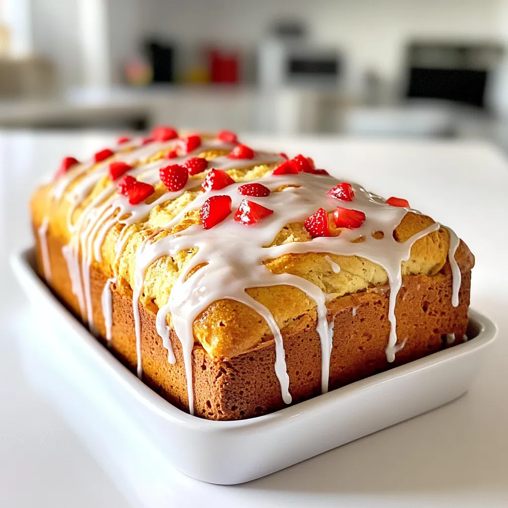 You need 2 cups of fresh strawberries for this recipe. Make sure they are ripe and sweet. Hull and dice them into small pieces. This will help them mix well into the bread. The strawberries add a bright flavor and nice texture to each slice. For the dry mix, gather 1½ cups of all-purpose flour, ½ cup of granulated sugar, ½ teaspoon of baking soda, 1 teaspoon of baking powder, and ¼ teaspoon of salt. Whisk these together in a large bowl. This mix helps the bread rise and gives it a light, fluffy texture. The wet ingredients consist of ½ cup of softened unsalted butter, 2 large eggs, 1 teaspoon of vanilla extract, and ½ cup of buttermilk. You will also need 1 tablespoon of lemon zest for a citrusy touch. Cream the butter first, then add the eggs one at a time. Mix in the vanilla and buttermilk last. These ingredients keep the bread moist and flavorful. First, you need to preheat your oven to 350°F (175°C). This step is key for even baking. While the oven heats, take a 9x5-inch loaf pan. Grease it well to prevent sticking. Then, line the bottom with parchment paper. This makes the bread easy to remove later. Next, let’s mix our ingredients. Start by hulling and dicing 2 cups of fresh strawberries. Set them aside to release some of their juices. In a large bowl, whisk together 1½ cups of all-purpose flour, ½ cup of granulated sugar, ½ teaspoon of baking soda, 1 teaspoon of baking powder, and ¼ teaspoon of salt. In another bowl, cream ½ cup of softened unsalted butter until smooth. Add 2 large eggs one by one, mixing well after each. Stir in 1 teaspoon of vanilla extract. Now, add the dry mixture to the butter mix. Alternate with ½ cup of buttermilk. Start and finish with the dry mix. Mix until just combined. Finally, fold in the lemon zest and the diced strawberries gently to keep them intact. Pour the batter into your prepared loaf pan. Smooth the top for a nice finish. Now, place it in the oven. Bake for about 55 to 60 minutes. Check for doneness by inserting a toothpick into the center. If it comes out clean, your bread is ready. While your bread bakes, you can prepare the glaze. In a bowl, whisk 1 cup of powdered sugar with 2 to 3 tablespoons of milk and ½ teaspoon of vanilla extract. Mix until smooth. Adjust the consistency if needed. Once the bread cools for about 10 minutes in the pan, transfer it to a wire rack. Let it cool completely before drizzling the glaze on top. Now, it's ready to slice and enjoy! For a smooth glaze, start with powdered sugar. Add two tablespoons of milk to it. Mix until you see no lumps. If it seems too thick, add a bit more milk. If it’s too thin, add more sugar. The right glaze should flow easily over the bread. Use a spoon to drizzle it on top. This adds a nice, sweet finish. To keep your strawberry bread moist, use fresh strawberries. They add flavor and moisture. Mix in some lemon zest for a bright taste. This small addition enhances the fruit flavor. Also, make sure not to overmix the batter. Stir gently just until everything is combined. Overmixing can make your bread tough. To ensure even baking, use the right pan size. A 9x5-inch loaf pan works best. Grease it well and line it with parchment paper. This helps the bread come out easily. Place the pan in the center of the oven for uniform heat. Check for doneness by inserting a toothpick in the center. If it comes out clean, your bread is ready! {{image_2}} You can make your strawberry bread even better by adding nuts or chocolate chips. Chopped walnuts or pecans add a nice crunch. They pair well with the soft strawberries. If you love chocolate, try adding some chocolate chips. Semi-sweet or dark chips work best. Just mix in about half a cup when you fold in the strawberries. This simple step gives your bread a fun twist. The glaze adds a sweet finish to your bread. You can change it up in many ways. Instead of a plain glaze, try adding lemon juice or almond extract. This will change the flavor a bit. For a fruity twist, mix in some pureed strawberries into the glaze. This adds color and taste. You can also make a cream cheese glaze for a richer flavor. Just mix cream cheese, powdered sugar, and a splash of milk until smooth. If you don’t have buttermilk, don’t worry! You can easily make a substitute. Mix one cup of milk with one tablespoon of vinegar or lemon juice. Let it sit for a few minutes. This will mimic buttermilk's tangy taste. You can also use plain yogurt or sour cream. Just thin it out with a bit of milk until it reaches buttermilk's consistency. These alternatives keep your bread moist and tasty. To keep your strawberry bread fresh, store it at room temperature. Place it in an airtight container. If you plan to eat it within a few days, this is perfect. For longer storage, wrap it well in plastic wrap before placing it in a container. This keeps moisture in and prevents it from drying out. You can freeze strawberry bread for later enjoyment. First, let it cool completely after baking. Then, wrap it tightly in plastic wrap. Next, place it in a zip-top freezer bag. Label the bag with the date. It will keep well for up to three months in the freezer. When you are ready to eat it, simply thaw it in the fridge overnight. To reheat your strawberry bread, preheat the oven to 350°F (175°C). Unwrap the bread and place it on a baking sheet. Heat it for about 10-15 minutes. This warms it up nicely without drying it out. If you want to reheat individual slices, you can use a microwave. Heat each slice for about 15-20 seconds. Enjoy your warm, tasty treat! Yes, you can use frozen strawberries. Just let them thaw first. Drain any extra juice. This keeps the bread from getting too wet. Frozen berries work well and still taste great. To make gluten-free strawberry bread, swap all-purpose flour for a gluten-free blend. Look for a mix that has xanthan gum. This helps mimic the texture of regular flour. You can also try almond flour for a nutty flavor. Strawberry bread pairs well with whipped cream or ice cream. You can enjoy it with a cup of tea or coffee. Adding fresh berries on the side makes it even better. A drizzle of honey or maple syrup is a nice touch, too! We explored how to make delicious strawberry bread. First, we listed fresh and dry ingredients, plus wet ones. Then, I gave step-by-step instructions from mixing to baking. I shared tips for a perfect glaze and even baking. You can also try fun variations with nuts or chocolate chips. Finally, I covered storage tips, freezing methods, and reheating techniques. Try making this bread your own, and enjoy its sweet flavors!