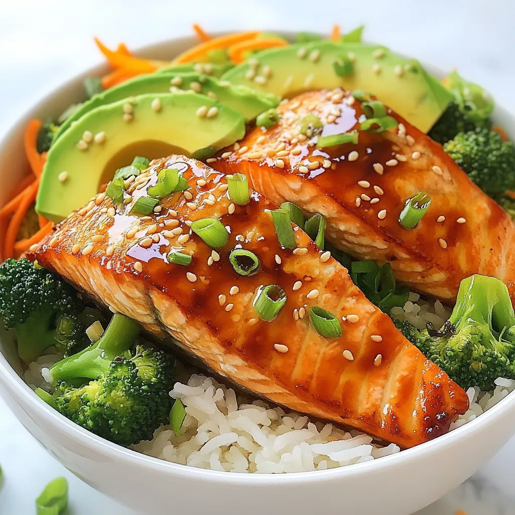 - 2 salmon fillets (about 6 ounces each) - 1/4 cup soy sauce (low sodium preferred) - 2 tablespoons honey - 1 tablespoon rice vinegar - 1 cup jasmine rice - 2 cups water - 1 cup steamed broccoli florets - 1/2 cup shredded carrots - 1 avocado, sliced - 1 tablespoon sesame oil - 1 tablespoon grated ginger - Chopped green onions for garnish - 1 tablespoon sesame seeds for garnish Gather these ingredients to create a tasty teriyaki salmon bowl. Salmon fillets are the star of the dish. The soy sauce and honey mix gives the salmon its sweet and savory flavor. Jasmine rice serves as the perfect base for this meal. You can add steamed broccoli and shredded carrots for color and crunch. For extra flavor, consider using sesame oil and ginger in your teriyaki sauce. They add a nice depth to the dish. Garnishing with green onions and sesame seeds makes your bowl look and taste even better. This meal is not only delicious but also healthy and easy to make. {{ingredient_image_1}} To start, you will need to make the teriyaki sauce. In a small saucepan, combine: - 1/4 cup soy sauce - 2 tablespoons honey - 2 tablespoons rice vinegar - 1 tablespoon sesame oil - 1 tablespoon grated ginger - 2 cloves garlic, minced Mix these ingredients well. Heat the mixture over medium-low heat. Stir it often for about 5-7 minutes. You want it to thicken slightly. Once it does, remove it from the heat and set it aside. Next, let's cook the rice. First, rinse 1 cup of jasmine rice under cold water. Keep rinsing until the water is clear. In a medium pot, add the rinsed rice and 2 cups of water. Bring this to a boil. Once boiling, reduce the heat to low. Cover and let it simmer for about 15 minutes. The rice should be tender and the water absorbed. After that, remove the pot from heat. Let it sit covered for 5 minutes, then fluff with a fork. While the rice cooks, heat a non-stick skillet over medium-high heat. Place 2 salmon fillets, skin-side down, in the skillet. Brush the tops with the teriyaki sauce you made. Cook for about 4-5 minutes. The salmon should become opaque and flaky. Carefully flip the fillets and brush them again with teriyaki sauce. Cook for an additional 2-3 minutes until done. Now it’s time to assemble your bowl. Start with a generous scoop of jasmine rice as the base. Next, top it with: - 1 cup steamed broccoli florets - 1/2 cup shredded carrots - 1 sliced avocado Finally, place the cooked salmon fillet on top. If you like, drizzle some more teriyaki sauce over the salmon. This adds extra flavor. To finish, sprinkle on sesame seeds and chopped green onions for a nice touch. Enjoy your healthy and flavorful Teriyaki Salmon Bowl! - Best practices for cooking salmon perfectly: Start with fresh salmon fillets. Ensure they are at room temperature before cooking. Heat your skillet over medium-high heat and add a bit of oil. Place the salmon skin-side down. Let it cook without moving for about 4-5 minutes. This helps create a nice crust. Flip the salmon and brush it with teriyaki sauce. Cook for another 2-3 minutes. The fish should be light pink and flake easily. - How to avoid overcooking the rice: Rinse jasmine rice under cold water to remove excess starch. This helps keep the rice fluffy. Combine the rinsed rice with water in a pot. Bring to a boil, then reduce heat to low. Cover and simmer for about 15 minutes. Let it sit covered for 5 more minutes after cooking. This will keep the rice moist but not mushy. - Tips for adjusting the sweetness or spiciness of the sauce: To make your teriyaki sauce sweeter, add more honey. For a spicier kick, mix in a dash of sriracha or red pepper flakes. Taste as you go. This helps you find the right balance for your palate. - Alternative ingredients to use in the teriyaki sauce: If you need a gluten-free option, swap soy sauce for tamari. You can also use maple syrup instead of honey for a vegan twist. For a deeper flavor, try adding some orange juice or zest. Pro Tips Use Fresh Salmon: Opt for fresh, high-quality salmon fillets for the best flavor and texture in your teriyaki salmon bowl. Marinate for Extra Flavor: If time allows, marinate the salmon in the teriyaki sauce for 30 minutes before cooking for an intensified flavor. Customize Your Veggies: Feel free to add or substitute other vegetables like bell peppers, snap peas, or edamame to make the bowl your own. Perfectly Cooked Rice: For fluffier rice, let it rest covered for 10 minutes after cooking before fluffing with a fork. {{image_2}} If you want a meat-free option, try using tofu or tempeh. They absorb flavors well. Just marinate them in the teriyaki sauce before cooking. This adds a great taste. Tofu gives a soft texture, while tempeh has a firmer bite. Both options make the bowl delicious and filling. You can swap jasmine rice for other grains. Quinoa and brown rice are tasty choices. Quinoa adds protein and has a nice nutty flavor. Brown rice is hearty and adds fiber. If you need gluten-free options, both quinoa and brown rice work perfectly. They keep the bowl healthy and satisfying. For extra crunch and flavor, consider adding toppings like nuts or crispy onions. Chopped almonds or cashews add great texture. You can also try sunflower seeds for a nut-free option. Adding more vegetables like bell peppers or snap peas can brighten the dish. These toppings boost flavor and make your bowl even more fun to eat. To keep your Teriyaki Salmon Bowl fresh, store the leftovers in airtight containers. This helps keep out air and moisture. You can store the salmon and rice together or separately. If you keep them separate, they will stay fresher longer. Reheating is easy. For the salmon, place it in a microwave-safe dish. Heat it for about 30 seconds at a time. Check often to avoid overcooking. For the rice, add a splash of water to keep it moist. Cover the bowl and heat for about one minute. Stir and check if it’s hot enough. Yes, you can freeze teriyaki salmon! First, let it cool to room temperature. Then, wrap each fillet in plastic wrap. Place the wrapped salmon in a freezer bag. Squeeze out the air before sealing. This will help prevent freezer burn. To thaw, move the salmon to the fridge the night before you want to eat it. This keeps it safe and tasty. If you’re in a hurry, you can use the microwave. Use the defrost setting for about 3-5 minutes. Always reheat the salmon until it reaches 145°F. This ensures it is safe to eat. Cooking salmon takes about 10-15 minutes. The time depends on how thick your fillet is. For a 1-inch thick fillet, cook for about 4-5 minutes on each side. If your salmon is thicker, add a minute or two. Always check for doneness by seeing if it flakes easily with a fork. Yes, making teriyaki sauce is easy! Here’s a simple recipe: - 1/4 cup soy sauce - 2 tablespoons honey - 2 tablespoons rice vinegar - 1 tablespoon sesame oil - 1 tablespoon grated ginger - 2 cloves garlic, minced Just mix all the ingredients in a pot and heat until it thickens. This sauce adds great flavor to your salmon. Great sides for a Teriyaki Salmon Bowl include: - Steamed broccoli - Shredded carrots - Cucumber salad - Edamame - Miso soup You can also enjoy a light drink like green tea or a crisp lemonade to balance the meal. Yes, teriyaki salmon is healthy! Salmon is rich in omega-3 fatty acids, which are good for your heart. The vegetables add fiber and vitamins. Using low-sodium soy sauce reduces salt intake. Honey adds sweetness without refined sugars, making this dish both tasty and nutritious. In this article, I shared how to make a delicious teriyaki salmon bowl. We covered the key ingredients, from salmon to jasmine rice and vibrant veggies. I explained how to make the teriyaki sauce and cook the salmon perfectly. You also learned about tasty variations and smart storage tips. This dish is healthy and flexible, making it easy to adapt to your taste. Try it out and enjoy a wholesome meal with friends or family. Your kitchen adventures await!