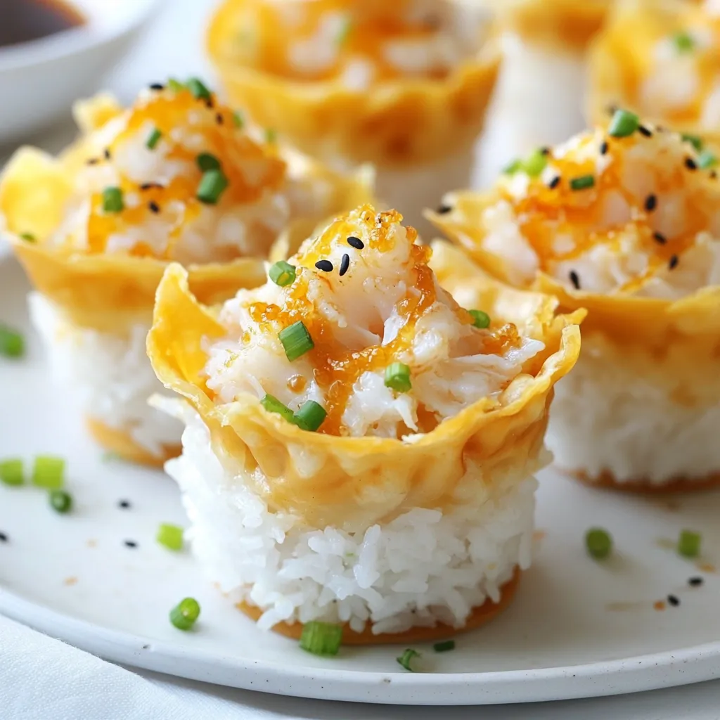 - 1 cup sushi rice - 1 1/4 cups water - 4 oz cream cheese, softened - 1/2 cup imitation crab meat, shredded - 2 green onions, finely chopped - 1/2 teaspoon garlic powder - 1/2 teaspoon soy sauce - 1 tablespoon sesame oil - 12 wonton wrappers - Olive oil spray (or any cooking spray) - Soy sauce and sweet chili sauce, for dipping You can swap imitation crab for real crab if you prefer. For a lighter option, use low-fat cream cheese. If you're out of sesame oil, olive oil works well too. Green onions can be replaced with chives for a milder flavor. Sushi rice is sticky and holds the cups together. It creates a great base for the filling. Cream cheese adds a rich, creamy texture. Imitation crab gives that classic seafood taste without the high cost. Green onions add a fresh crunch and bright flavor. Garlic powder boosts the overall taste, while soy sauce adds saltiness and umami. Sesame oil brings a nutty aroma that enhances the dish. These ingredients work together to make these sushi cups a true delight! {{ingredient_image_1}} Start by rinsing the sushi rice. Use cold water until it runs clear. This helps remove excess starch. Next, place the rinsed rice in a pot with 1 1/4 cups of water. Bring it to a boil. Once boiling, cover the pot and lower the heat. Let it simmer for 18 to 20 minutes. When the water is absorbed, take it off the heat. Let it sit for 10 minutes. Finally, fluff the rice with a fork to make it light and airy. Grab a medium mixing bowl. Add 4 ounces of softened cream cheese. Then, include 1/2 cup of shredded imitation crab meat. Next, add 2 finely chopped green onions. Sprinkle in 1/2 teaspoon of garlic powder. Pour in 1/2 teaspoon of soy sauce and 1 tablespoon of sesame oil. Mix everything well until it is fully combined. This filling will be rich and creamy. First, preheat your oven to 375°F (190°C). Then, lightly spray a muffin tin with olive oil spray. Take a wonton wrapper and fit it into a muffin cup. Press it gently against the sides. Repeat this with all the wrappers. Next, take a small amount of your sushi rice. Press it gently into the bottom of each wonton cup. This creates a solid base. Now, spoon the crab filling into each cup. Press down gently to secure it. Finally, bake in the preheated oven for 12 to 15 minutes. The wonton edges should be golden and crispy. Enjoy the delightful aroma filling your kitchen! To make great sushi rice, start with rinsing it well. Rinse the rice until the water runs clear. This step removes excess starch and helps the rice cook better. Use a pot to cook the rice. Combine one cup of sushi rice with 1 1/4 cups water. Bring it to a boil, then cover and lower the heat. Let it simmer for 18-20 minutes. After cooking, let it sit for 10 minutes. Fluff it with a fork for the best texture and taste. Filling wonton cups takes a bit of care but is easy. First, use a muffin tin and spray it lightly with olive oil. Take a wonton wrapper and press it gently into each muffin cup. This forms a small bowl. For the rice layer, use a small amount of sushi rice. Press it into the bottom of each wonton cup. This gives a solid base for the crab filling. Next, spoon the crab mixture into each cup. Press it gently to make sure it stays put. For crispy wonton cups, baking is key. Preheat your oven to 375°F (190°C) before you bake. Bake the cups for about 12-15 minutes. Watch them closely until the edges turn golden brown. This is when they get that perfect crunch. Let them cool slightly before serving. This helps keep them crispy and tasty. Pro Tips Soften Cream Cheese: Ensure your cream cheese is at room temperature for easy mixing and a smooth filling. Perfect Wonton Wrappers: Use a light touch when pressing the wonton wrappers into the muffin tin to avoid tearing. Watch the Baking Time: Keep an eye on the cups while baking; they can go from golden to burnt quickly. Garnish for Flavor: Top with additional green onions or sesame seeds just before serving for extra flavor and visual appeal. {{image_2}} You can switch up the filling in these sushi cups. Instead of imitation crab, try cooked shrimp or chicken. You can also use tofu for a tasty twist. Mix in some diced bell peppers or jalapeños for a spicy kick. This adds flavor and texture to your dish. For a vegan choice, use plant-based cream cheese. Replace the crab with shredded vegetables or cooked lentils. You can add avocado or cucumber for freshness. This way, you keep the crunch and flavor without using animal products. Everyone can enjoy these sushi cups! These sushi cups can be served in many ways! Instead of baking, try frying them for a crispy outer layer. You can also serve them cold as a refreshing appetizer. Drizzle some soy sauce or sweet chili sauce on top for extra flavor. Get creative with how you present these tasty bites! After you enjoy your Crab Rangoon Sushi Cups, store any leftovers properly. Let them cool to room temperature. Place them in an airtight container. This helps keep them fresh. Store the container in the fridge. They stay good for up to three days. Always recheck for any signs of spoilage before eating. To reheat your sushi cups, preheat the oven to 350°F (175°C). Place the cups on a baking sheet. Heat for about 10 minutes. This warms them without making them soggy. You can also use a microwave, but the oven gives a better texture. If using the microwave, heat on medium power for 30 seconds. Check if they are warm enough. You can freeze Crab Rangoon Sushi Cups for later. To do this, let them cool completely. Place them on a baking sheet in a single layer. Freeze them for about one hour. Once frozen, transfer them to a freezer-safe bag. They can last up to three months in the freezer. When ready to eat, thaw them in the fridge overnight. Reheat as described above for best results. Yes, you can make Crab Rangoon Sushi Cups in advance. You can prepare the wonton cups and the crab filling ahead of time. Store the filling in the fridge for up to two days. You can also assemble the cups fully and keep them in the fridge. Just bake them when you are ready to serve. This way, you save time on busy days. If you want to swap out imitation crab meat, there are great options. You can use real crab meat for a richer flavor. Cooked shrimp or even diced chicken work well too. For a vegetarian option, try using marinated tofu or mushrooms. Each choice gives a different taste but keeps the cups tasty. To get the best crisp on wonton cups, follow these tips. First, preheat your oven to 375°F (190°C) before baking. Lightly spray each wonton wrapper with olive oil spray. This helps them crisp up nicely. Bake them until the edges are golden brown, usually about 12-15 minutes. Keep an eye on them to avoid burning. For extra crunch, let them cool for a few minutes after baking. Enjoy the perfect crisp texture! This blog post covered all you need for Crab Rangoon Sushi Cups. We explored the ingredient list, possible substitutions, and the breakdown of key ingredients. I shared easy steps for cooking the rice, preparing the crab filling, and assembling your cups. You learned tips to perfect your rice and get crispy wonton cups. We wrapped up with storage advice and answers to common questions. Enjoy making these tasty treats! They are fun to prepare and sure to impress.