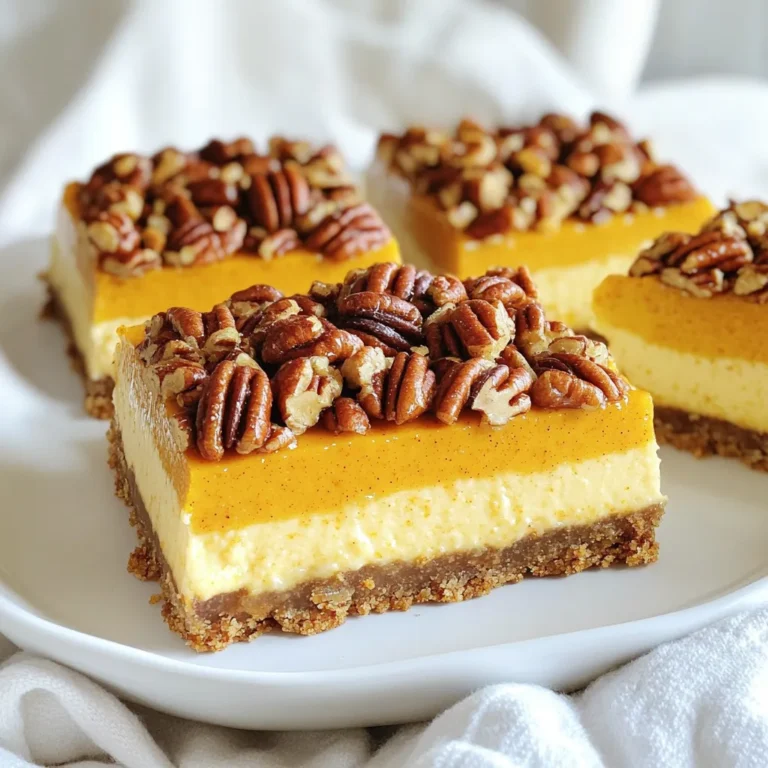 - 1 ½ cups graham cracker crumbs - ⅓ cup granulated sugar - ½ cup unsalted butter, melted To start, the crust is simple. I love using graham cracker crumbs because they give a great crunch. The sugar adds a touch of sweetness. Melted butter helps bind everything together. Mix these three well in a bowl. - 16 oz cream cheese, softened - ½ cup granulated sugar - 2 large eggs - 1 teaspoon vanilla extract - 1 cup pumpkin puree - 1 teaspoon cinnamon - ½ teaspoon nutmeg - ¼ teaspoon allspice The cheesecake layer is where the magic happens. Cream cheese makes it creamy and rich. Sugar adds sweetness, and eggs help it set. Vanilla extract gives flavor, while pumpkin puree brings that autumn taste. The spices—cinnamon, nutmeg, and allspice—add warmth and depth. - 1 cup pecans, chopped - ½ cup brown sugar - ¼ cup corn syrup - 2 tablespoons unsalted butter, melted - Pinch of salt The pecan topping is the cherry on top. Chopped pecans provide crunch. Brown sugar adds a deep sweetness. Corn syrup helps everything stick together. Melted butter gives it richness, while a pinch of salt balances the flavors. Start by preheating your oven to 350°F (175°C). In a medium bowl, mix 1 ½ cups of graham cracker crumbs, ⅓ cup of granulated sugar, and ½ cup of melted unsalted butter. Stir until all ingredients blend well. Next, press this mixture firmly into the bottom of a greased 9x9 inch square baking pan. This forms a solid base for your bars. Bake the crust for 10 minutes, then let it cool completely before adding the cheesecake layer. In a large mixing bowl, take 16 oz of softened cream cheese. Use an electric mixer to beat it until smooth. Gradually add ½ cup of granulated sugar, mixing until well combined. Then, crack in 2 large eggs, adding them one at a time. Mix well after each egg. Next, stir in 1 teaspoon of vanilla extract, 1 cup of pumpkin puree, 1 teaspoon of cinnamon, ½ teaspoon of nutmeg, and ¼ teaspoon of allspice. Mix until the batter is smooth and even. This layer adds rich flavor and creaminess to your bars. Pour the cheesecake mixture over the cooled graham cracker crust. Spread it evenly for a nice look and taste. Place the baking pan in your preheated oven. Bake for 25-30 minutes. The center should be set but still slightly jiggly. Once done, remove the cheesecake from the oven and let it cool while you make the pecan topping. This cooling step is key to getting the layers right and avoiding a soggy crust. To get a smooth cheesecake layer, start with softened cream cheese. Cold cream cheese can leave lumps in your mix. Use an electric mixer to beat the cream cheese until it is creamy. Add sugar gradually to help it blend better. Mix in eggs one at a time. This keeps your cheesecake light and fluffy. Stir the pumpkin puree and spices in last. This order helps create a smooth texture. For a great pecan topping, chop the pecans evenly. This helps them spread well over the cheesecake. Mix the chopped pecans with brown sugar, corn syrup, and melted butter. Make sure the pecans are well coated. A pinch of salt adds depth to the flavor. Bake until the topping is bubbly and golden brown. This ensures a crunchy, sweet finish. Serve these bars chilled for the best taste. Cut them into squares for easy serving. They pair well with whipped cream or vanilla ice cream. A drizzle of caramel sauce on top adds a nice touch. For a fun twist, sprinkle cinnamon on top before serving. This makes a lovely dessert for gatherings or holidays. {{image_2}} You can change the pecans for other nuts. Walnuts or almonds add a great crunch. Both nuts pair well with pumpkin and spice flavors. Try a mix of nuts for a fun twist. Chopped hazelnuts also work nicely. Just remember to adjust the topping amount based on your choice of nuts. To make these bars gluten-free, use gluten-free graham cracker crumbs. Many brands offer tasty options that work well. You can also make your own by grinding gluten-free cookies. For the filling, ensure your cream cheese and sugar are gluten-free. This way, everyone can enjoy this delicious dessert. Want to boost the flavor? Add more spices like ginger or cloves. A bit of ground ginger brings a warm kick. You can also try a dash of cayenne for a spicy surprise. Mix and match spices to find your favorite blend. This will make your bars even more special and unique. Store your Pumpkin Pecan Pie Cheesecake Bars in the fridge. Use an airtight container to keep them fresh. They can last up to five days. Make sure they are fully cooled before storing. If you cover them tightly, they won’t dry out. You can freeze these cheesecake bars for longer storage. Wrap each bar in plastic wrap. Then, put them in a freezer bag or airtight container. They can stay good for up to three months. When you’re ready to eat, take them out and let them thaw in the fridge. This keeps the texture nice. To serve, it’s best to eat them cold. You can also warm them slightly. To reheat, use the microwave for about 10-15 seconds. This gives a soft texture without cooking them again. Serve with whipped cream or a drizzle of caramel for an extra treat! Yes, you can use pumpkin pie filling. It has spices and sweeteners added. This can save time, but it may change the flavor a bit. If you do use it, skip the spices in the recipe. I prefer using pure pumpkin puree for a fresher taste. Check the center of the cheesecake. It should be set but still jiggle slightly. If the edges are firm and the center wobbles, it is done. Avoid overbaking as it can crack and dry out. Trust your instincts and keep an eye on it. Yes, you can make these bars a day or two ahead. Just cool them down and refrigerate. This makes the flavors blend nicely. They are even better the next day! Just cut them into squares before serving. This blog post covered the basics of making Pumpkin Pecan Pie Cheesecake Bars. We discussed the key ingredients for the crust, cheesecake layer, and pecan topping. I shared step-by-step instructions for each part. You learned tips for a smooth cheesecake and perfect topping. We also explored fun variations, storage info, and answered common questions. In conclusion, with these tips, make delicious bars your family will love. Enjoy baking and sharing this treat!