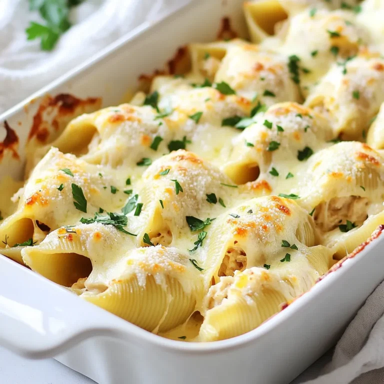 For Chicken Alfredo Stuffed Shells, gather these key items: - 20 jumbo pasta shells - 2 cups cooked chicken breast, shredded - 1 cup ricotta cheese - 1 cup grated Parmesan cheese - 2 cups shredded mozzarella cheese (divided) - 2 cups homemade or store-bought Alfredo sauce - 1 teaspoon garlic powder - 1 teaspoon Italian seasoning - Salt and pepper to taste - Fresh parsley, chopped (for garnish) You can switch out some ingredients if needed. Use cottage cheese instead of ricotta for a lighter filling. If you want a lower-fat option, try using low-fat mozzarella. For the chicken, rotisserie chicken works great and saves time. Use gluten-free pasta shells if you need a gluten-free meal. If you don’t have Alfredo sauce, a creamy mushroom sauce is a tasty choice. To make your dish pop, add fresh parsley on top. You could also sprinkle extra Parmesan cheese for a richer flavor. A drizzle of olive oil adds a nice touch too. For a bit of heat, consider adding red pepper flakes. These garnishes will enhance both the look and taste of your Chicken Alfredo Stuffed Shells. {{ingredient_image_1}} First, gather all your ingredients. You need jumbo pasta shells, cooked chicken, and cheeses. Don’t forget the Alfredo sauce! Preheat your oven to 375°F (190°C). This helps to get a nice, bubbly finish on your dish. Cook your pasta shells in salted water. Boil them for about nine minutes until they're al dente. Drain and rinse them under cold water. This stops them from cooking too much. 1. Cook the pasta: Boil a large pot of salted water. Add the jumbo pasta shells. Cook until al dente, around nine minutes. Drain them and rinse with cold water. 2. Prepare the filling: In a big bowl, mix shredded chicken, ricotta, half the Parmesan, and one cup of mozzarella. Add garlic powder, Italian seasoning, salt, and pepper. Mix until everything is well combined. 3. Stuff the shells: Grab each cooked shell. Fill it with about two tablespoons of the chicken mix. Place the stuffed shells open side up in a greased 9x13 inch baking dish. 4. Add the sauce: Pour your Alfredo sauce evenly over the stuffed shells. Make sure they are fully covered. Sprinkle the rest of the mozzarella and Parmesan on top. 5. Bake the dish: Cover the dish with foil. Bake for 20 minutes. Remove the foil and bake for 10 more minutes. You want the cheese to be bubbly and golden brown. 6. Garnish and serve: Take the dish out of the oven and let it cool for a few minutes. Sprinkle fresh chopped parsley on top before serving. Stuffing the shells takes a bit of practice. Use a spoon or a small scoop to fill them. Make sure to pack the filling in gently but firmly. Don’t overfill; the stuffing should fit without spilling out. If you find it hard, try using a piping bag. This makes it easier to fill each shell evenly. When cooking pasta, always use a large pot. Fill it with plenty of water and add salt. This helps the pasta taste better. Cook the jumbo shells until they are al dente, about nine minutes. This means they should still be firm when you bite them. After cooking, drain the shells and rinse them under cold water. This stops the cooking process and keeps them from sticking together. To boost the flavor in your filling, season it well. Use garlic powder and Italian seasoning for a rich taste. Don't forget to add salt and pepper to suit your taste. Mix the cooked chicken, ricotta, and cheeses thoroughly. This ensures every bite is full of flavor. You can also add chopped spinach or sun-dried tomatoes for extra flavor and nutrition. Presentation makes your dish more appealing. After baking, let the shells cool for a few minutes. This helps the cheese set a bit. Then, sprinkle fresh chopped parsley on top for color. Arrange the shells neatly on a plate, and pour Alfredo sauce around them. Use a large spoon to scoop out the shells, keeping them intact. This adds a nice touch when serving. Pro Tips Use Fresh Ingredients: For the best flavor, use fresh herbs and high-quality cheeses. Fresh parsley can elevate the dish significantly. Customize the Filling: Feel free to add vegetables like spinach or mushrooms to the chicken filling for added nutrition and flavor. Make Ahead: You can prepare the stuffed shells in advance and store them in the refrigerator, covered, for up to 24 hours before baking. Extra Creamy Sauce: If you prefer a creamier dish, mix in a bit of cream or sour cream into the Alfredo sauce before pouring it over the shells. {{image_2}} You can make Chicken Alfredo Stuffed Shells vegetarian. Swap the chicken for sautéed spinach, mushrooms, or zucchini. You can also add chopped bell peppers for crunch. Use the same filling recipe but replace the chicken with your veggies. The ricotta and Alfredo sauce keep it creamy and tasty. This change creates a hearty meal without meat. While Alfredo sauce is rich and creamy, you can try other sauces too. A marinara sauce brings a fresh tomato flavor. You can also use a pesto sauce for a herby twist. Both choices will change the taste but still work well with the shells. Try a cheese sauce for extra creaminess. Each sauce gives a unique flavor, so feel free to experiment. If you want to change the protein in your stuffed shells, there are many options. Shredded rotisserie chicken works perfectly and saves time. You can also use ground turkey or beef for a heartier touch. For a seafood option, consider shrimp or crab meat. Each protein will give a different taste and texture, so pick what you like best. To store your Chicken Alfredo Stuffed Shells, first, let them cool down. Once cool, transfer the shells to an airtight container. This keeps them fresh and prevents drying out. You can store them in the fridge for up to three days. If you want to keep them longer, freezing is a great option. Reheating the stuffed shells is simple. You can use the oven or the microwave. For the oven, preheat it to 350°F (175°C). Place the shells in a baking dish with a splash of Alfredo sauce to keep them moist. Cover with foil and heat for about 20 minutes. For the microwave, place a shell on a plate and cover with a damp paper towel. Heat for about 1-2 minutes, checking often. To freeze, make sure the Chicken Alfredo Stuffed Shells are fully cooked and cooled. Arrange them in a single layer on a baking sheet. Once frozen, transfer them to a freezer-safe container or bag. You can freeze them for up to three months. When ready to eat, thaw them in the fridge overnight before reheating. Yes, you can make Chicken Alfredo stuffed shells ahead of time. Prepare the shells and fill them. Instead of baking, cover the dish and store it in the fridge. You can keep it for up to two days. When you're ready to eat, bake it straight from the fridge. Just add a few extra minutes to the bake time. Many sides pair well with these stuffed shells. Here are some options: - A fresh garden salad - Garlic bread or breadsticks - Steamed vegetables like broccoli or green beans - A light tomato soup These sides balance the creamy taste of the stuffed shells and add color to your plate. Absolutely! Using store-bought Alfredo sauce saves time. Just look for a brand with simple ingredients. This way, you still get great flavor without the fuss. However, homemade Alfredo sauce often tastes richer. If you have time, I recommend trying to make your own. This blog post covered everything about making Chicken Alfredo Stuffed Shells. We explored ingredients, cooking steps, and helpful tips. You learned how to substitute ingredients and enhance the flavor of your filling. I shared methods for storing leftovers, reheating, and freezing your shells. Now, you can create a delicious meal with confidence. Remember, cooking is about fun and creativity. So, gather your ingredients and enjoy this tasty dish!
