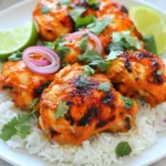 - 4 chicken thighs, bone-in and skinless - 1 cup plain yogurt - 2 tablespoons tandoori masala spice mix - 1 tablespoon lemon juice - 1 teaspoon garlic powder - 1 teaspoon ginger powder - Salt to taste - 2 cups basmati rice - 4 cups chicken broth - 1 tablespoon ghee or butter (optional) - Fresh cilantro, chopped - Sliced red onions - Lime wedges To make tandoori chicken over rice, you need fresh and tasty ingredients. Start with chicken thighs. They are juicy and cook well. Skinless thighs soak up the marinade. This helps them get flavor. For the marinade, use plain yogurt. It adds creaminess and helps tenderize the chicken. The tandoori masala spice mix gives it that unique taste. You can find this mix in stores or make your own. Add lemon juice for a tangy kick. Garlic and ginger powder add warmth. Don’t forget salt to tie it all together. Next, we move to the rice. Basmati rice is perfect for this dish. It cooks fluffy and is fragrant. You will also use chicken broth to add depth. If you want, you can add ghee or butter for richness. For garnishes, fresh cilantro is a must. It adds bright color and freshness. Sliced red onions give a nice crunch and flavor. Lime wedges are also great to squeeze on top. They add a zesty touch that brightens the whole dish. To start, gather your marinade ingredients. You will need: - 1 cup plain yogurt - 2 tablespoons tandoori masala spice mix - 1 tablespoon lemon juice - 1 teaspoon garlic powder - 1 teaspoon ginger powder - Salt to taste In a large bowl, mix together the yogurt, tandoori masala, lemon juice, garlic powder, ginger powder, and salt. This creates a rich, flavorful marinade. Now, take your 4 chicken thighs and place them in the bowl. Make sure each piece is coated well in the marinade. Cover the bowl and let it sit in the fridge for at least one hour. For best results, let it marinate overnight. This helps the chicken absorb all those tasty flavors. Next, it’s time to roast the chicken. Preheat your oven to 425°F (220°C). While the oven heats, prepare a baking sheet by lining it with parchment paper. Once ready, take the marinated chicken out of the fridge and place it on the sheet. Roast the chicken in the oven for about 25 to 30 minutes. Check that the chicken is cooked through and has a slight char. The internal temperature should reach 165°F (75°C) for safety. While your chicken is roasting, let’s cook the rice. First, rinse 2 cups of basmati rice under cold water until the water runs clear. This step removes the extra starch. Next, in a medium saucepan, bring 4 cups of chicken broth to a boil. Add the rinsed rice and a pinch of salt. Cover the pot and reduce the heat to low. Allow the rice to simmer for 15 to 18 minutes. When all the liquid is absorbed, remove it from the heat. Let it sit for 5 minutes, then fluff it with a fork. If you like, you can melt a tablespoon of ghee or butter and fold it into the rice for added flavor. Now you are ready to serve your delicious tandoori chicken over the fragrant rice! Marinating is key for flavor. I suggest marinating chicken for at least one hour. For the best taste, aim for overnight. This gives the spices time to soak in. Use yogurt to help tenderize the meat. The acids in yogurt break down proteins, making the chicken juicy. To achieve the perfect roast, preheat the oven to 425°F (220°C). This high heat gives a great char. Place the chicken on a lined baking sheet. Make sure to check the internal temperature. It should reach 165°F (75°C) for safe eating. For fluffy basmati rice, rinse it under cold water. This removes excess starch. Use chicken broth for added flavor. Bring it to a boil before adding the rice. Cover and reduce the heat to low. Let it simmer for 15-18 minutes. Afterward, fluff it with a fork for light and airy rice. For a beautiful presentation, serve the dish on a large platter. Arrange the chicken pieces on top of the rice. This makes it look inviting. Garnish with fresh cilantro and sliced red onions. Add lime wedges on the side for a pop of color. The lime juice enhances the dish’s flavor and adds brightness. {{image_2}} You can easily swap chicken for paneer or tofu. Both options soak up flavors well. For paneer, cut it into cubes and use the same marinade. For tofu, press it to remove excess water. Then, marinate it just like the chicken. You’ll get a tasty meal that everyone will love. For a different twist, try using a yogurt-based marinade with herbs. Mix yogurt, lemon juice, garlic, and spices. This mix gives a fresh taste. If you want lower fat, use Greek yogurt instead of regular yogurt. It adds creaminess without adding too many calories. Plus, it keeps the chicken tender and flavorful. Brown rice is another great swap. It has more fiber than white rice. This makes your meal healthier and more filling. Cook it the same way as basmati rice, but watch the time. It may take a bit longer to cook. You can enjoy tandoori chicken in wraps. Just take a soft flatbread and fill it with chicken, rice, and veggies. It’s a fun way to eat this dish. Another idea is to make a tandoori chicken salad. Use fresh greens, roasted chicken, and a drizzle of yogurt dressing. This gives you a light meal packed with flavor. To keep your tandoori chicken and rice fresh, store them in airtight containers. Place the chicken and rice in separate containers. This helps maintain their flavors and textures. In the fridge, they last up to 3 days. If you need to keep them longer, freeze them. Frozen chicken and rice stay good for about 2 months. For the best texture, reheat chicken in the oven. Set it to 350°F (175°C) and warm for 10-15 minutes. This keeps the chicken juicy. For rice, use the microwave. Add a splash of water and cover the bowl. Heat for 1-2 minutes, stirring halfway. This prevents the rice from drying out. To freeze marinated chicken, place it in a freezer-safe bag. Remove as much air as possible before sealing. This helps avoid freezer burn. For rice, cool it completely before freezing. Spread it in a single layer on a baking sheet. Once frozen, transfer it to a bag. This method makes it easy to portion out later. Tandoori chicken is a classic Indian dish. It comes from the northern part of India. The name "tandoori" refers to a clay oven called a tandoor. Cooks marinate the chicken in yogurt and spices. This method adds a lot of flavor. The chicken is then roasted in the tandoor, which gives it a smoky taste and crispy skin. You can also prepare it in a regular oven, like I do. The key is the tandoori masala, which has spices like cumin, coriander, and paprika. Yes, you can use skin-on chicken. Skin-on chicken can add more flavor and richness. The cooking time will be longer, so check it with a meat thermometer. Skin-on chicken may also get crispier. However, using skinless chicken keeps it lighter and healthier. It all depends on your taste and what you enjoy! To spice it up, add more tandoori masala to the marinade. You can also mix in cayenne pepper or chili powder. Another option is to add chopped fresh chilis. If you like garlic heat, consider using garlic paste instead of powder. For a unique kick, a dash of smoked paprika can enhance the smoky flavor. Tandoori chicken over rice is tasty with many sides. Naan bread is a popular choice; it’s perfect for scooping up the chicken. A fresh cucumber salad can add a cool crunch. Roasted vegetables or a simple yogurt sauce also pair well. You can even serve it with a mango chutney for a sweet contrast. Yes, you can adapt this dish for an Instant Pot. First, marinate the chicken as usual. Use the sauté function to brown the chicken for added flavor. Then, add the rice and chicken broth. Seal the lid and cook on high pressure for 10 minutes. Let it naturally release for 10 minutes before serving. This method keeps the chicken moist and flavorful while cooking the rice perfectly! The recipe for tandoori chicken with rice is simple and tasty. We started with a flavorful chicken marinade and learned steps for roasting chicken perfectly. Cooking fluffy basmati rice paired well with the chicken. I shared tips for both presentation and storing leftovers, plus variations for vegetarian options. In the end, this dish is rewarding and versatile. You can enjoy it in many ways. Experiment to find your favorite style, and share it with friends. Cooking can be fun, so dive in and make this meal your own!