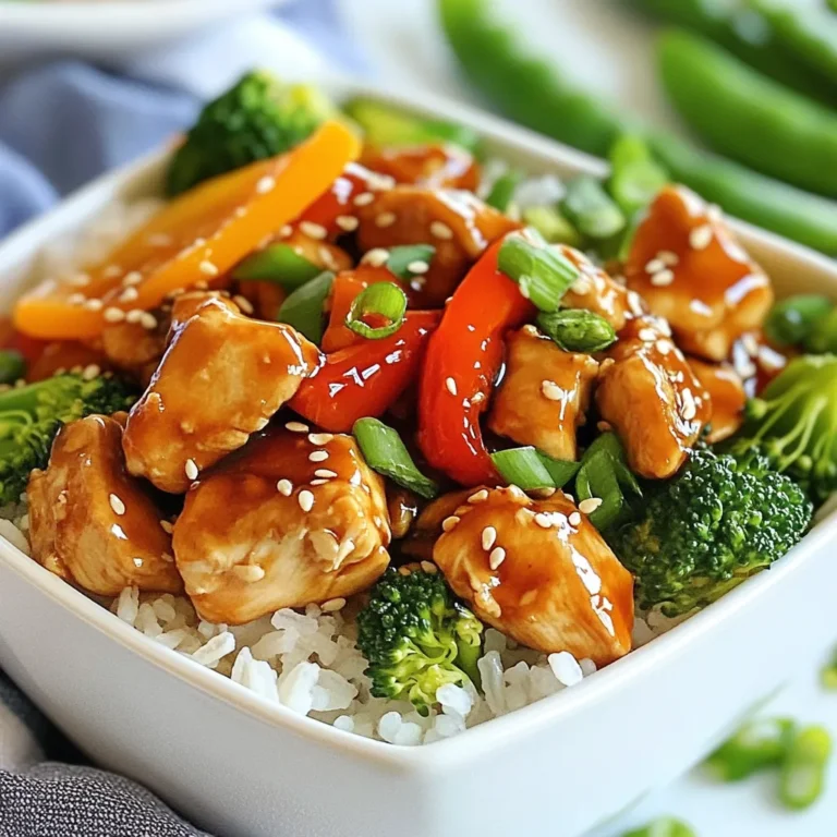 - 2 boneless, skinless chicken breasts, diced - 1 cup broccoli florets - 1 red bell pepper, sliced - 1 cup snap peas These main ingredients create a colorful and healthy base for your teriyaki chicken rice bowls. The diced chicken breasts provide protein and flavor, while the broccoli, red bell pepper, and snap peas add crunch and nutrition. I love using fresh vegetables for their vibrant colors and taste. - 4 tablespoons teriyaki sauce (store-bought or homemade) - 1 tablespoon sesame oil - 1 tablespoon fresh ginger, grated - 2 garlic cloves, minced For sauces and seasonings, teriyaki sauce is key. You can buy it or make your own. The sesame oil adds a rich taste. Fresh ginger and garlic bring a fresh kick. I always use fresh ingredients for the best flavor! - 1 tablespoon green onions, chopped (for garnish) - Sesame seeds (for garnish) The garnishes add the finishing touch to your bowls. Green onions bring a pop of color and a mild onion flavor. Sesame seeds add a nutty crunch. These small details make the dish look and taste amazing! {{ingredient_image_1}} - Combine Ingredients: In a large bowl, mix diced chicken, 2 tablespoons of teriyaki sauce, grated ginger, and minced garlic. This mix adds great flavor. - Marination Time: Let the chicken marinate for at least 20 minutes. This step helps the chicken soak up the flavors. - Heating the Skillet: Heat a large skillet or wok over medium-high heat. Add 1 tablespoon of sesame oil. This oil gives a nice flavor. - Cooking Time and Techniques: Add the marinated chicken to the skillet. Cook for 5-7 minutes. The chicken should be cooked through and lightly browned. - Adding Vegetables: Toss in the broccoli, red bell pepper, and snap peas. Stir them often to mix well with the chicken. - Cooking to Tender-Crisp: Cook the vegetables for 3-5 minutes. They should be tender but still a bit crisp. This keeps them bright and fresh. - Ideal Temperature and Cookware: Use medium-high heat for cooking. A non-stick skillet or wok works best. This helps cook chicken evenly and avoids sticking. - Additional Seasoning Suggestions: To boost flavor, add a splash of soy sauce or a hint of chili flakes. These add depth without overpowering the teriyaki taste. - Cooking Methods: You can grill the chicken for a smoky flavor. Broiling is also great for a quick, crispy finish. - Bowl Assembly Tips: Start with a scoop of jasmine rice at the bottom. Then layer the chicken and veggies on top. This creates a colorful and inviting bowl. - Garnishing Ideas: Sprinkle sesame seeds and chopped green onions for a pop of color. You can also add a slice of lime on the side for a fresh touch. Pro Tips Marinate for Maximum Flavor: Allow the chicken to marinate for at least 20 minutes, but for even better flavor, consider marinating it for a few hours or overnight in the refrigerator. Use Fresh Vegetables: Always opt for fresh vegetables for the stir-fry to enhance the flavor and texture. You can also mix in other colorful vegetables like carrots or bell peppers for added nutrition. Keep the Heat High: Stir-frying is best done on high heat to achieve that signature sear on the chicken and vegetables. This helps lock in moisture and creates a tasty texture. Garnish Generously: Don’t skimp on the garnishes! A sprinkle of sesame seeds and chopped green onions not only adds a pop of color but also enhances the dish's flavor profile. {{image_2}} You can switch the chicken for tofu or beef to mix things up. Tofu gives a nice texture and absorbs flavors well. Beef offers a rich taste, making your bowl hearty. If you like seafood, shrimp or salmon work great too. Shrimp cooks fast and adds a sweet flavor. Salmon is rich and pairs nicely with teriyaki sauce. Feel free to swap in any seasonal veggies you like. Carrots, mushrooms, or zucchini can add color and taste. Mix and match your favorites for fun stir-fry combinations. Just remember to cut them into equal sizes for even cooking. Want a twist on the classic? Try making a sweet and spicy teriyaki sauce. Just add some chili flakes or a splash of hot sauce. You can also whip up your own teriyaki sauce at home. Use soy sauce, honey, and rice vinegar for a simple, tasty mix. This way, you control the flavor and sweetness! To store leftovers, let the teriyaki chicken cool. Place it in an airtight container. This keeps the chicken fresh. Use glass or plastic containers with tight lids. You can store it in the fridge for up to three days. The best way to reheat is in the microwave. Place a bowl in the microwave and cover it. Heat for one to two minutes. Stir the food halfway through to warm it evenly. You can also use a skillet. Heat on low for a few minutes. This helps keep the chicken juicy. To freeze, use a freezer-safe container. Make sure it is airtight. You can freeze the chicken for up to three months. Label the container with the date. For thawing, place the frozen chicken in the fridge overnight. If you’re in a hurry, use the microwave's defrost setting. After thawing, reheat as described above. Teriyaki chicken is a popular dish from Japan. It features chicken cooked in a sweet and savory sauce. The sauce usually contains soy sauce, sugar, and mirin. This dish is known for its shiny glaze and rich flavor. When served, the chicken is often paired with rice and vegetables. Teriyaki chicken is not only tasty but also easy to make, making it a favorite for many. Yes, you can use brown rice instead of jasmine rice. Brown rice adds a nuttier flavor and more fiber. Cooking times may vary. Brown rice takes longer to cook than jasmine rice, so adjust accordingly. If you prefer a healthier option, brown rice is a great choice. Remember to rinse it well before cooking to remove excess starch. Teriyaki chicken rice bowls last about 3 to 4 days in the fridge. Store them in an airtight container. Make sure the dish cools down before sealing. This helps keep the rice and chicken fresh. When you’re ready to eat, reheat until warm. Check for quality before consuming leftovers. Yes, you can make teriyaki chicken rice bowls vegan. Substitute chicken with tofu, tempeh, or seitan. These options provide a similar texture. Use the same marinade for flavor. You can also add more vegetables like bell peppers, carrots, or mushrooms. With these changes, you’ll have a delicious vegan meal. This blog post covered key ingredients for a delicious teriyaki chicken dish. We explored the main components, including diced chicken, fresh veggies, and tasty sauces. I shared step-by-step cooking tips and ideas for easy meal variations. We also looked at storage methods to keep your meal fresh. In the end, making teriyaki chicken rice bowls is simple and fun. You can mix ingredients and adjust flavors to your taste. Enjoy cooking and experimenting with flavors in your kitchen!