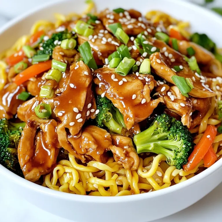 To make Chicken Teriyaki Noodles, you need a few key ingredients. Each one adds great flavor and texture. Here’s what you'll need: - 300g egg noodles - 2 chicken breasts, sliced thinly - 1 cup broccoli florets - 1 bell pepper, thinly sliced (any color) - 1 carrot, julienned - 3 green onions, chopped - 3 tablespoons sesame oil - 1/4 cup soy sauce - 2 tablespoons honey - 1 tablespoon rice vinegar - 1 tablespoon freshly grated ginger - 1 clove garlic, minced - 1 tablespoon cornstarch (optional for thickening) - Sesame seeds for garnish Each ingredient plays a role in creating the dish's rich taste and appealing look. Fresh vegetables like broccoli, bell pepper, and carrot add crunch. The chicken brings protein, while the egg noodles give a hearty base. The sauce, made from soy sauce, honey, and ginger, ties everything together with sweet and savory notes. You can find most of these items at your local grocery store. Fresh ingredients make the dish taste great, so always choose the best quality. If you want to switch things up, feel free to experiment with other vegetables or proteins. Happy cooking! {{ingredient_image_1}} - Bring a large pot of water to a boil. - Add the egg noodles and cook until al dente. Cooking noodles is easy. It helps to check the package for exact times. Once they are done, drain them and set aside. This step is key for the next steps. - Heat 3 tablespoons of sesame oil in a large skillet. - Add the thinly sliced chicken and stir-fry until golden brown. Cook the chicken for about 5-7 minutes. This gives it a nice sear. Remove the chicken from the skillet and set it aside. This keeps it juicy for later. - Add more sesame oil to the same skillet. - Stir-fry the broccoli, bell pepper, and carrot until they are tender-crisp. This should take about 4-5 minutes. You want them cooked, but still crunchy. This adds great texture to your dish. - In a bowl, whisk together soy sauce, honey, rice vinegar, ginger, and garlic. - Add cornstarch if you want a thicker sauce. This sauce is what makes the dish special. It brings all the flavors together. Adjust the sweetness to your taste by adding more honey. - Return the chicken to the skillet with the vegetables. - Pour the teriyaki sauce over everything and let it simmer. Simmer for 2-3 minutes. This helps the flavors mingle. Make sure everything is well-coated in that tasty sauce. - Add the cooked egg noodles to the skillet. - Toss everything together gently. This ensures the noodles soak up the sauce. Stir in the green onions at the end. They add a fresh touch. Finish by sprinkling sesame seeds for garnish. - Use fresh ingredients for better flavor: Fresh veggies and chicken make your dish pop. They add a bright taste and vibrant color. Always choose the best quality you can find. - Don't overcook vegetables: Keep your veggies crisp. Overcooked vegetables become mushy and lose their nutrients. Stir-fry them just until they are tender but still have a bite. - Adjust sweetness with more or less honey: If you like it sweeter, add more honey. For a less sweet sauce, cut back on the honey. This lets you customize the sauce to your taste. - Experiment with additional spices: Try adding chili flakes for heat or sesame seeds for crunch. You can also mix in garlic or onion powder for depth. - Best served hot: Serve your Chicken Teriyaki Noodles right off the stove. This keeps everything warm and tasty. No one wants cold noodles! - Pair with side dishes or appetizers: Serve with spring rolls or a simple salad. This adds variety and makes your meal more filling. Pro Tips Use Fresh Ingredients: Whenever possible, opt for fresh vegetables and herbs to enhance the flavor and nutritional value of your dish. Marinate the Chicken: For even more flavor, marinate the chicken in the teriyaki sauce for at least 30 minutes before cooking. Adjust Sauce Thickness: If you prefer a thicker sauce, mix the cornstarch with a little cold water before adding it to the sauce to prevent clumping. Garnish Generously: Don't skip the sesame seeds and green onions; they add a delightful crunch and fresh flavor to the final dish. {{image_2}} If you want a vegetarian dish, swap the chicken for tofu or tempeh. Tofu soaks up flavors well. Tempeh adds a nutty taste. Both options work great in this recipe. Cut the tofu or tempeh into small cubes. Sauté them just like the chicken until golden brown. This makes a healthy and tasty meal. For a gluten-free meal, use rice noodles instead of egg noodles. Rice noodles are light and chewy. Make sure to choose gluten-free soy sauce as well. This keeps the dish safe for those with gluten allergies. Cook the rice noodles according to the package. Mix them into the dish just like regular noodles. If you want more protein choices, try adding shrimp or beef. Shrimp cooks quickly and adds a sweet flavor. Just sauté the shrimp until pink before adding them to the mix. For beef, thinly slice flank steak or sirloin. Cook it until brown before mixing it into the dish. Both options add a fun twist to your Chicken Teriyaki Noodles. After you finish your Chicken Teriyaki Noodles, let them cool down first. This helps keep the taste fresh. Once cooled, place them in airtight containers. This will keep the noodles and chicken from drying out. When you want to eat the leftovers, you can use the stovetop or microwave. If you use the stovetop, heat on low to medium. If you use the microwave, heat in short bursts. Add a splash of water or extra teriyaki sauce to keep the noodles moist. This will help prevent them from drying out. You can enjoy your Chicken Teriyaki Noodles for about 3-4 days. But make sure to check for any strange smells or changes in texture before eating. Fresh food is always best! You can swap egg noodles for several options. Here are some good choices: - Rice noodles: These are gluten-free and cook quickly. - Udon noodles: Thick and chewy, they make a hearty base. - Zucchini noodles: Perfect for a lower-carb option. - Whole wheat noodles: For a healthier twist, use whole grain. Each of these options brings a unique taste and texture to the dish. To add some heat to your Chicken Teriyaki Noodles, try these tips: - Red pepper flakes: Sprinkle some into the sauce for instant heat. - Sriracha: Mix a spoonful into the teriyaki sauce for a spicy kick. - Chili oil: Drizzle a bit over the finished dish for depth of flavor. - Fresh jalapeños: Slice and toss them in with the vegetables for fresh heat. Adjust the spice level to suit your taste! Yes, you can prep this dish ahead of time. Here are some helpful tips: - Cook the chicken and veggies: These can be made the day before. - Store sauce separately: Keep the teriyaki sauce in a jar in the fridge. - Cook noodles fresh: Noodles taste best when made just before serving. When ready to eat, just heat everything together and add the noodles. Enjoy your easy meal! This post guided you through making Chicken Teriyaki Noodles. We covered key ingredients, cooking methods, and helpful tips. You learned how to create a tasty sauce and combine it all perfectly. Remember, you can tailor this dish to your taste by using different proteins or adjusting the sauce. Enjoy experimenting with options like tofu or shrimp. With careful storage, your leftovers can last a few days too. Dive into this simple recipe, and enjoy a homemade meal that’s both delicious and fun to make!