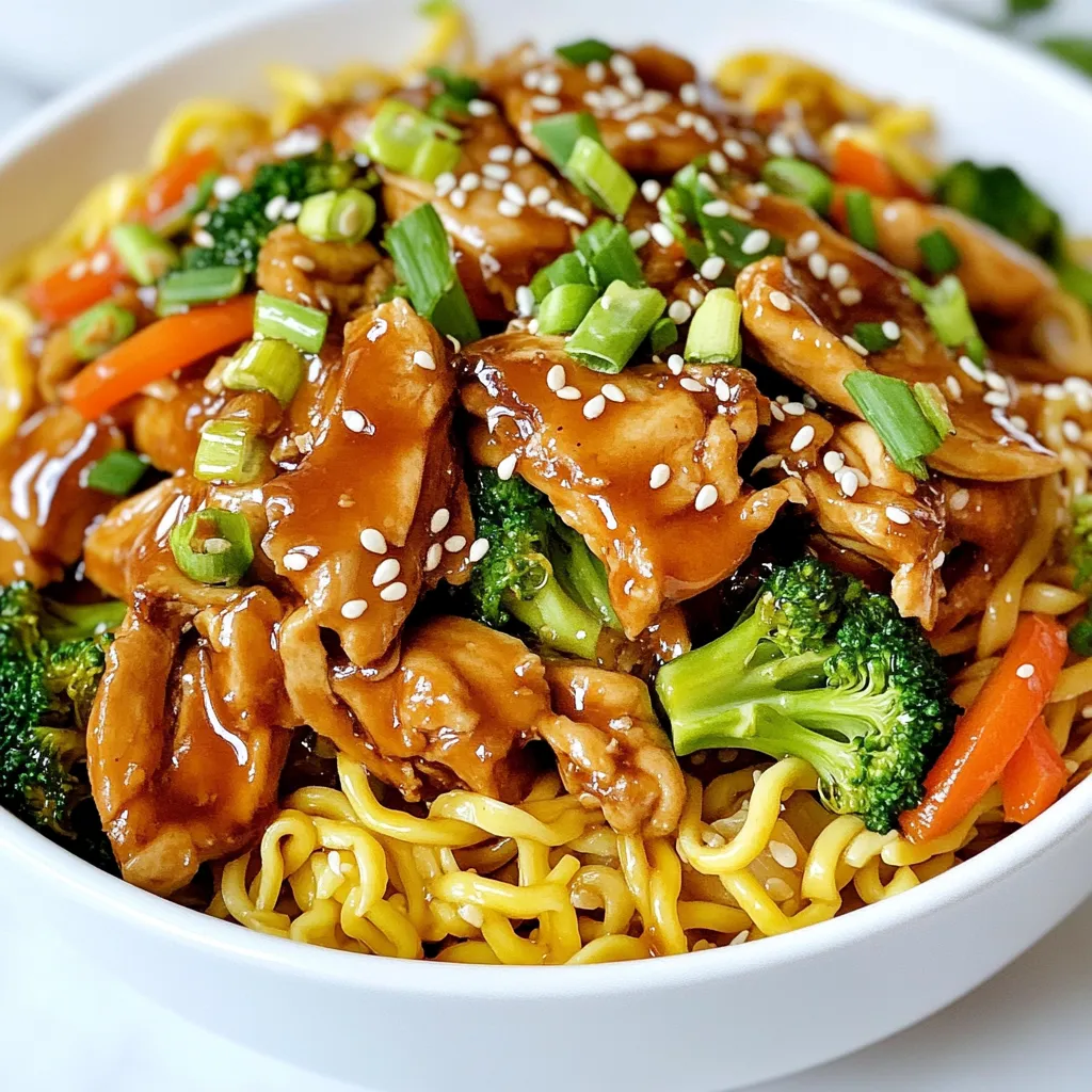 To make Chicken Teriyaki Noodles, you need a few key ingredients. Each one adds great flavor and texture. Here’s what you'll need: - 300g egg noodles - 2 chicken breasts, sliced thinly - 1 cup broccoli florets - 1 bell pepper, thinly sliced (any color) - 1 carrot, julienned - 3 green onions, chopped - 3 tablespoons sesame oil - 1/4 cup soy sauce - 2 tablespoons honey - 1 tablespoon rice vinegar - 1 tablespoon freshly grated ginger - 1 clove garlic, minced - 1 tablespoon cornstarch (optional for thickening) - Sesame seeds for garnish Each ingredient plays a role in creating the dish's rich taste and appealing look. Fresh vegetables like broccoli, bell pepper, and carrot add crunch. The chicken brings protein, while the egg noodles give a hearty base. The sauce, made from soy sauce, honey, and ginger, ties everything together with sweet and savory notes. You can find most of these items at your local grocery store. Fresh ingredients make the dish taste great, so always choose the best quality. If you want to switch things up, feel free to experiment with other vegetables or proteins. Happy cooking! {{ingredient_image_1}} - Bring a large pot of water to a boil. - Add the egg noodles and cook until al dente. Cooking noodles is easy. It helps to check the package for exact times. Once they are done, drain them and set aside. This step is key for the next steps. - Heat 3 tablespoons of sesame oil in a large skillet. - Add the thinly sliced chicken and stir-fry until golden brown. Cook the chicken for about 5-7 minutes. This gives it a nice sear. Remove the chicken from the skillet and set it aside. This keeps it juicy for later. - Add more sesame oil to the same skillet. - Stir-fry the broccoli, bell pepper, and carrot until they are tender-crisp. This should take about 4-5 minutes. You want them cooked, but still crunchy. This adds great texture to your dish. - In a bowl, whisk together soy sauce, honey, rice vinegar, ginger, and garlic. - Add cornstarch if you want a thicker sauce. This sauce is what makes the dish special. It brings all the flavors together. Adjust the sweetness to your taste by adding more honey. - Return the chicken to the skillet with the vegetables. - Pour the teriyaki sauce over everything and let it simmer. Simmer for 2-3 minutes. This helps the flavors mingle. Make sure everything is well-coated in that tasty sauce. - Add the cooked egg noodles to the skillet. - Toss everything together gently. This ensures the noodles soak up the sauce. Stir in the green onions at the end. They add a fresh touch. Finish by sprinkling sesame seeds for garnish. - Use fresh ingredients for better flavor: Fresh veggies and chicken make your dish pop. They add a bright taste and vibrant color. Always choose the best quality you can find. - Don't overcook vegetables: Keep your veggies crisp. Overcooked vegetables become mushy and lose their nutrients. Stir-fry them just until they are tender but still have a bite. - Adjust sweetness with more or less honey: If you like it sweeter, add more honey. For a less sweet sauce, cut back on the honey. This lets you customize the sauce to your taste. - Experiment with additional spices: Try adding chili flakes for heat or sesame seeds for crunch. You can also mix in garlic or onion powder for depth. - Best served hot: Serve your Chicken Teriyaki Noodles right off the stove. This keeps everything warm and tasty. No one wants cold noodles! - Pair with side dishes or appetizers: Serve with spring rolls or a simple salad. This adds variety and makes your meal more filling. Pro Tips Use Fresh Ingredients: Whenever possible, opt for fresh vegetables and herbs to enhance the flavor and nutritional value of your dish. Marinate the Chicken: For even more flavor, marinate the chicken in the teriyaki sauce for at least 30 minutes before cooking. Adjust Sauce Thickness: If you prefer a thicker sauce, mix the cornstarch with a little cold water before adding it to the sauce to prevent clumping. Garnish Generously: Don't skip the sesame seeds and green onions; they add a delightful crunch and fresh flavor to the final dish. {{image_2}} If you want a vegetarian dish, swap the chicken for tofu or tempeh. Tofu soaks up flavors well. Tempeh adds a nutty taste. Both options work great in this recipe. Cut the tofu or tempeh into small cubes. Sauté them just like the chicken until golden brown. This makes a healthy and tasty meal. For a gluten-free meal, use rice noodles instead of egg noodles. Rice noodles are light and chewy. Make sure to choose gluten-free soy sauce as well. This keeps the dish safe for those with gluten allergies. Cook the rice noodles according to the package. Mix them into the dish just like regular noodles. If you want more protein choices, try adding shrimp or beef. Shrimp cooks quickly and adds a sweet flavor. Just sauté the shrimp until pink before adding them to the mix. For beef, thinly slice flank steak or sirloin. Cook it until brown before mixing it into the dish. Both options add a fun twist to your Chicken Teriyaki Noodles. After you finish your Chicken Teriyaki Noodles, let them cool down first. This helps keep the taste fresh. Once cooled, place them in airtight containers. This will keep the noodles and chicken from drying out. When you want to eat the leftovers, you can use the stovetop or microwave. If you use the stovetop, heat on low to medium. If you use the microwave, heat in short bursts. Add a splash of water or extra teriyaki sauce to keep the noodles moist. This will help prevent them from drying out. You can enjoy your Chicken Teriyaki Noodles for about 3-4 days. But make sure to check for any strange smells or changes in texture before eating. Fresh food is always best! You can swap egg noodles for several options. Here are some good choices: - Rice noodles: These are gluten-free and cook quickly. - Udon noodles: Thick and chewy, they make a hearty base. - Zucchini noodles: Perfect for a lower-carb option. - Whole wheat noodles: For a healthier twist, use whole grain. Each of these options brings a unique taste and texture to the dish. To add some heat to your Chicken Teriyaki Noodles, try these tips: - Red pepper flakes: Sprinkle some into the sauce for instant heat. - Sriracha: Mix a spoonful into the teriyaki sauce for a spicy kick. - Chili oil: Drizzle a bit over the finished dish for depth of flavor. - Fresh jalapeños: Slice and toss them in with the vegetables for fresh heat. Adjust the spice level to suit your taste! Yes, you can prep this dish ahead of time. Here are some helpful tips: - Cook the chicken and veggies: These can be made the day before. - Store sauce separately: Keep the teriyaki sauce in a jar in the fridge. - Cook noodles fresh: Noodles taste best when made just before serving. When ready to eat, just heat everything together and add the noodles. Enjoy your easy meal! This post guided you through making Chicken Teriyaki Noodles. We covered key ingredients, cooking methods, and helpful tips. You learned how to create a tasty sauce and combine it all perfectly. Remember, you can tailor this dish to your taste by using different proteins or adjusting the sauce. Enjoy experimenting with options like tofu or shrimp. With careful storage, your leftovers can last a few days too. Dive into this simple recipe, and enjoy a homemade meal that’s both delicious and fun to make!