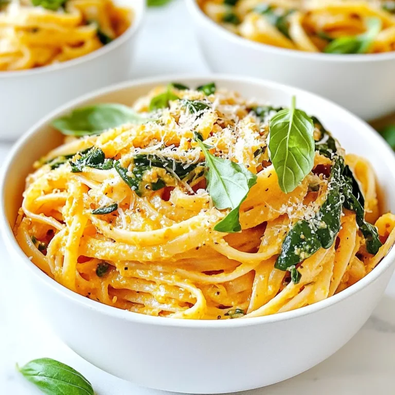 To make Vegan Marry Me Pasta, gather these key ingredients: - 12 oz whole wheat fettuccine - 1 tablespoon olive oil - 4 cloves garlic, minced - 1 medium onion, diced - 1 can (14 oz) crushed tomatoes - 1 can (14 oz) light coconut milk - 1 tablespoon Italian seasoning - 1 teaspoon red pepper flakes (or to taste) - Salt and black pepper to taste - 1 cup fresh spinach - ½ cup nutritional yeast - Fresh basil leaves for garnish These ingredients work together to create a creamy, flavorful dish. The whole wheat fettuccine adds great texture, while the coconut milk gives it a rich taste. If you have allergies or dietary needs, here are some easy swaps: - Pasta: Use gluten-free pasta if you're gluten-sensitive. - Coconut Milk: Substitute with almond or soy milk for a lighter option. - Nutritional Yeast: If you don't have this, use vegan cheese for a similar flavor. - Spinach: Kale or arugula can work well if you prefer different greens. These substitutions help keep the dish tasty while meeting your needs. Garnishing can take your dish to the next level. Here are some ideas: - Fresh basil leaves add color and flavor. - A sprinkle of extra nutritional yeast gives more cheesy notes. - Crushed red pepper adds heat for spice lovers. Feel free to mix and match these garnishes to suit your taste! {{ingredient_image_1}} First, bring a large pot of water to a boil. Add salt to the water; it helps flavor the pasta. Once the water is boiling, add 12 oz of whole wheat fettuccine. Cook it according to the package directions until it is al dente. This usually takes around 8 to 10 minutes. When it's ready, drain the pasta. Save about 1 cup of the pasta water for later use. This water helps to adjust the sauce's consistency. Next, take a large skillet and heat 1 tablespoon of olive oil over medium heat. Once the oil is hot, add 1 medium diced onion. Sauté the onion for about 3 to 4 minutes, or until it turns soft and clear. Then, stir in 4 minced garlic cloves. Cook this mixture for another 1 to 2 minutes. The garlic will smell great and add depth to your dish. Now, pour in 1 can of crushed tomatoes and 1 can of light coconut milk into the skillet. Stir them together, and bring the mix to a gentle simmer. This is where the magic happens! Add 1 tablespoon of Italian seasoning, 1 teaspoon of red pepper flakes, salt, and black pepper to taste. Let this sauce simmer for about 10 minutes. If it gets too thick, add some reserved pasta water until it reaches your desired thickness. After that, stir in 1 cup of fresh spinach. Cook for an additional 2 to 3 minutes until the spinach wilts. Finally, add the cooked fettuccine directly to the sauce. Toss everything well so the pasta is fully coated. Sprinkle in ½ cup of nutritional yeast for a cheesy taste. Mix until everything is combined. Adjust the seasoning if needed. Now you're ready to serve! Plate the pasta in wide bowls, and feel free to add fresh basil leaves on top for a nice touch. To get the sauce just right, start with the right amount of liquid. Use a can of crushed tomatoes and light coconut milk. Simmer them together to let the flavors blend. If your sauce is too thick, add a bit of the pasta water. This water has starch, which helps thicken the sauce without losing flavor. Stir it well until it’s smooth and creamy. You can boost flavor with easy additions. Try adding mushrooms for an earthy taste. Zucchini also works well and adds texture. For more spice, toss in some more red pepper flakes. You can even add a splash of lemon juice for brightness. Nutritional yeast gives a cheesy flavor without dairy. Feel free to adjust these to suit your taste. Make your dish look great to impress family and friends. Serve the pasta in wide, shallow bowls. Sprinkle more nutritional yeast on top for a cheesy look. A pinch of red pepper flakes adds color and kick. Finish with a sprig of fresh basil. This not only looks nice but adds a fresh flavor. You want your Vegan Marry Me Pasta to shine! Pro Tips Perfect Pasta Texture: To achieve the ideal al dente texture, cook the pasta just until a bite reveals a slight firmness in the center. This will ensure it holds up well when mixed with the sauce. Enhance the Sauce: For deeper flavor, allow the sauce to simmer longer than the recommended time. This helps the aromatics meld beautifully, creating a richer taste. Adjusting Consistency: If the sauce becomes too thick, gradually add reserved pasta water until you reach your desired consistency. This water is starchy and will help the sauce cling better to the pasta. Fresh Spinach Substitute: If fresh spinach is unavailable, feel free to use kale or Swiss chard. Just make sure to adjust the cooking time as these greens may require a bit longer to wilt. {{image_2}} If you need a gluten-free option, swap the whole wheat fettuccine for gluten-free pasta. Brands like brown rice or chickpea pasta work well. They add a nice texture and flavor. Just cook them according to the package instructions. This way, everyone can enjoy this dish! To boost protein, add tofu or chickpeas. For tofu, press it first to remove excess water. Then, cube it and sauté it in the skillet before adding garlic and onion. Chickpeas can be rinsed and added directly to the sauce. Both options make the dish filling and nutritious. Feel free to mix in different veggies. Mushrooms add a hearty texture. Slice them and sauté them with the onions. Bell peppers add sweetness and color. Just chop them and cook along with the garlic. Other great choices are zucchini or broccoli. They add flavor and nutrition, enhancing your meal. After you enjoy your Vegan Marry Me Pasta, store any leftovers in an airtight container. Make sure to let the pasta cool down before sealing it. This helps keep the pasta fresh. You can store it in the fridge for up to three days. If you need it to last longer, consider freezing it. When you are ready to eat your leftovers, reheat them gently. I recommend using a pan on low heat. Add a splash of water or vegetable broth to keep the pasta moist. Stir often to prevent burning. You can also use the microwave. Just cover the bowl with a lid or a damp paper towel. This keeps the pasta from drying out. To freeze the pasta, place it in a freezer-safe container. Make sure to leave some space for expansion. You can freeze it for up to three months. When you're ready to eat it, thaw it in the fridge overnight. If you're short on time, you can use the microwave on the defrost setting. Once thawed, reheat it as mentioned earlier for the best taste. Vegan Marry Me Pasta is a creamy, savory dish made with fettuccine. It features crushed tomatoes, coconut milk, and spices. This pasta is rich in flavor and hearty. The recipe is vegan, so it uses no animal products. It’s perfect for a cozy dinner or a special meal. Yes, you can make this recipe ahead of time. Cook the pasta and sauce separately. Store them in sealed containers. When you’re ready to eat, just reheat them. You may need to add a little pasta water to get the right texture again. This makes it easy to enjoy later. If you want a substitute for coconut milk, try cashew cream or almond milk. Both add a nice creaminess. You can also use soy milk with a bit of olive oil for richness. Adjust the seasoning, as some substitutes may change the flavor a bit. In this blog post, we explored how to make Vegan Marry Me Pasta. You learned about the key ingredients, cooking steps, and helpful tips. We discussed how to personalize the dish with variations and storage tips. This pasta is not just a meal, but a great way to enjoy plant-based food. With easy tweaks, you can make it suit your taste. Dive into vegan cooking, and you may find new favorites!