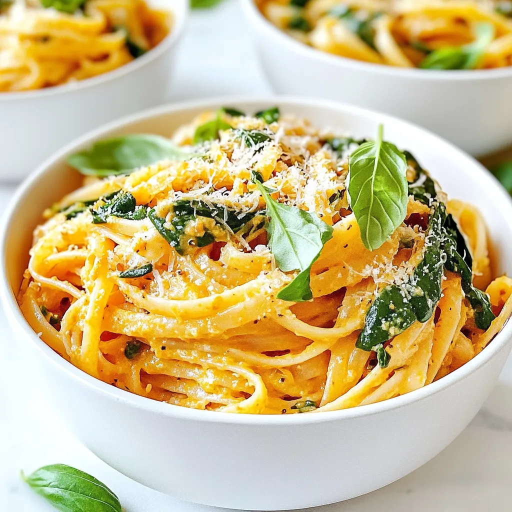 To make Vegan Marry Me Pasta, gather these key ingredients: - 12 oz whole wheat fettuccine - 1 tablespoon olive oil - 4 cloves garlic, minced - 1 medium onion, diced - 1 can (14 oz) crushed tomatoes - 1 can (14 oz) light coconut milk - 1 tablespoon Italian seasoning - 1 teaspoon red pepper flakes (or to taste) - Salt and black pepper to taste - 1 cup fresh spinach - ½ cup nutritional yeast - Fresh basil leaves for garnish These ingredients work together to create a creamy, flavorful dish. The whole wheat fettuccine adds great texture, while the coconut milk gives it a rich taste. If you have allergies or dietary needs, here are some easy swaps: - Pasta: Use gluten-free pasta if you're gluten-sensitive. - Coconut Milk: Substitute with almond or soy milk for a lighter option. - Nutritional Yeast: If you don't have this, use vegan cheese for a similar flavor. - Spinach: Kale or arugula can work well if you prefer different greens. These substitutions help keep the dish tasty while meeting your needs. Garnishing can take your dish to the next level. Here are some ideas: - Fresh basil leaves add color and flavor. - A sprinkle of extra nutritional yeast gives more cheesy notes. - Crushed red pepper adds heat for spice lovers. Feel free to mix and match these garnishes to suit your taste! {{ingredient_image_1}} First, bring a large pot of water to a boil. Add salt to the water; it helps flavor the pasta. Once the water is boiling, add 12 oz of whole wheat fettuccine. Cook it according to the package directions until it is al dente. This usually takes around 8 to 10 minutes. When it's ready, drain the pasta. Save about 1 cup of the pasta water for later use. This water helps to adjust the sauce's consistency. Next, take a large skillet and heat 1 tablespoon of olive oil over medium heat. Once the oil is hot, add 1 medium diced onion. Sauté the onion for about 3 to 4 minutes, or until it turns soft and clear. Then, stir in 4 minced garlic cloves. Cook this mixture for another 1 to 2 minutes. The garlic will smell great and add depth to your dish. Now, pour in 1 can of crushed tomatoes and 1 can of light coconut milk into the skillet. Stir them together, and bring the mix to a gentle simmer. This is where the magic happens! Add 1 tablespoon of Italian seasoning, 1 teaspoon of red pepper flakes, salt, and black pepper to taste. Let this sauce simmer for about 10 minutes. If it gets too thick, add some reserved pasta water until it reaches your desired thickness. After that, stir in 1 cup of fresh spinach. Cook for an additional 2 to 3 minutes until the spinach wilts. Finally, add the cooked fettuccine directly to the sauce. Toss everything well so the pasta is fully coated. Sprinkle in ½ cup of nutritional yeast for a cheesy taste. Mix until everything is combined. Adjust the seasoning if needed. Now you're ready to serve! Plate the pasta in wide bowls, and feel free to add fresh basil leaves on top for a nice touch. To get the sauce just right, start with the right amount of liquid. Use a can of crushed tomatoes and light coconut milk. Simmer them together to let the flavors blend. If your sauce is too thick, add a bit of the pasta water. This water has starch, which helps thicken the sauce without losing flavor. Stir it well until it’s smooth and creamy. You can boost flavor with easy additions. Try adding mushrooms for an earthy taste. Zucchini also works well and adds texture. For more spice, toss in some more red pepper flakes. You can even add a splash of lemon juice for brightness. Nutritional yeast gives a cheesy flavor without dairy. Feel free to adjust these to suit your taste. Make your dish look great to impress family and friends. Serve the pasta in wide, shallow bowls. Sprinkle more nutritional yeast on top for a cheesy look. A pinch of red pepper flakes adds color and kick. Finish with a sprig of fresh basil. This not only looks nice but adds a fresh flavor. You want your Vegan Marry Me Pasta to shine! Pro Tips Perfect Pasta Texture: To achieve the ideal al dente texture, cook the pasta just until a bite reveals a slight firmness in the center. This will ensure it holds up well when mixed with the sauce. Enhance the Sauce: For deeper flavor, allow the sauce to simmer longer than the recommended time. This helps the aromatics meld beautifully, creating a richer taste. Adjusting Consistency: If the sauce becomes too thick, gradually add reserved pasta water until you reach your desired consistency. This water is starchy and will help the sauce cling better to the pasta. Fresh Spinach Substitute: If fresh spinach is unavailable, feel free to use kale or Swiss chard. Just make sure to adjust the cooking time as these greens may require a bit longer to wilt. {{image_2}} If you need a gluten-free option, swap the whole wheat fettuccine for gluten-free pasta. Brands like brown rice or chickpea pasta work well. They add a nice texture and flavor. Just cook them according to the package instructions. This way, everyone can enjoy this dish! To boost protein, add tofu or chickpeas. For tofu, press it first to remove excess water. Then, cube it and sauté it in the skillet before adding garlic and onion. Chickpeas can be rinsed and added directly to the sauce. Both options make the dish filling and nutritious. Feel free to mix in different veggies. Mushrooms add a hearty texture. Slice them and sauté them with the onions. Bell peppers add sweetness and color. Just chop them and cook along with the garlic. Other great choices are zucchini or broccoli. They add flavor and nutrition, enhancing your meal. After you enjoy your Vegan Marry Me Pasta, store any leftovers in an airtight container. Make sure to let the pasta cool down before sealing it. This helps keep the pasta fresh. You can store it in the fridge for up to three days. If you need it to last longer, consider freezing it. When you are ready to eat your leftovers, reheat them gently. I recommend using a pan on low heat. Add a splash of water or vegetable broth to keep the pasta moist. Stir often to prevent burning. You can also use the microwave. Just cover the bowl with a lid or a damp paper towel. This keeps the pasta from drying out. To freeze the pasta, place it in a freezer-safe container. Make sure to leave some space for expansion. You can freeze it for up to three months. When you're ready to eat it, thaw it in the fridge overnight. If you're short on time, you can use the microwave on the defrost setting. Once thawed, reheat it as mentioned earlier for the best taste. Vegan Marry Me Pasta is a creamy, savory dish made with fettuccine. It features crushed tomatoes, coconut milk, and spices. This pasta is rich in flavor and hearty. The recipe is vegan, so it uses no animal products. It’s perfect for a cozy dinner or a special meal. Yes, you can make this recipe ahead of time. Cook the pasta and sauce separately. Store them in sealed containers. When you’re ready to eat, just reheat them. You may need to add a little pasta water to get the right texture again. This makes it easy to enjoy later. If you want a substitute for coconut milk, try cashew cream or almond milk. Both add a nice creaminess. You can also use soy milk with a bit of olive oil for richness. Adjust the seasoning, as some substitutes may change the flavor a bit. In this blog post, we explored how to make Vegan Marry Me Pasta. You learned about the key ingredients, cooking steps, and helpful tips. We discussed how to personalize the dish with variations and storage tips. This pasta is not just a meal, but a great way to enjoy plant-based food. With easy tweaks, you can make it suit your taste. Dive into vegan cooking, and you may find new favorites!