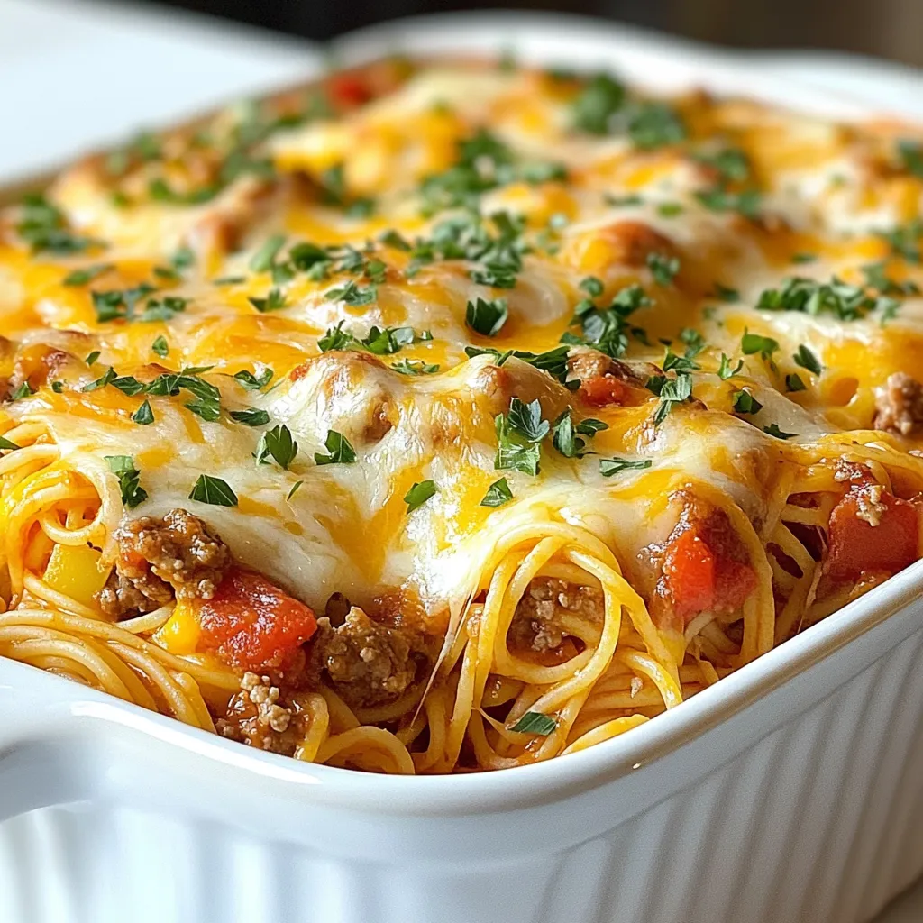 To make Southern Spaghetti Bake, you need these key ingredients: - 12 ounces spaghetti - 1 tablespoon olive oil - 1 onion, diced - 3 cloves garlic, minced - 1 bell pepper, diced - 1 pound ground turkey or beef - 1 can (14.5 ounces) diced tomatoes, drained - 1 can (15 ounces) tomato sauce - 1 tablespoon Italian seasoning - 1 teaspoon cayenne pepper (adjust for spice preference) - 1 teaspoon salt - 1/2 teaspoon black pepper - 1 cup shredded cheddar cheese - 1/2 cup cream cheese, softened - 1/2 cup sour cream - Fresh parsley, chopped (for garnish) You can easily swap ingredients based on your taste or what you have. For a leaner option, use ground turkey instead of beef. If you prefer a different cheese, try mozzarella or pepper jack for a kick. You can also add veggies like mushrooms or spinach for extra nutrition. Swap cayenne for a milder pepper if you like less heat. Choose fresh vegetables for the best flavor. Look for firm bell peppers and onions that feel heavy. When picking ground meat, select a fresh option without excess fat. For canned goods, check expiration dates. Select high-quality diced tomatoes and sauces for richer taste. Always go for full-fat cream cheese and sour cream for a creamy texture. Fresh parsley adds a bright touch, so grab some if you can. {{ingredient_image_1}} First, preheat your oven to 350°F (175°C). This step gets your oven ready for baking. While the oven warms up, cook 12 ounces of spaghetti. Follow the package instructions for the best result. Once cooked, drain the spaghetti and set it aside. You want it to be al dente, firm but tender. Next, we need to make the meat sauce. In a large skillet, heat 1 tablespoon of olive oil over medium heat. Once hot, add 1 diced onion, 1 diced bell pepper, and 3 minced garlic cloves. Sauté these ingredients until they become soft, about 5 minutes. This mixture gives the sauce a great base. Now, add 1 pound of ground turkey or beef to the skillet. Cook it until it turns brown, breaking it into small pieces. This step is key for even cooking. After the meat is browned, stir in 14.5 ounces of drained diced tomatoes, 15 ounces of tomato sauce, 1 tablespoon of Italian seasoning, 1 teaspoon of cayenne pepper, 1 teaspoon of salt, and 1/2 teaspoon of black pepper. Mix well, then let it simmer for 5-7 minutes. This will allow the flavors to blend beautifully. Now it's time to put everything together. In a large bowl, combine the cooked spaghetti, 1/2 cup of softened cream cheese, and 1/2 cup of sour cream. Mix until the spaghetti is well coated and creamy. In a large baking dish, start layering. First, place half of the spaghetti mixture on the bottom. Pour half of the meat sauce over it. Next, add half of the shredded cheddar cheese. Repeat this layering with the remaining spaghetti, meat sauce, and cheese. Cover the baking dish with aluminum foil and place it in your preheated oven. Bake for 25 minutes. After that, remove the foil and bake for another 10-15 minutes, or until the cheese is bubbly and golden. Once baked, let it cool for a few minutes. Garnish with fresh chopped parsley before serving. Enjoy your Southern spaghetti bake! To get perfect spaghetti, cook it until it is al dente. This means it should be firm but not hard. Follow the package instructions closely. Set a timer to avoid wandering off. Drain the spaghetti right after cooking to stop the cooking process. A splash of olive oil can help keep the noodles from sticking together. Cheese brings richness to your Southern spaghetti bake. I love using sharp cheddar for its bold taste. You can also mix in mozzarella for a gooey texture. If you're feeling adventurous, try pepper jack for a spicy kick. Remember, you can blend cheeses to create your own flavor profile. Experimenting is half the fun! Spice can change your dish. If you like it mild, use less cayenne pepper. Start with half a teaspoon and taste as you go. For heat lovers, add more cayenne or even crushed red pepper flakes. Fresh herbs like basil or oregano can boost flavor without heat. A little creativity makes your spaghetti bake truly yours! Pro Tips Cook Pasta Al Dente: Be sure to cook the spaghetti just until al dente, as it will continue to cook in the oven and absorb flavors from the sauce. Use Leftover Meat: This recipe is a great way to use leftover cooked meats. Just chop them up and add them to the sauce for a quick and delicious meal. Customize Your Cheese: Feel free to mix and match your favorite cheeses. Mozzarella or Monterey Jack can be great alternatives to cheddar. Spice Adjustment: Adjust the cayenne pepper according to your heat preference. Start with a smaller amount and taste before adding more. {{image_2}} You can make this dish vegetarian by swapping the meat. Use mushrooms or lentils instead of ground turkey or beef. Both options add great texture and flavor. For added protein, consider using chickpeas. You can also add diced zucchini or spinach for extra veggies. These choices keep the bake hearty and satisfying. If you need a gluten-free option, choose gluten-free pasta. There are many kinds available, such as rice or lentil pasta. You can also use spiralized vegetables like zucchini or squash. For the sauce, check canned products to ensure they are gluten-free. Always read labels carefully. This way, you can enjoy the bake without worry. Southern cooking has many unique flavors. You might add cooked sausage or bacon for a smoky taste. Some like to mix in a can of green chiles for a spicy kick. Others use southern-style vegetables like okra or collard greens. These twists add a personal touch and reflect your taste. Feel free to experiment with your favorite Southern ingredients. To keep your Southern Spaghetti Bake fresh, let it cool first. After cooling, place leftovers in an airtight container. Make sure to cover it tightly. This helps keep the flavors strong and prevents drying out. Store the container in the fridge. It will last for about 3 to 5 days. If you have a large batch, you can portion it out for easy meals. For the best taste, reheat in the oven. Preheat your oven to 350°F (175°C). Place the spaghetti bake in an oven-safe dish. Cover it with foil to keep it moist. Bake for about 20 minutes or until hot. If you're short on time, the microwave works too. Place a serving on a microwave-safe plate. Heat it for about 1 to 2 minutes. Check if it is warm throughout before eating. You can freeze Southern Spaghetti Bake for later. Prepare it as you would, but do not bake it. Instead, cover it tightly with plastic wrap and foil. Label it with the date. It can stay in the freezer for up to 3 months. When ready to eat, thaw it in the fridge overnight. Then, bake it at 350°F (175°C) for about 30 to 40 minutes, until heated through. This method keeps your meal tasty and ready to enjoy! Yes, you can make Southern Spaghetti Bake ahead. Prepare the dish up to the baking step. Cover it tightly and store it in the fridge for up to 24 hours. When ready to bake, let it sit at room temperature for about 30 minutes. Then, bake it as usual. This saves time and makes it easy for busy days. Southern Spaghetti Bake pairs well with many sides. Here are some great options: - Garlic bread for a classic touch - A fresh green salad for crunch - Roasted vegetables for healthy flavor - Steamed broccoli for a nutritious boost These sides enhance your meal and add variety. Yes, you can make this dish spicy! To do this, adjust the cayenne pepper in the recipe. Add more if you like heat. You can also add red pepper flakes or hot sauce to the meat sauce. This adds flavor and gives your dish a real kick! Southern Spaghetti Bake combines bold flavors and comforting ingredients. We covered everything from choosing the right meats and cheeses to cooking steps and helpful tips. You can make this dish in many ways, like gluten-free or vegetarian. Don’t forget to store leftovers properly for future meals. This bake is easy to adapt, so feel free to explore. I hope you enjoy making this dish as much as I enjoy sharing it. Your kitchen adventures await!