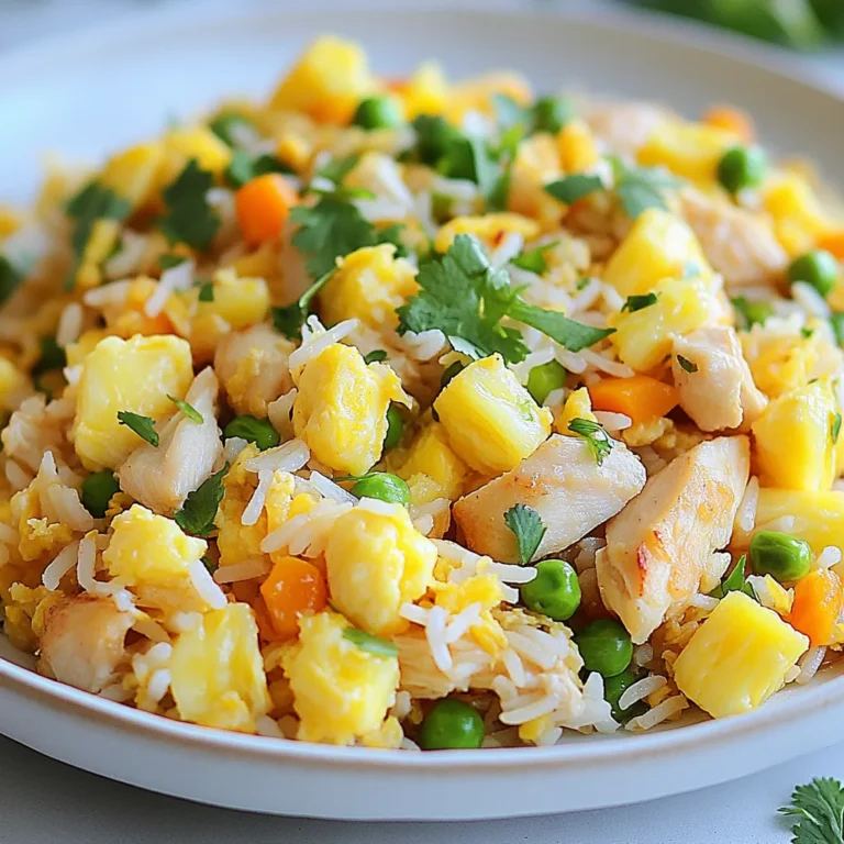 To make Pineapple Chicken Fried Rice, you will need: - 2 cups cooked jasmine rice (preferably day-old) - 1 cup cooked chicken breast, diced - 1 cup fresh pineapple, diced - 1/2 cup green peas (frozen or fresh) - 1/2 cup carrots, diced - 2 green onions, chopped - 3 cloves garlic, minced - 2 tablespoons soy sauce - 1 tablespoon sesame oil - 1 tablespoon olive oil - Salt and pepper to taste - 2 eggs, lightly beaten - Optional: Fresh cilantro for garnish You can easily swap some ingredients if needed. Here are some ideas: - Use brown rice instead of jasmine rice for a healthier option. - Swap chicken with tofu or shrimp for a different protein. - If you do not have fresh pineapple, try canned pineapple chunks, drained well. - For a vegetarian version, skip the chicken and add more veggies. - Use coconut aminos instead of soy sauce for a gluten-free option. High-quality ingredients make your dish shine. Here are tips to find them: - Choose fresh, ripe pineapples. Look for ones that smell sweet at the base. - Select chicken breast that is pink and looks fresh. Avoid any with a gray tint. - Buy jasmine rice from a trusted store; it should be aromatic and fluffy. - For vegetables, pick ones that are bright and firm. Fresh peas and carrots add great texture. - Organic options often taste better and are free from pesticides. Look for them at local markets. {{ingredient_image_1}} Start by gathering your ingredients. You need cooked jasmine rice, diced chicken, fresh pineapple, peas, carrots, green onions, garlic, soy sauce, sesame oil, olive oil, salt, pepper, and eggs. Having everything ready makes cooking smooth and fun. 1. Heat olive oil in a large skillet or wok over medium-high heat. 2. Add minced garlic and diced carrots. Sauté for 2 minutes until fragrant and tender. 3. Push garlic and carrots to one side of the pan. Pour in the beaten eggs. Scramble until fully cooked, then mix everything together. 4. Add diced chicken and cook for another 2 minutes until heated through. 5. Stir in the cooked jasmine rice. Break apart any clumps and mix with other ingredients. 6. Pour in soy sauce and sesame oil. Add green peas and diced pineapple. Stir well to combine and heat through for 3-4 minutes. 7. Season with salt and pepper to taste. Stir in chopped green onions for an extra burst of flavor. 8. Serve hot, garnished with fresh cilantro if desired. - Use day-old rice for the best texture; it helps prevent mushiness. - Make sure to keep the heat high when cooking; this gives a nice stir-fry effect. - Always taste your dish before serving. Adjust salt and pepper as needed. - If you want more flavor, add a splash of lime juice before serving. Using day-old rice makes a big difference. Fresh rice can be too sticky. This can lead to clumps in your fried rice. Day-old rice dries out a bit and separates easily. When using day-old rice, break it apart before adding it to the pan. This helps it cook evenly and gives great texture. Flavor is key in any dish. To make your pineapple chicken fried rice shine, add more than just salt and pepper. You can use low-sodium soy sauce for a nice saltiness. Sesame oil gives a nutty aroma. Try tossing in some ginger for warmth. Fresh herbs like cilantro add a bright note. These simple additions can turn a good meal into a great one. Avoiding mistakes helps create the best fried rice. One common error is overcrowding the pan. If your pan is too full, food will steam instead of fry. Make sure to cook in batches if needed. Another mistake is not cooking the eggs fully. Scrambled eggs should be soft but cooked through. Lastly, don't forget to taste as you go! Adjust flavors as needed for a perfect dish. Pro Tips Use Day-Old Rice: Using rice that has been cooked and refrigerated the day before helps prevent clumping and gives you that perfect fried rice texture. Customize Veggies: Feel free to mix in other vegetables such as bell peppers or snap peas for added color and nutrients. Adjust the Sauce: Taste your fried rice before serving and adjust the soy sauce and sesame oil to suit your preference for saltiness and flavor. Garnish for Freshness: Adding fresh herbs like cilantro or basil just before serving enhances the dish with a burst of freshness. {{image_2}} You can make this dish without meat. Swap out the chicken for tofu. Firm tofu works best. You can also use tempeh for a nutty flavor. Use the same cooking steps as with chicken. For added protein, include chickpeas or edamame. They blend well with the fried rice. Replace the eggs with a vegan egg substitute. This keeps the dish plant-based and tasty. If you want something different than chicken, try shrimp or pork. Both add a unique twist. For shrimp, cook them until they turn pink and tender. For pork, use diced tenderloin or belly. Just remember to adjust cooking times. If you like beef, diced steak can also work well. Choose your favorite protein to make this meal your own. To boost the flavors, add some spices. A pinch of ginger gives a warm kick. You can also try adding bell peppers for crunch. A squeeze of lime juice brightens the dish. Fresh herbs like basil or mint can add freshness. For heat, toss in some red pepper flakes. Each of these additions can turn your fried rice into a new creation. To keep your pineapple chicken fried rice fresh, place it in an airtight container. Make sure the rice cools down to room temperature before sealing it. Store it in the fridge for up to three days. This method keeps the flavors intact and prevents spoilage. Reheating is simple. You can use a microwave or a skillet. If using a microwave, put your rice in a bowl and cover it. Heat it for about one to two minutes. Stir halfway to heat evenly. If using a skillet, add a splash of water and heat over low heat. Stir until warmed through. Freezing is a great way to save extra fried rice. Divide the rice into portions and place them in freezer-safe bags. Remove as much air as possible before sealing. Label the bags with the date. You can freeze it for up to three months. When ready to eat, thaw it in the fridge overnight and reheat. The best rice for fried rice is jasmine rice. It has a nice aroma and fluffy texture. Day-old rice works best because it dries out a bit. This helps the rice fry better. If you don’t have jasmine rice, you can use long-grain rice. Just make sure it’s cooked and cooled before frying. Yes, you can make this dish ahead of time. Prepare the fried rice, then cool it down quickly. Place it in an airtight container and store it in the fridge. It will stay fresh for about three days. When you’re ready to eat, just reheat it in a skillet. Add a bit of water to keep it moist. To make your pineapple chicken fried rice spicier, add chili sauce. Sriracha or sambal oelek work well. You can also add chopped fresh chili peppers. Toss them in with the garlic and carrots for extra heat. Adjust the amount to fit your taste. Enjoy the kick! This blog post covers all basics of making great fried rice. We explored ingredients, gave tips for perfect prep, and provided handy tricks. You learned about variations, from vegetarian options to protein swaps. Proper storage and reheating will keep it fresh and tasty. Enjoy ready-to-use FAQs that solve common questions. Now, you’re equipped to make your own delicious fried rice. Let your creativity shine in the kitchen!