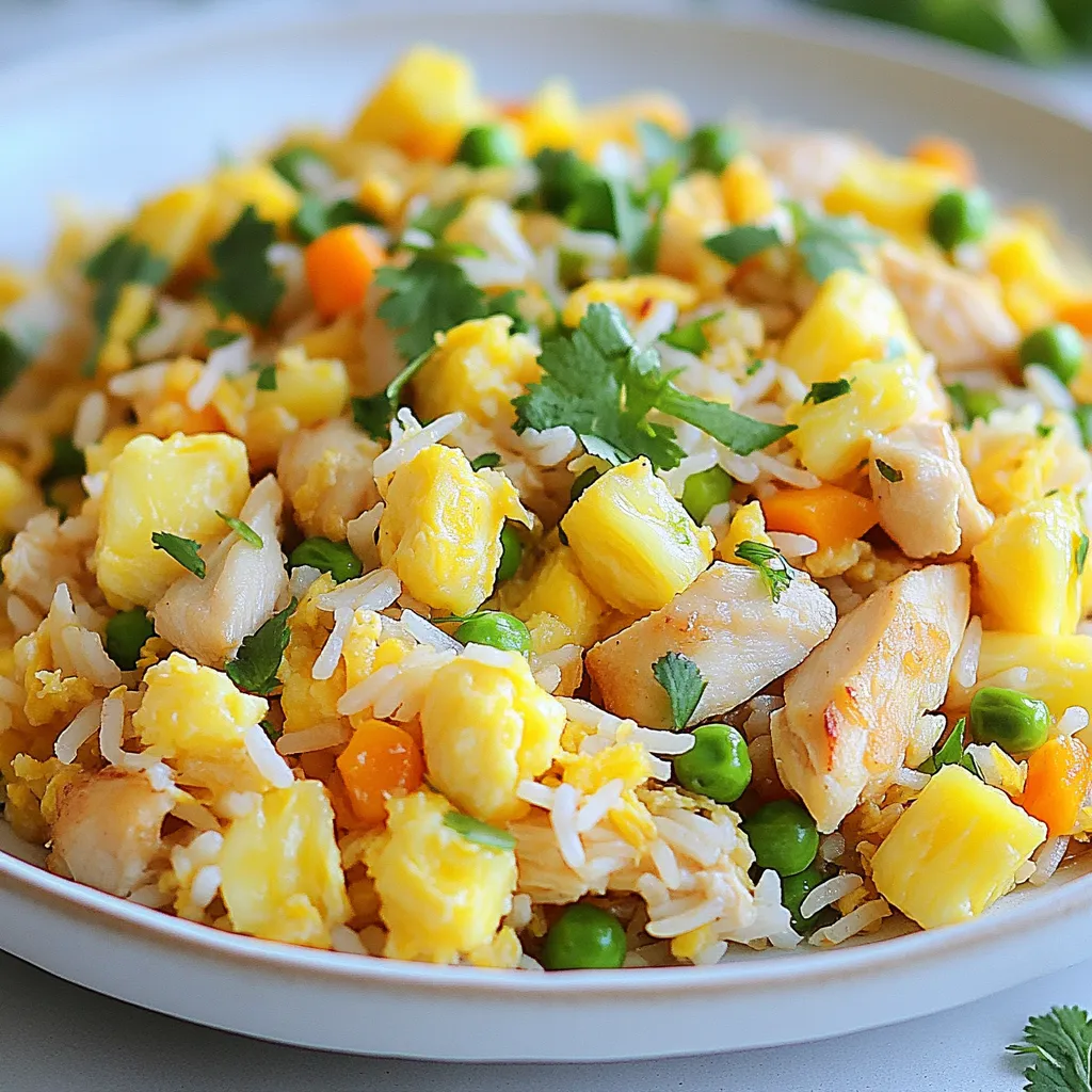 To make Pineapple Chicken Fried Rice, you will need: - 2 cups cooked jasmine rice (preferably day-old) - 1 cup cooked chicken breast, diced - 1 cup fresh pineapple, diced - 1/2 cup green peas (frozen or fresh) - 1/2 cup carrots, diced - 2 green onions, chopped - 3 cloves garlic, minced - 2 tablespoons soy sauce - 1 tablespoon sesame oil - 1 tablespoon olive oil - Salt and pepper to taste - 2 eggs, lightly beaten - Optional: Fresh cilantro for garnish You can easily swap some ingredients if needed. Here are some ideas: - Use brown rice instead of jasmine rice for a healthier option. - Swap chicken with tofu or shrimp for a different protein. - If you do not have fresh pineapple, try canned pineapple chunks, drained well. - For a vegetarian version, skip the chicken and add more veggies. - Use coconut aminos instead of soy sauce for a gluten-free option. High-quality ingredients make your dish shine. Here are tips to find them: - Choose fresh, ripe pineapples. Look for ones that smell sweet at the base. - Select chicken breast that is pink and looks fresh. Avoid any with a gray tint. - Buy jasmine rice from a trusted store; it should be aromatic and fluffy. - For vegetables, pick ones that are bright and firm. Fresh peas and carrots add great texture. - Organic options often taste better and are free from pesticides. Look for them at local markets. {{ingredient_image_1}} Start by gathering your ingredients. You need cooked jasmine rice, diced chicken, fresh pineapple, peas, carrots, green onions, garlic, soy sauce, sesame oil, olive oil, salt, pepper, and eggs. Having everything ready makes cooking smooth and fun. 1. Heat olive oil in a large skillet or wok over medium-high heat. 2. Add minced garlic and diced carrots. Sauté for 2 minutes until fragrant and tender. 3. Push garlic and carrots to one side of the pan. Pour in the beaten eggs. Scramble until fully cooked, then mix everything together. 4. Add diced chicken and cook for another 2 minutes until heated through. 5. Stir in the cooked jasmine rice. Break apart any clumps and mix with other ingredients. 6. Pour in soy sauce and sesame oil. Add green peas and diced pineapple. Stir well to combine and heat through for 3-4 minutes. 7. Season with salt and pepper to taste. Stir in chopped green onions for an extra burst of flavor. 8. Serve hot, garnished with fresh cilantro if desired. - Use day-old rice for the best texture; it helps prevent mushiness. - Make sure to keep the heat high when cooking; this gives a nice stir-fry effect. - Always taste your dish before serving. Adjust salt and pepper as needed. - If you want more flavor, add a splash of lime juice before serving. Using day-old rice makes a big difference. Fresh rice can be too sticky. This can lead to clumps in your fried rice. Day-old rice dries out a bit and separates easily. When using day-old rice, break it apart before adding it to the pan. This helps it cook evenly and gives great texture. Flavor is key in any dish. To make your pineapple chicken fried rice shine, add more than just salt and pepper. You can use low-sodium soy sauce for a nice saltiness. Sesame oil gives a nutty aroma. Try tossing in some ginger for warmth. Fresh herbs like cilantro add a bright note. These simple additions can turn a good meal into a great one. Avoiding mistakes helps create the best fried rice. One common error is overcrowding the pan. If your pan is too full, food will steam instead of fry. Make sure to cook in batches if needed. Another mistake is not cooking the eggs fully. Scrambled eggs should be soft but cooked through. Lastly, don't forget to taste as you go! Adjust flavors as needed for a perfect dish. Pro Tips Use Day-Old Rice: Using rice that has been cooked and refrigerated the day before helps prevent clumping and gives you that perfect fried rice texture. Customize Veggies: Feel free to mix in other vegetables such as bell peppers or snap peas for added color and nutrients. Adjust the Sauce: Taste your fried rice before serving and adjust the soy sauce and sesame oil to suit your preference for saltiness and flavor. Garnish for Freshness: Adding fresh herbs like cilantro or basil just before serving enhances the dish with a burst of freshness. {{image_2}} You can make this dish without meat. Swap out the chicken for tofu. Firm tofu works best. You can also use tempeh for a nutty flavor. Use the same cooking steps as with chicken. For added protein, include chickpeas or edamame. They blend well with the fried rice. Replace the eggs with a vegan egg substitute. This keeps the dish plant-based and tasty. If you want something different than chicken, try shrimp or pork. Both add a unique twist. For shrimp, cook them until they turn pink and tender. For pork, use diced tenderloin or belly. Just remember to adjust cooking times. If you like beef, diced steak can also work well. Choose your favorite protein to make this meal your own. To boost the flavors, add some spices. A pinch of ginger gives a warm kick. You can also try adding bell peppers for crunch. A squeeze of lime juice brightens the dish. Fresh herbs like basil or mint can add freshness. For heat, toss in some red pepper flakes. Each of these additions can turn your fried rice into a new creation. To keep your pineapple chicken fried rice fresh, place it in an airtight container. Make sure the rice cools down to room temperature before sealing it. Store it in the fridge for up to three days. This method keeps the flavors intact and prevents spoilage. Reheating is simple. You can use a microwave or a skillet. If using a microwave, put your rice in a bowl and cover it. Heat it for about one to two minutes. Stir halfway to heat evenly. If using a skillet, add a splash of water and heat over low heat. Stir until warmed through. Freezing is a great way to save extra fried rice. Divide the rice into portions and place them in freezer-safe bags. Remove as much air as possible before sealing. Label the bags with the date. You can freeze it for up to three months. When ready to eat, thaw it in the fridge overnight and reheat. The best rice for fried rice is jasmine rice. It has a nice aroma and fluffy texture. Day-old rice works best because it dries out a bit. This helps the rice fry better. If you don’t have jasmine rice, you can use long-grain rice. Just make sure it’s cooked and cooled before frying. Yes, you can make this dish ahead of time. Prepare the fried rice, then cool it down quickly. Place it in an airtight container and store it in the fridge. It will stay fresh for about three days. When you’re ready to eat, just reheat it in a skillet. Add a bit of water to keep it moist. To make your pineapple chicken fried rice spicier, add chili sauce. Sriracha or sambal oelek work well. You can also add chopped fresh chili peppers. Toss them in with the garlic and carrots for extra heat. Adjust the amount to fit your taste. Enjoy the kick! This blog post covers all basics of making great fried rice. We explored ingredients, gave tips for perfect prep, and provided handy tricks. You learned about variations, from vegetarian options to protein swaps. Proper storage and reheating will keep it fresh and tasty. Enjoy ready-to-use FAQs that solve common questions. Now, you’re equipped to make your own delicious fried rice. Let your creativity shine in the kitchen!