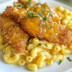 - 1 lb chicken tenders - 1 cup buttermilk - 1 cup all-purpose flour - 1 teaspoon paprika - 1 teaspoon garlic powder - 1 teaspoon onion powder - 1 teaspoon cayenne pepper (adjust to taste) - Salt and pepper to taste - Oil for frying - ½ cup hot honey (or ⅓ cup honey mixed with 1-2 tablespoons hot sauce) - 2 cups elbow macaroni - 2 tablespoons butter - 2 cups shredded sharp cheddar cheese - ½ cup milk - 1 teaspoon Dijon mustard - ½ teaspoon smoked paprika For the chicken, buttermilk is key. It makes the meat tender and juicy. The flour mix gives a great crunch. Use paprika, garlic powder, onion powder, and cayenne for flavor. Adjust cayenne based on your spice level. For the macaroni, good cheese is a must. Sharp cheddar melts beautifully, giving that creamy texture. Dijon mustard adds a hint of tang, while smoked paprika brings warmth. Remember to season both the chicken and mac with salt and pepper. Gather these ingredients before you start. It helps keep your cooking smooth and fun. {{ingredient_image_1}} Start by soaking the chicken tenders in buttermilk. This step makes them tender and juicy. Let them soak for at least 30 minutes. If you have time, go for 4 hours for the best results. After soaking, take them out and let excess buttermilk drip off. In a large bowl, combine the flour with spices. Use 1 teaspoon each of paprika, garlic powder, onion powder, and cayenne pepper. Add salt and pepper to taste. Mix well to blend the flavors. This coating gives the chicken a nice crunch and flavor. Heat oil in a large skillet. Use about 1 inch of oil and set the heat to medium-high. Wait until the oil shimmers. Dredge each chicken tender in the flour mixture. Make sure they are well coated. Fry them in batches for 5 to 7 minutes on each side. They should turn golden brown. Once cooked, place them on a paper towel-lined plate to drain extra oil. In a big pot, bring salted water to a boil. Add 2 cups of elbow macaroni. Cook until al dente, according to the package instructions. Drain the macaroni and set it aside. In the same pot, melt 2 tablespoons of butter over medium heat. Stir in ½ cup of milk, 1 teaspoon of Dijon mustard, and ½ teaspoon of smoked paprika. Gradually add 2 cups of shredded sharp cheddar cheese. Stir until melted and smooth. Add the drained macaroni to the cheese sauce. Stir until well combined. Season with salt and pepper to taste. On a plate, place a scoop of cheesy mac next to the hot honey tenders. Drizzle extra hot honey over the chicken if you like. Enjoy this tasty meal! To get tender chicken, start by soaking the tenders in buttermilk. This step helps break down proteins and keeps the meat juicy. Aim for a soak time of at least 30 minutes, but you can leave them for up to 4 hours. The longer, the better! When you coat the chicken, ensure it is well-covered in the flour mix. This creates a crispy layer that locks in moisture during frying. For a creamy cheese sauce, use high-quality sharp cheddar cheese. It melts better and adds a rich flavor. Melt the butter over medium heat, then slowly stir in the milk. This prevents burning. Add the cheese gradually while stirring to keep the sauce smooth. If it seems too thick, add a splash more milk. The Dijon mustard and smoked paprika give a bold taste, so don’t skip those! To make your dish look great, arrange the macaroni on one side of a plate. Stack the hot honey tenders neatly beside it. A drizzle of extra hot honey on top adds shine and flavor. For a final touch, sprinkle fresh herbs like parsley on the plate. This adds color and freshness, making your meal even more appetizing! Pro Tips Marinate for Maximum Flavor: Soaking the chicken in buttermilk not only tenderizes but also infuses it with flavor. For an even richer taste, consider adding spices to the buttermilk marinade. Control the Heat: Adjust the cayenne pepper in the flour mixture according to your spice preference. Start with less if you're unsure and add more for extra heat. Perfect Frying Temperature: Ensure the oil is hot enough before adding the chicken. A good test is to drop a small amount of flour into the oil; if it bubbles immediately, the oil is ready. Cheese Sauce Tips: For an ultra-creamy cheese sauce, add the cheese gradually and stir continuously to avoid clumping. You can also mix different types of cheese for added flavor. {{image_2}} You can change the heat level of your hot honey. For a spicy kick, use ½ cup of hot honey. If you prefer mild, mix ⅓ cup of honey with 1-2 tablespoons of hot sauce. This way, you can tailor the sweetness and spice to your taste. Some people love that extra heat, while others want just a hint. Experimenting is fun! The cheese in the mac can really change the dish. While sharp cheddar is a classic choice, you can mix in mozzarella for a gooey texture. Pepper jack adds a nice spice, too. For a more gourmet touch, try gruyère or fontina. Each cheese brings its own flavor, so feel free to get creative! If you need gluten-free options, switch to almond flour or gluten-free breadcrumbs for the chicken. You can also use gluten-free pasta for the mac. For a dairy-free mac, try cashew cheese or nutritional yeast. These swaps keep the dish tasty for everyone. Enjoy your meal without worry! To keep your hot honey tenders and mac tasty, store them in an airtight container. Let the food cool down before sealing it. This helps keep moisture out. Use the leftover food within three days for best taste. For chicken tenders, preheat your oven to 375°F. Place the tenders on a baking sheet. Heat for about 10-15 minutes until warm. This keeps them crisp. For the mac, microwave it in a bowl. Add a splash of milk to help it stay creamy. Heat in short bursts, stirring often. You can freeze the chicken and mac too! Place them in separate airtight containers. Leave some space for expansion. Use them within three months for best quality. To reheat, let them thaw in the fridge overnight. Then, follow the reheating tips above. Yes, you can use frozen chicken tenders. Thaw them first. This ensures even cooking. Once thawed, soak them in buttermilk for extra flavor and tenderness. The best method for frying chicken is to use hot oil. Heat oil to 350°F. Fry in batches to avoid crowding. This helps keep the oil hot and ensures crispy tenders. To make the hot honey spicier, add more cayenne pepper. You can also mix in chili flakes or your favorite hot sauce. Adjust to your taste for the right kick! Yes, you can prepare parts in advance. Soak the chicken in buttermilk overnight. Cook the mac and cheese ahead too. Just heat it up before serving for the best taste. Great sides include coleslaw, corn on the cob, or a fresh salad. These balance the rich flavors of the tenders and mac. Choose sides that add crunch or freshness! You have all the tools to make tasty chicken tenders and mac and cheese. We covered the best ingredients and step-by-step instructions. I shared tips for perfecting your dish and ways to store leftovers. Don’t forget the variations to customize your meal. Cooking can be fun and rewarding. Enjoy making your hot honey tenders and creamy mac! You can impress your family and friends with this dish. Thanks for following along, and happy cooking!