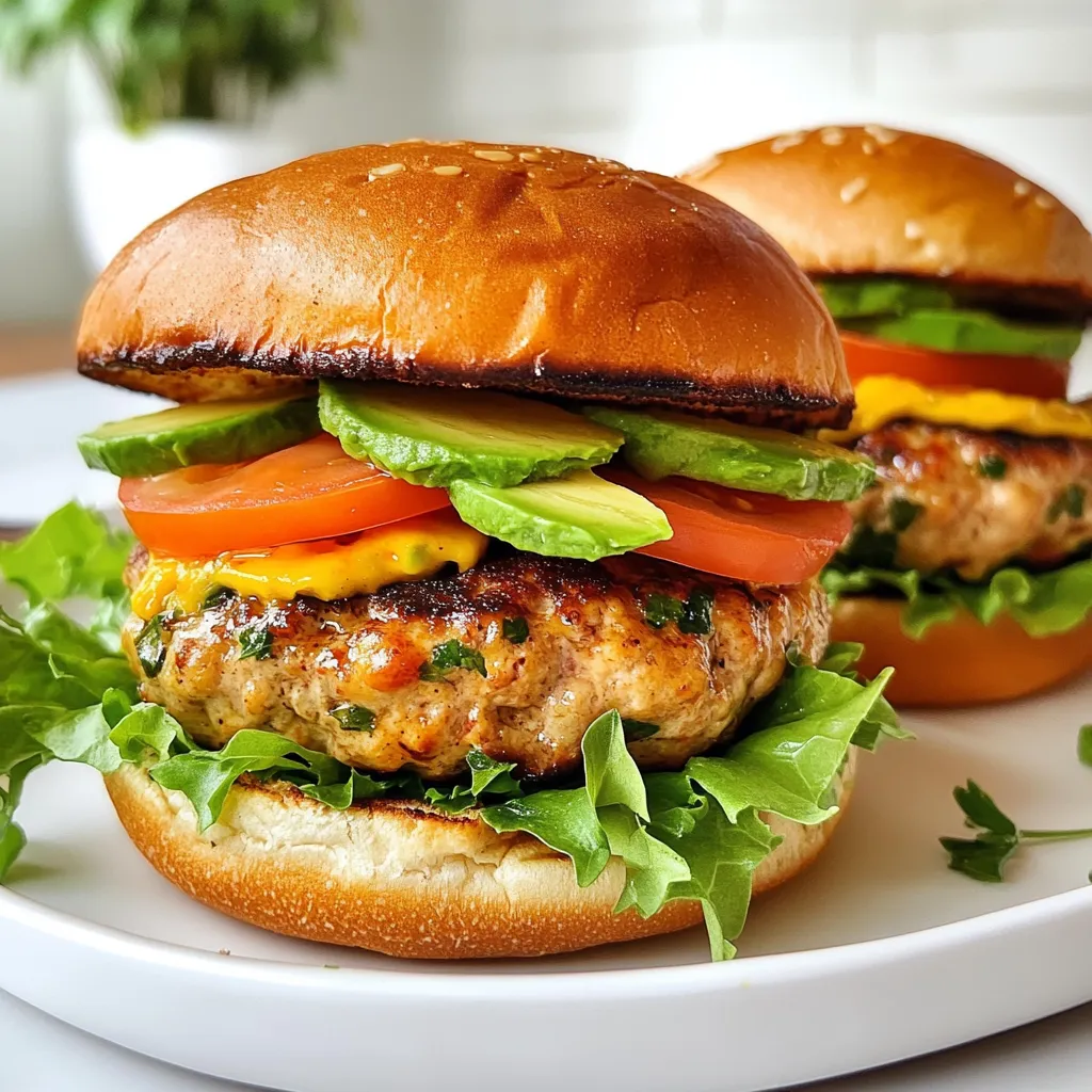 - 1 lb ground turkey - 1/2 cup breadcrumbs (preferably whole wheat) - 1/4 cup finely chopped red onion - 2 tablespoons Dijon mustard - 1 tablespoon Worcestershire sauce - 1 teaspoon garlic powder - 1 teaspoon paprika - Salt and pepper to taste - 1 ripe avocado, sliced - 4 whole grain burger buns - Lettuce leaves - Tomato slices - Olive oil for cooking Ground turkey is lean and tasty. It makes a great base for burgers. You get protein without too much fat. Breadcrumbs help bind the meat. They give the burgers a nice texture. Red onion adds a sweet crunch. It brings a fresh taste. Dijon mustard gives a spicy kick. Worcestershire sauce adds depth and umami flavor. Garlic powder and paprika are key spices. They boost the overall taste. Don’t forget salt and pepper. They help balance all the flavors. Fresh toppings make the burger shine. Sliced avocado is creamy and rich. Lettuce adds crunch, and tomato brings juiciness. All these ingredients come together for a perfect bite. {{ingredient_image_1}} To make the turkey patties, start by mixing the ingredients in a large bowl. You need: - 1 lb ground turkey - 1/2 cup breadcrumbs - 1/4 cup finely chopped red onion - 2 tablespoons Dijon mustard - 1 tablespoon Worcestershire sauce - 1 teaspoon garlic powder - 1 teaspoon paprika - Salt and pepper to taste Combine all these items until just mixed. Do not overwork the meat, or it will be tough. Next, divide the mixture into four equal portions. Shape each portion into a patty, about 3/4 inch thick. Press a small indentation in the center of each patty. This helps them cook evenly and prevents puffing. Now, it’s time to cook your patties. You can use a skillet or a grill for this step. If you choose a skillet, heat it over medium heat and add a drizzle of olive oil. For the grill, make sure it is at medium heat as well. Once hot, place the turkey patties on the skillet or grill. Cook them for about 5 to 6 minutes on one side. After that, flip the patties carefully. Cook for another 5 to 6 minutes until the internal temperature reaches 165°F (75°C). This ensures they are safe to eat. While your patties cook, toast the burger buns lightly. This adds great flavor and a nice crunch. Now, let’s put it all together! Start by placing a lettuce leaf and a slice of tomato on the bottom half of each toasted bun. Next, add the cooked turkey patty on top. Finally, layer slices of ripe avocado on the turkey patty. Place the top half of the bun over the avocado. You can serve these burgers right away. They taste best fresh! Add your favorite condiments on the side for extra flavor. To avoid dry turkey burgers, start with moist ingredients. Mix ground turkey, breadcrumbs, and onion gently. Overmixing can lead to tough patties. Keep the mixture light and airy for juicy results. Making an indentation is key. When you shape the patties, press your thumb into the center. This helps the patties cook evenly. Without it, they puff up, which can make them dry. For the best cooking temperature, aim for medium heat. This ensures even cooking while keeping the patties juicy. Cook until the internal temperature reaches 165°F (75°C). Grilling gives a nice smoky flavor. Use a grill for those charred marks. Sautéing in a skillet is great too. Add olive oil to prevent sticking. Both methods work well, so choose what you enjoy most! Pro Tips Keep It Juicy: Adding breadcrumbs helps to retain moisture in the turkey burgers, preventing them from becoming dry during cooking. Don’t Overmix: When combining the ingredients, mix just until incorporated. Overworking the turkey can lead to tough burgers. Temperature Check: Use a meat thermometer to ensure your turkey burgers are cooked to an internal temperature of 165°F (75°C) for safety. Customize Your Toppings: Feel free to add your favorite toppings such as cheese, pickles, or spicy mayo to enhance the flavor of your turkey burger. {{image_2}} To boost the flavor of your turkey burgers, try adding different herbs and spices. Fresh parsley, thyme, or oregano can add a nice touch. You can also use dried spices like cumin or chili powder for a kick. Cheese is another great way to add flavor. Try sharp cheddar for a bold taste. Feta cheese brings a nice tang. If you want something creamy, go for mozzarella. Simply place a slice on the patty right before it finishes cooking. This will melt perfectly. If you want a low-carb option, skip the bun. Use lettuce leaves instead. They work well to hold your turkey patty and toppings. You can also serve the burger on a slice of tomato for a fresh twist. For gluten-free needs, swap the breadcrumbs with ground almonds. This gives a nice texture without gluten. You can also use gluten-free breadcrumbs if you prefer. Just make sure to check the label to ensure they fit your diet. To store your cooked turkey patties, let them cool first. Place them in an airtight container. This keeps the burgers fresh for about three days. You can also wrap them tightly in plastic wrap. Make sure to label the container with the date. This way, you won't forget when you made them. When you are ready to eat, simply reheat in a skillet or microwave. Freezing is great for both uncooked and cooked burgers. For uncooked patties, lay them on a baking tray. Freeze them for about an hour until firm. Then, transfer the patties to a freezer bag. This method prevents them from sticking together. They can stay in the freezer for up to three months. For cooked burgers, let them cool before freezing. Wrap each burger in foil or plastic wrap. Place the wrapped burgers into a freezer bag. They will keep well for about two months. When you're ready to enjoy them, thaw in the fridge overnight. Reheat in the oven or on a skillet for best taste. If you want a substitute for ground turkey, several options work well. You can use ground chicken, which has a similar taste and texture. Ground beef is another choice, but it will add more fat. For a plant-based option, try black beans or lentils. These options are great for a veggie burger. Each substitute may change the flavor, but they all bring something tasty to the table. To check if your turkey burgers are done, use a meat thermometer. The safe internal temperature for turkey is 165°F (75°C). Insert the thermometer into the thickest part of the patty. If it reads 165°F, your burger is ready. If you don't have a thermometer, cut into the burger. It should not be pink inside. Cooking until the juices run clear also helps ensure it's done. Yes, you can make the patties ahead of time. Shape them and place them on a tray. Cover them with plastic wrap and store in the fridge for a few hours. If you need to prepare them for a longer time, freeze them. Wrap each patty in plastic wrap, then place them in a freezer bag. They can stay frozen for up to three months. Just thaw them in the fridge before cooking. This makes meal prep easy and quick for busy days. You learned how to make tasty turkey burgers step by step. We covered the main ingredients, cooking methods, and tips for a perfect patty. Remember to check the temperature to ensure it's cooked right. Feel free to mix flavors with herbs or cheese for a twist. Turkey burgers are great for meal prep, too. Store leftovers properly to enjoy them later. With these methods, you can create a delicious meal that’s both healthy and satisfying. Enjoy your cooking adventures!