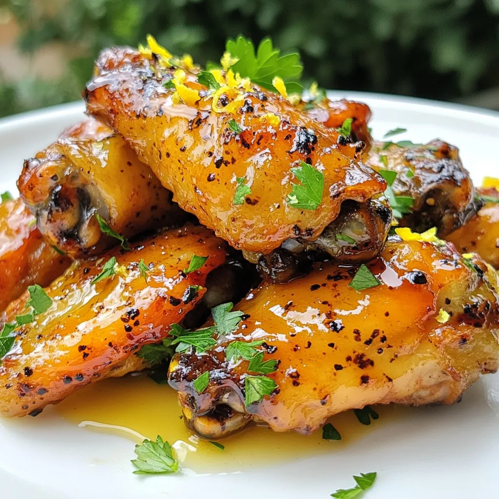 - Chicken Wings: You need 2 lbs of fresh chicken wings. These wings are the star of the dish. - Marinade Ingredients: This mix brings out the best flavors. You will need: - 1/3 cup honey - 1/4 cup fresh lemon juice - 2 tablespoons lemon zest - 1 tablespoon black pepper - 1 teaspoon garlic powder - 1 teaspoon onion powder - Salt to taste - 2 tablespoons olive oil - Garnish Options: For a fresh touch, use fresh parsley. It adds color and flavor to your wings. Each ingredient plays a key role. The honey adds sweetness, while lemon juice gives a bright, tangy taste. Black pepper and garlic powder add depth. The olive oil helps the wings crisp up nicely in the oven. Enjoy crafting these tasty wings! {{ingredient_image_1}} Preheating Oven First, preheat your oven to 425°F (220°C). This temperature helps the wings become crispy. Line a baking sheet with parchment paper. This step makes cleanup easy. Preparing Marinade In a large bowl, mix these ingredients for the marinade: - 1/3 cup honey - 1/4 cup fresh lemon juice - 2 tablespoons lemon zest - 1 tablespoon black pepper - 1 teaspoon garlic powder - 1 teaspoon onion powder - Salt to taste Whisk the mixture until all ingredients blend well. The honey gives sweetness while the lemon adds a bright note. Marinating Time Add the chicken wings to the marinade. Toss them well to coat every wing. Cover the bowl and place it in the refrigerator. Marinate for at least 30 minutes. A longer marinating time boosts the flavor. Drizzling Olive Oil Take the marinated wings out of the fridge. Let them sit at room temperature for about 10 minutes. Drizzle 2 tablespoons of olive oil over the wings. Toss them again to ensure an even coating. Baking Instructions Spread the wings in a single layer on the baking sheet. Bake them in your preheated oven for 35-40 minutes. Flip the wings halfway through cooking. This helps them cook evenly and become crispy. Ensuring Crispiness When the wings are golden brown, they are done. Remove them from the oven. Sprinkle more black pepper and salt to taste. This step adds extra flavor and ensures that every bite is delicious. Garnishing Options If you like, garnish the wings with freshly chopped parsley. It adds color and a fresh taste. You can also add lemon slices for a nice touch. Plating Ideas Serve the wings hot on a beautiful platter. Arrange them in a circle with a bowl of dipping sauce in the center. This makes a great presentation for your guests. Enjoy your tasty Lemon Pepper Honey Wings! Time Recommendations For the best flavor, marinate your wings for at least 30 minutes. You can go longer, up to four hours, for even more taste. This extra time helps the wings soak up all the delicious flavors. Flavor Enhancements You can add more zest to your marinade. A splash of soy sauce or a hint of hot sauce works well. Fresh herbs like thyme or rosemary can also give a nice twist to the flavor. Ensuring Even Cooking Arrange the wings in a single layer on the baking sheet. This allows hot air to circulate and cook them evenly. Flip them halfway through to avoid any soggy spots. Adjusting Crispiness If you want extra crispy wings, broil them for the last few minutes. Keep an eye on them to prevent burning. You can also increase the oven temperature slightly if needed. Pairing with Sides Lemon pepper honey wings pair great with fresh salads or crispy fries. You can also serve them with celery sticks and ranch dressing for a nice crunch. Presentation Ideas Serve the wings on a large platter with fresh parsley sprinkled on top. This adds color and makes your dish look fancy. You can also use lemon wedges around the wings for a pop of color. Pro Tips Marinate for Flavor: Allow the wings to marinate for at least 1 hour or even overnight for deeper flavor infusion. Room Temperature Wings: Let the marinated wings sit at room temperature for about 10 minutes before baking to ensure even cooking. Crispiness Tip: Drizzling olive oil over the wings before baking helps achieve that perfect crispy texture. Garnish for Freshness: Always sprinkle fresh parsley on top just before serving for a pop of color and added freshness. {{image_2}} Different Sweeteners You can switch honey for maple syrup or agave nectar. Both add nice sweetness. Each option gives wings a unique twist. You can even try brown sugar for a rich flavor. Spice Variations Feel free to change up the spices. Instead of black pepper, try cayenne for heat. You might also add smoked paprika for a deeper taste. Mixing in some chili powder can make your wings pop with flavor. Air Fryer Version Using an air fryer makes these wings super crispy. Just follow the same marinating steps. Preheat your air fryer to 400°F (200°C). Cook for about 25-30 minutes, flipping halfway. You'll get that golden crunch without much oil. Grill Option Grilling adds a smoky flavor. After marinating, preheat your grill to medium-high heat. Grill the wings for 20-25 minutes, turning often. Make sure they reach a safe temperature of 165°F (74°C). Adding Heat Want some spice? Add hot sauce to your marinade or sprinkle it on after cooking. You can also mix in crushed red pepper flakes. This gives your wings a kick that pairs well with the sweet honey. Herb Infusions To boost flavor, try adding fresh herbs. Rosemary or thyme can enhance the dish. Chop them finely and mix them into your marinade. They add freshness and depth to every bite. After cooking, let the wings cool down for about 10 minutes. This helps keep them crispy. Place the wings on a wire rack. This prevents steam from making them soggy. For storage, use airtight containers. Glass containers work well. They keep the wings fresh. You can also use resealable plastic bags. Make sure to remove as much air as possible. To reheat, the oven is best. Preheat it to 350°F (175°C). Place the wings on a baking sheet. Bake for about 10-15 minutes. This helps them regain their crispiness. If you’re in a hurry, use the microwave. Place the wings on a microwave-safe plate. Cover them with a damp paper towel. Heat in 30-second bursts until warm. This method is quick but may not keep them crispy. For freezing, let the wings cool completely first. Then, place them in freezer bags. Remove as much air as possible before sealing. Label the bags with the date. They should last up to three months. To thaw, move the wings from the freezer to the fridge. Let them thaw overnight. If you're in a rush, place them in cold water for about an hour. Avoid using the microwave to thaw, as it can make them rubbery. What can I serve with Lemon Pepper Honey Wings? You can serve these wings with many sides. Some great options include coleslaw, fries, or a fresh salad. You may also try dipping sauces like ranch or blue cheese for extra flavor. Can I use frozen wings? Yes, you can use frozen wings. Just make sure to thaw them first. Place them in the fridge overnight or soak them in cold water for quicker thawing. How do I make my wings extra crispy? To make your wings extra crispy, pat them dry with paper towels before marinating. Using a wire rack on your baking sheet helps air circulate, ensuring they cook evenly. What temperature should wings be cooked to? Wings should reach an internal temperature of 165°F (74°C). Use a meat thermometer to check this for safety. Can I prepare the marinade in advance? Yes, you can prepare the marinade one day ahead. Just store it in the fridge until you are ready to use it. This allows the flavors to blend nicely. Can I substitute honey? You can use maple syrup or agave nectar as a substitute for honey. Both will add sweetness to your wings. What can I use instead of lemon juice? Lime juice is a great alternative to lemon juice. It will give your wings a different but tasty flavor that works well. In this post, we explored how to make tasty lemon pepper honey wings. We covered key ingredients, detailed cooking steps, and helpful tips. You learned about variations, storage info, and answered common questions. My final thought? Cooking wings is simple and fun. Try new flavors and enjoy the process! With practice, you’ll impress everyone at your next gathering. Enjoy your wings!