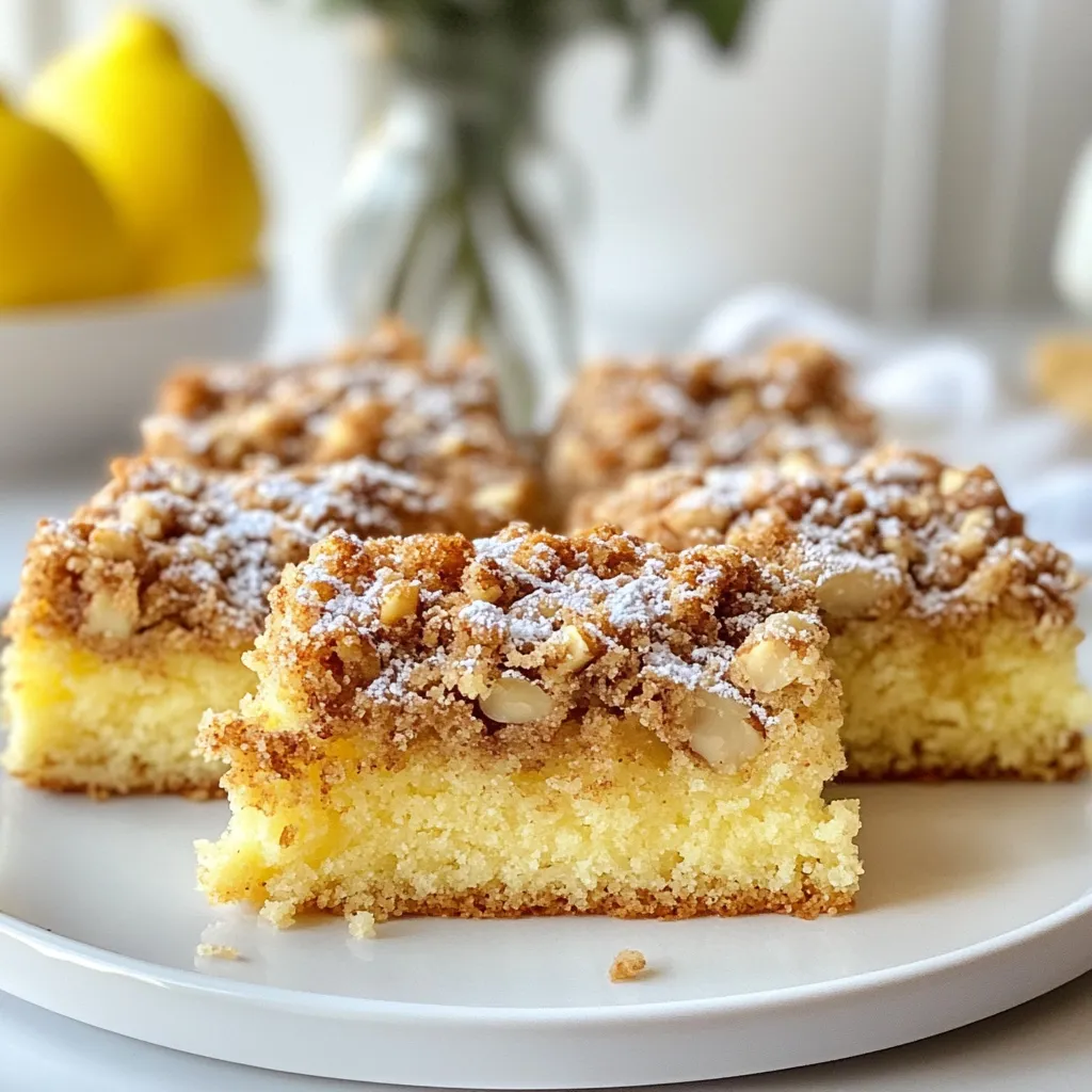 To make the best coffee cake, gather these simple ingredients: - 2 cups all-purpose flour - 1 cup granulated sugar - 1/2 cup unsalted butter, softened - 1 cup sour cream - 3 large eggs - 1 tablespoon baking powder - 1 teaspoon baking soda - 1 teaspoon vanilla extract - 1/2 teaspoon salt - 1 cup chopped walnuts or pecans - 1/2 cup light brown sugar - 2 teaspoons ground cinnamon You can easily switch some ingredients. If you don't have sour cream, use Greek yogurt. It works well and adds moisture. For a dairy-free option, try almond milk or coconut cream instead of sour cream. You can also replace unsalted butter with coconut oil or margarine. For nuts, use almonds or skip them for a nut-free cake. Quality matters in baking. Choose fresh eggs; they help your cake rise. Use high-quality flour for a nice texture. Look for unsalted butter to control the salt in your recipe. Fresh spices, like cinnamon, add more flavor. When choosing nuts, pick ones that smell fresh and are not stale. Your coffee cake will taste better with quality ingredients. {{ingredient_image_1}} Start by preheating your oven to 350°F (175°C). This step is key for even baking. While the oven heats, grab a 9x13 inch baking pan. Grease it with butter or oil. You can also dust it with flour. If you prefer, use parchment paper for easy removal later. This ensures your cake won’t stick. Take a large bowl. Add 1/2 cup of softened butter and 1 cup of granulated sugar. Use a mixer to cream these together until light and fluffy. This process adds air to the batter, which helps it rise. Next, add 3 large eggs one at a time. Mix well after each egg. Don’t forget to stir in 1 teaspoon of vanilla extract for flavor. In another bowl, whisk together 2 cups of all-purpose flour, 1 tablespoon of baking powder, 1 teaspoon of baking soda, and 1/2 teaspoon of salt. Gradually add this dry mix to the creamed butter and sugar. Alternate this with 1 cup of sour cream. Mix until just combined. Overmixing can make the cake tough. Now, let’s make the crumble topping. In a small bowl, mix 1 cup of chopped walnuts or pecans, 1/2 cup of light brown sugar, and 2 teaspoons of ground cinnamon. This mixture adds a nice crunch and flavor. Pour half of your cake batter into the prepared pan. Spread it evenly. Then, sprinkle half of the crumble topping over this layer. Next, pour the rest of the batter on top, smoothing it out. Finally, finish by adding the remaining crumble mixture on top. Bake your cake for 30-35 minutes. Check if it’s done by inserting a toothpick into the center. If it comes out clean, your cake is ready! Once baked, let it cool in the pan for about 15 minutes. Then, transfer it to a wire rack to cool completely. Enjoy your coffee cake with a warm cup of coffee! To make the best coffee cake, start with room temperature ingredients. This helps the batter mix well. Cream the butter and sugar until it is light and fluffy. This step is key for a soft cake. When adding flour, mix gently. Over-mixing can lead to a dense cake. If your coffee cake is too dry, check your oven temperature. An oven that is too hot can dry out the cake. Use an oven thermometer to make sure it’s accurate. If your cake sinks in the middle, it may need more time to bake. Always check with a toothpick before taking it out. You can boost flavor by adding spices like nutmeg or allspice. Just a pinch can make a big difference. Try adding almond extract for a sweet twist. You can also swap some sugar for brown sugar for a richer taste. Mixing in lemon zest adds a bright flavor that works well with nuts. Pro Tips Use Room Temperature Ingredients: Ensure all your ingredients, especially the butter and eggs, are at room temperature to achieve a smooth batter and even baking. Don’t Overmix the Batter: Mix the batter until just combined to avoid a dense cake. Overmixing can develop gluten which leads to a tougher texture. Customizing Nut Choices: Feel free to substitute walnuts or pecans with other nuts like almonds or hazelnuts for a different flavor twist. Check for Doneness: Since oven temperatures can vary, start checking for doneness a few minutes before the suggested baking time to prevent overbaking. {{image_2}} You can switch up the nuts in this coffee cake. Instead of walnuts, try pecans or almonds. Each nut adds a different flavor and texture. You can also leave out the nuts if you prefer. For a crunchy topping, add some oats or shredded coconut. This gives your cake an extra layer of fun. Want to add a twist to your coffee cake? Try chocolate! You can mix in chocolate chips into the batter or use cocoa powder for a rich flavor. If you love caramel, drizzle it over the top before baking. You can even swirl it into the batter for a sweet surprise in every bite. You can make this coffee cake gluten-free by using almond flour or a gluten-free blend. Check the label to ensure it works well for baking. If you want a vegan version, replace the eggs with applesauce or flaxseed meal mixed with water. Use plant-based butter and yogurt to keep it moist. These swaps make the cake just as tasty while fitting different diets. After you enjoy your heavenly coffee nut crumble cake, store any leftovers properly. First, let the cake cool completely. Then, wrap it in plastic wrap or foil. You can also place it in an airtight container. This helps keep the cake moist and fresh. Store it at room temperature for up to three days. If you live in a warm area, the fridge is a better option. If you want to save your cake for later, freezing works great. Cut the cake into squares for easy serving. Wrap each piece tightly in plastic wrap. Then, place them in a freezer-safe bag or container. Label the bag with the date. You can freeze the cake for up to three months. When you're ready to enjoy it, just thaw it in the fridge overnight. To reheat your coffee cake, you have a few options. For a quick method, use the microwave. Place a piece on a microwave-safe plate. Heat it for 10-15 seconds. If you want a crispier texture, try the oven. Preheat the oven to 350°F (175°C). Place the cake on a baking sheet and warm it for about 10 minutes. This keeps the cake moist while giving it a nice crust. Enjoy your cake again, just like fresh! Coffee cake stays fresh for about 3 to 5 days at room temperature. Store it in an airtight container. If you chill it, it can last up to a week. Just remember, the cake may dry out faster if left uncovered. Yes, you can make coffee cake in advance. Bake it a day or two ahead of time. Let it cool and store it in an airtight container. This helps the flavors blend nicely. Just reheat slices in the oven before serving for a warm treat. Coffee cake pairs well with various drinks and snacks. Serve it with fresh coffee or tea. You can also add a dollop of whipped cream or a scoop of vanilla ice cream. Fresh fruit like berries or sliced bananas make great sides too. This guide covered all you need to know about coffee cake. We explored key ingredients, step-by-step instructions, and tips for success. I shared variations and storage tips to make your cake last. Use this knowledge to create delightful coffee cake every time. Remember, practice makes perfect. Enjoy the process and get creative! Happy baking!