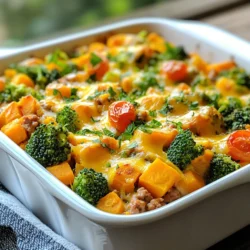 - 1 pound ground turkey - 2 medium sweet potatoes, peeled and diced - 1 cup broccoli florets - 1 cup cherry tomatoes, halved - 1 small onion, diced - 2 cloves garlic, minced Ground turkey makes this dish lean and healthy. Sweet potatoes add natural sweetness and color. Broccoli florets bring crunch and nutrients. Cherry tomatoes add a juicy burst of flavor. - 1 teaspoon smoked paprika - 1 teaspoon cumin - 1 teaspoon dried oregano - Salt and pepper to taste - 2 tablespoons olive oil Smoked paprika gives a warm, smoky flavor. Cumin adds a hint of earthiness. Dried oregano enhances the herb taste. Olive oil helps everything cook well and adds richness. - 1 cup shredded sharp cheddar cheese - Fresh parsley, chopped (for garnish) Sharp cheddar cheese melts beautifully and adds creaminess. Fresh parsley gives a pop of color and freshness. This dish looks as good as it tastes! {{ingredient_image_1}} - Preheat your oven to 400°F (200°C). This step is key. A hot oven cooks the sweet potatoes well. - Peel and dice your sweet potatoes. Chop your broccoli into small florets. Halve the cherry tomatoes. Dice the onion and mince the garlic. This makes cooking easier. - In a large skillet, heat 1 tablespoon of olive oil over medium heat. Add the diced onion and minced garlic. Sauté until they smell great and turn soft, about 3-4 minutes. - Next, add the ground turkey to the skillet. Sprinkle in smoked paprika, cumin, oregano, salt, and pepper. Cook this until the turkey is brown and no longer pink, which takes about 5-6 minutes. - In a big mixing bowl, combine your diced sweet potatoes, broccoli florets, and halved cherry tomatoes. Drizzle with 1 tablespoon of olive oil and toss to coat. Season with salt and pepper to taste. - Spread this vegetable mix evenly on the bottom of a greased 9x13 inch baking dish. Layer the cooked turkey mixture on top of the vegetables. - Lastly, sprinkle shredded cheddar cheese evenly over the turkey layer. This will melt and make everything delicious. - Cover your baking dish with aluminum foil. Bake for 20 minutes. This helps steam the sweet potatoes. - After 20 minutes, remove the foil. Bake for an additional 10-15 minutes. Check if the sweet potatoes are tender. The cheese should be melted and bubbly. This is when it’s perfect to take out! To bake sweet potatoes well, choose firm ones. Wash them, peel, and dice into even pieces. This helps them cook evenly in the oven. Always preheat your oven to 400°F (200°C) for best results. When cooking turkey, use a meat thermometer. The turkey should reach 165°F (74°C). This ensures it is safe to eat. Cook it until it turns brown and no longer pink. To boost flavor, try adding spices like chili powder or cayenne pepper. Fresh herbs, such as thyme or basil, also add great taste. You can also mix in some lemon zest for a fresh twist. If you want a cheese alternative, try mozzarella or goat cheese. These options melt nicely and add different flavors. When cooking for more people, double the ingredients. Use a larger baking dish, like a 12x18 inch pan. This will help you serve many guests at once. Meal prepping is a smart way to save time. You can assemble the dish a day ahead. Just cover it and store it in the fridge. When ready to eat, bake it straight from the fridge. For freezing, let the dish cool first. Wrap it tightly in foil or use an airtight container. It can last up to three months in the freezer. To reheat, bake it at 350°F (175°C) until hot throughout. Pro Tips Use Fresh Ingredients: Always opt for fresh vegetables and herbs to enhance the flavor and nutritional value of your dish. Customize Your Seasoning: Feel free to adjust the spices and herbs according to your taste preferences or try adding some heat with chili powder or cayenne pepper. Make It a Meal Prep: This dish can be made ahead of time and stored in the fridge for up to 3 days or frozen for later use, making it perfect for meal prepping. Experiment with Cheese: While sharp cheddar is delicious, don’t hesitate to try other cheeses like mozzarella or pepper jack for a different flavor profile. {{image_2}} You can switch out ground turkey for other proteins. Chicken or beef work well. They add a different taste but keep the bake hearty. If you want a lighter flavor, try turkey. You can also change the vegetables in this dish. Spinach adds a nice green touch. Bell peppers bring sweetness and crunch. Feel free to mix and match your favorites. If you need a gluten-free meal, use gluten-free breadcrumbs or skip them altogether. The dish will still taste great and hold up well. For vegetarian or vegan diets, replace the turkey with lentils or chickpeas. Use plant-based cheese for a creamy topping. This makes the dish hearty without meat. To give your bake a Southwest flair, add a seasoning blend of chili powder and cumin. This will give it a warm kick. For a Mediterranean twist, toss in olives and crumbled feta cheese. This adds a salty burst that pairs well with sweet potatoes. Both variations take the dish to a new level of flavor. After you enjoy your Sweet Potato Ground Turkey Bake, store any leftovers in the fridge. To keep it fresh, use airtight containers. Glass or plastic containers work well. Make sure to let the dish cool down a bit before sealing it. This way, it stays tasty for your next meal. If you want to save some for later, freezing is a great option. First, let the bake cool completely. Then, cut it into portions. Wrap each portion tightly in plastic wrap and then put it in a freezer-safe bag. Make sure to press out any air to prevent freezer burn. When you're ready to eat, thaw it overnight in the fridge. To reheat, pop it in the oven at 350°F (175°C) until warm. You can also microwave it if you're in a hurry. In the fridge, the Sweet Potato Ground Turkey Bake lasts about 3 to 4 days. If you freeze it, it can stay good for up to 3 months. Just remember to label your containers with the date. This helps you keep track of how long it’s been stored. Enjoy knowing you have a hearty meal ready to go! Yes, you can use other ground meats. Ground chicken or beef works well too. If you use chicken, cook it for about 5-7 minutes. For beef, aim for 6-8 minutes. Adjust the cooking time based on the meat you choose. Taste and spice levels may change, so keep that in mind. To check the bake, look for a few signs. The sweet potatoes should be soft when pierced with a fork. The turkey must reach an internal temperature of 165°F (74°C). The cheese will be melted and bubbly, too. These signs mean your dish is ready to eat. Yes, you can prepare this dish ahead of time. Cook the turkey and veggies, then layer them in the baking dish. Cover it and store it in the fridge for up to 24 hours. When ready to cook, bake it straight from the fridge. You may need to add a few extra minutes to the baking time. This blog post covered a delicious bake with ground turkey, sweet potatoes, and broccoli. We explored seasonings, cooking steps, and serving tips. I shared ways to customize the dish and store leftovers. You can easily adjust for dietary needs or try new flavors. From prepping to baking, you now have the tools to create a great meal. Enjoy cooking and sharing it with others!