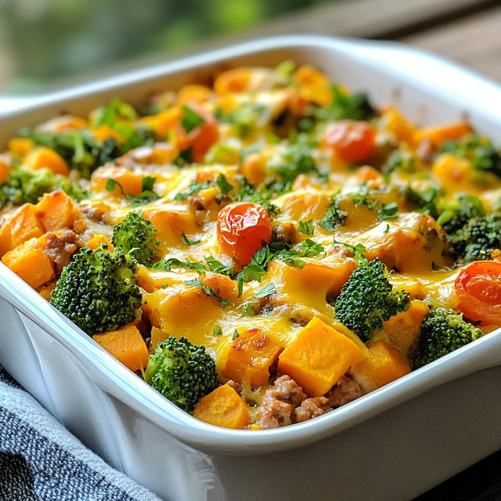 - 1 pound ground turkey - 2 medium sweet potatoes, peeled and diced - 1 cup broccoli florets - 1 cup cherry tomatoes, halved - 1 small onion, diced - 2 cloves garlic, minced Ground turkey makes this dish lean and healthy. Sweet potatoes add natural sweetness and color. Broccoli florets bring crunch and nutrients. Cherry tomatoes add a juicy burst of flavor. - 1 teaspoon smoked paprika - 1 teaspoon cumin - 1 teaspoon dried oregano - Salt and pepper to taste - 2 tablespoons olive oil Smoked paprika gives a warm, smoky flavor. Cumin adds a hint of earthiness. Dried oregano enhances the herb taste. Olive oil helps everything cook well and adds richness. - 1 cup shredded sharp cheddar cheese - Fresh parsley, chopped (for garnish) Sharp cheddar cheese melts beautifully and adds creaminess. Fresh parsley gives a pop of color and freshness. This dish looks as good as it tastes! {{ingredient_image_1}} - Preheat your oven to 400°F (200°C). This step is key. A hot oven cooks the sweet potatoes well. - Peel and dice your sweet potatoes. Chop your broccoli into small florets. Halve the cherry tomatoes. Dice the onion and mince the garlic. This makes cooking easier. - In a large skillet, heat 1 tablespoon of olive oil over medium heat. Add the diced onion and minced garlic. Sauté until they smell great and turn soft, about 3-4 minutes. - Next, add the ground turkey to the skillet. Sprinkle in smoked paprika, cumin, oregano, salt, and pepper. Cook this until the turkey is brown and no longer pink, which takes about 5-6 minutes. - In a big mixing bowl, combine your diced sweet potatoes, broccoli florets, and halved cherry tomatoes. Drizzle with 1 tablespoon of olive oil and toss to coat. Season with salt and pepper to taste. - Spread this vegetable mix evenly on the bottom of a greased 9x13 inch baking dish. Layer the cooked turkey mixture on top of the vegetables. - Lastly, sprinkle shredded cheddar cheese evenly over the turkey layer. This will melt and make everything delicious. - Cover your baking dish with aluminum foil. Bake for 20 minutes. This helps steam the sweet potatoes. - After 20 minutes, remove the foil. Bake for an additional 10-15 minutes. Check if the sweet potatoes are tender. The cheese should be melted and bubbly. This is when it’s perfect to take out! To bake sweet potatoes well, choose firm ones. Wash them, peel, and dice into even pieces. This helps them cook evenly in the oven. Always preheat your oven to 400°F (200°C) for best results. When cooking turkey, use a meat thermometer. The turkey should reach 165°F (74°C). This ensures it is safe to eat. Cook it until it turns brown and no longer pink. To boost flavor, try adding spices like chili powder or cayenne pepper. Fresh herbs, such as thyme or basil, also add great taste. You can also mix in some lemon zest for a fresh twist. If you want a cheese alternative, try mozzarella or goat cheese. These options melt nicely and add different flavors. When cooking for more people, double the ingredients. Use a larger baking dish, like a 12x18 inch pan. This will help you serve many guests at once. Meal prepping is a smart way to save time. You can assemble the dish a day ahead. Just cover it and store it in the fridge. When ready to eat, bake it straight from the fridge. For freezing, let the dish cool first. Wrap it tightly in foil or use an airtight container. It can last up to three months in the freezer. To reheat, bake it at 350°F (175°C) until hot throughout. Pro Tips Use Fresh Ingredients: Always opt for fresh vegetables and herbs to enhance the flavor and nutritional value of your dish. Customize Your Seasoning: Feel free to adjust the spices and herbs according to your taste preferences or try adding some heat with chili powder or cayenne pepper. Make It a Meal Prep: This dish can be made ahead of time and stored in the fridge for up to 3 days or frozen for later use, making it perfect for meal prepping. Experiment with Cheese: While sharp cheddar is delicious, don’t hesitate to try other cheeses like mozzarella or pepper jack for a different flavor profile. {{image_2}} You can switch out ground turkey for other proteins. Chicken or beef work well. They add a different taste but keep the bake hearty. If you want a lighter flavor, try turkey. You can also change the vegetables in this dish. Spinach adds a nice green touch. Bell peppers bring sweetness and crunch. Feel free to mix and match your favorites. If you need a gluten-free meal, use gluten-free breadcrumbs or skip them altogether. The dish will still taste great and hold up well. For vegetarian or vegan diets, replace the turkey with lentils or chickpeas. Use plant-based cheese for a creamy topping. This makes the dish hearty without meat. To give your bake a Southwest flair, add a seasoning blend of chili powder and cumin. This will give it a warm kick. For a Mediterranean twist, toss in olives and crumbled feta cheese. This adds a salty burst that pairs well with sweet potatoes. Both variations take the dish to a new level of flavor. After you enjoy your Sweet Potato Ground Turkey Bake, store any leftovers in the fridge. To keep it fresh, use airtight containers. Glass or plastic containers work well. Make sure to let the dish cool down a bit before sealing it. This way, it stays tasty for your next meal. If you want to save some for later, freezing is a great option. First, let the bake cool completely. Then, cut it into portions. Wrap each portion tightly in plastic wrap and then put it in a freezer-safe bag. Make sure to press out any air to prevent freezer burn. When you're ready to eat, thaw it overnight in the fridge. To reheat, pop it in the oven at 350°F (175°C) until warm. You can also microwave it if you're in a hurry. In the fridge, the Sweet Potato Ground Turkey Bake lasts about 3 to 4 days. If you freeze it, it can stay good for up to 3 months. Just remember to label your containers with the date. This helps you keep track of how long it’s been stored. Enjoy knowing you have a hearty meal ready to go! Yes, you can use other ground meats. Ground chicken or beef works well too. If you use chicken, cook it for about 5-7 minutes. For beef, aim for 6-8 minutes. Adjust the cooking time based on the meat you choose. Taste and spice levels may change, so keep that in mind. To check the bake, look for a few signs. The sweet potatoes should be soft when pierced with a fork. The turkey must reach an internal temperature of 165°F (74°C). The cheese will be melted and bubbly, too. These signs mean your dish is ready to eat. Yes, you can prepare this dish ahead of time. Cook the turkey and veggies, then layer them in the baking dish. Cover it and store it in the fridge for up to 24 hours. When ready to cook, bake it straight from the fridge. You may need to add a few extra minutes to the baking time. This blog post covered a delicious bake with ground turkey, sweet potatoes, and broccoli. We explored seasonings, cooking steps, and serving tips. I shared ways to customize the dish and store leftovers. You can easily adjust for dietary needs or try new flavors. From prepping to baking, you now have the tools to create a great meal. Enjoy cooking and sharing it with others!