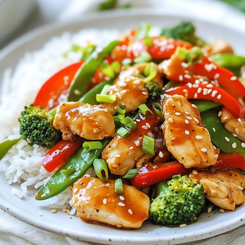 To make this easy Asian chicken stir fry, you need simple and fresh items. Here’s what you'll need: - 2 boneless, skinless chicken breasts, sliced thinly - 2 tablespoons soy sauce - 1 tablespoon sesame oil - 1 tablespoon fresh ginger, minced - 2 cloves garlic, minced - 1 red bell pepper, sliced - 1 cup broccoli florets - 1 cup snap peas - 2 green onions, chopped - 1 tablespoon cornstarch - 1/4 cup chicken broth - 1 tablespoon honey - Salt and pepper to taste - Cooked jasmine rice or noodles, for serving These ingredients create a flavorful stir fry. The chicken gives protein, while the veggies add color and crunch. You can adjust the stir fry to match your taste. Here are some optional ingredients: - Carrots, sliced - Mushrooms, sliced - Bok choy - Peppers, like yellow or green - Extra sauces like hoisin or chili sauce Feel free to mix and match these options. This helps make the dish your own. Each serving of this stir fry is balanced and tasty. Here’s the nutritional info per serving: - Calories: 300 - Protein: 28g - Carbohydrates: 30g - Fat: 10g - Fiber: 4g This dish is a great choice for a quick meal. It’s healthy, colorful, and packed with flavor. {{ingredient_image_1}} First, take your two boneless, skinless chicken breasts. Slice them thinly. Place the chicken in a medium bowl. Add two tablespoons of soy sauce, one tablespoon of cornstarch, and a pinch of salt and pepper. Toss everything to coat the chicken. Let it marinate for 15 minutes. This step adds flavor and helps tenderize the meat. Next, heat one tablespoon of sesame oil in a large skillet or wok on medium-high heat. Once hot, add the marinated chicken. Stir-fry for about 5 to 7 minutes. Cook until the chicken turns golden brown and is fully cooked. Remove the chicken from the skillet and set it aside. This keeps the chicken juicy and flavorful. Now, in the same skillet, add two cloves of minced garlic and one tablespoon of minced ginger. Cook for about 30 seconds until fragrant. Then, add one sliced red bell pepper, one cup of broccoli florets, and one cup of snap peas. Stir-fry these for 4 to 5 minutes. The goal is to keep the colors bright and the veggies tender-crisp. Return the cooked chicken to the skillet. In a small bowl, mix 1/4 cup of chicken broth, one tablespoon of honey, and more soy sauce if you like. Pour this sauce over the chicken and veggies. Stir well to combine. Cook for an extra 1 to 2 minutes. This step melds all the flavors together. Finally, toss in two chopped green onions before serving. Enjoy your colorful dish over jasmine rice or noodles! To make a great stir fry, focus on high heat. Use a large skillet or wok. This helps the chicken and veggies cook fast. Cook the chicken in batches if needed. It keeps everything from steaming. Always prep your ingredients before you start. This makes cooking smooth. Cut chicken and vegetables into similar sizes. This ensures even cooking. When stir-frying, keep the food moving. Toss the chicken and veggies often. This helps them brown nicely. It also avoids burning. You can swap chicken for tofu or shrimp. This keeps the dish exciting. Try adding carrots or mushrooms for more flavor. Snow peas or bell peppers are also great choices. If you need a gluten-free option, use tamari instead of soy sauce. You can also add chili flakes for heat. For a sweeter taste, use maple syrup instead of honey. This adds a unique twist. Don’t overcrowd the pan. Overcrowding can lead to steaming. This makes the chicken chewy and the veggies soggy. Be careful not to overcook the garlic and ginger. They can burn fast and taste bitter. Finally, taste the sauce before serving. Adjust salt or sweetness as you like. A quick taste can make a big difference! Pro Tips Marinating Matters: Allowing the chicken to marinate for at least 15 minutes helps infuse it with flavor and tenderness. High Heat Stir-Fry: Make sure your skillet or wok is hot before adding the chicken to achieve that perfect sear. Vegetable Variety: Feel free to mix in other vegetables like carrots or zucchini for added color and nutrients. Serving Suggestions: Serve your stir-fry with a sprinkle of sesame seeds and fresh cilantro for an extra burst of flavor. {{image_2}} You can easily make this dish vegetarian or vegan. Instead of chicken, try using tofu or tempeh. Both options soak up flavors well. Press and cube the tofu before marinating. You can also replace chicken broth with vegetable broth. For a fishy taste, add a splash of soy sauce or miso. This stir fry can use many proteins. Try shrimp, beef, or pork for a twist. Slice the protein thinly for quick cooking. Cook times may change, so keep an eye on your meat. Cook shrimp for just 3-4 minutes. Beef or pork needs about 5-6 minutes. You can amp up the flavor with simple tweaks. Add chili flakes for heat or sesame seeds for crunch. A splash of rice vinegar gives a tangy kick. If you love garlic, double the amount for a stronger taste. Adjust the sweetness by adding more honey or even a splash of orange juice. To store your Easy Asian Chicken Stir Fry, let it cool down first. Place it in an airtight container. It will stay fresh in the fridge for up to three days. Make sure to label the container with the date. This way, you know when it was made. If you want to keep it longer, freezing is a great option. Pack the stir fry in freezer-safe bags. Remove as much air as possible to prevent freezer burn. It can last for up to three months in the freezer. When ready to eat, just thaw it in the fridge overnight. When it's time to reheat, use a skillet for the best taste. Heat it over medium heat, adding a splash of chicken broth or water. This keeps it moist and tasty. Stir it often until it’s heated through. You can also use the microwave, but make sure to cover it to avoid drying out. Yes, you can prepare this dish ahead of time. Cook the chicken and veggies, then cool them. Store them in the fridge for up to three days. When ready to eat, just reheat in a pan. Add a splash of soy sauce for extra flavor. Stir fry loves fresh, bright veggies. Here are some great options: - Bell peppers - Broccoli - Snap peas - Carrots - Zucchini - Mushrooms These veggies add color and crunch. Feel free to mix and match based on your taste. To make this stir fry gluten-free, use gluten-free soy sauce. Look for tamari, as it is a good option. Check labels on other ingredients like chicken broth and cornstarch to ensure they are gluten-free. Enjoy your tasty meal worry-free! In this blog post, we explored the key ingredients needed for a delicious stir fry, from the main chicken and optional additions to the nutritional benefits. Next, I guided you through the steps to prepare, cook, and combine flavors for a perfect meal. I shared tips for cooking, ingredient swaps, and avoiding common mistakes to make your stir fry a success. We also looked at variations, storage methods, and commonly asked questions. Stir frying is fun and versatile. Experiment and enjoy this tasty dish that fits your needs!