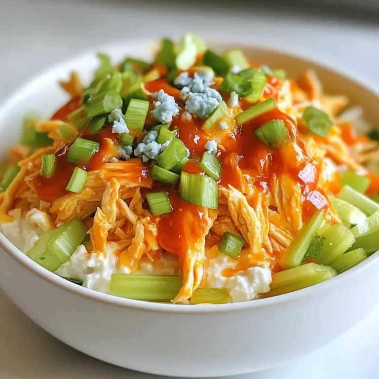 - 1 cup cooked shredded chicken - 1/4 cup buffalo sauce - 1 cup cottage cheese - 1/2 cup celery, diced - 1/2 cup carrots, shredded - 1/4 cup green onions, chopped - 1/4 cup blue cheese crumbles (optional) - Salt and pepper to taste - Fresh parsley for garnish (optional) You can swap out the cooked chicken for shredded turkey or even tofu for a veggie twist. If you want less spice, use a milder sauce instead of buffalo sauce. Plain yogurt can replace cottage cheese if you prefer a creamier base. For crunch, try bell peppers in place of celery. Each serving offers about 400 calories. You get 35 grams of protein, which helps keep you full. With 20 grams of fat, it has healthy fats from the cheese and sauce. This bowl also gives you fiber from the veggies, around 5 grams per serving. It’s a filling meal with a nice balance of nutrients! {{ingredient_image_1}} First, grab your cooked shredded chicken. Place it in a mixing bowl. Pour in the buffalo sauce. Mix well until the chicken is coated fully. This step gives the chicken that spicy kick. It should look vibrant and tempting. Now, take your serving bowls. Spoon in 1 cup of cottage cheese into each bowl. This creamy base balances the heat from the chicken. Next, layer the spicy buffalo chicken mixture right on top of the cottage cheese. Add the diced celery and shredded carrots next. They offer a nice crunch and freshness. Now sprinkle the chopped green onions on top. If you like blue cheese, add the crumbles for extra flavor. Finally, season with salt and pepper to suit your taste. Garnish with fresh parsley if you want a pop of color. Serve the bowls right away for the best taste. Enjoy the creamy, spicy goodness! This dish is great for lunch or dinner. You can also share it with friends during game day. To boost the flavor of your spicy buffalo chicken cottage cheese bowl, try these tips: - Add spices: Sprinkle garlic powder or onion powder for extra taste. - Use fresh herbs: Fresh cilantro or dill can brighten the dish. - Mix in hot sauce: A dash of your favorite hot sauce can add more heat. - Experiment with cheese: Try feta or pepper jack for a twist. If you have leftovers, store them well. Follow these simple steps: - Use airtight containers: This keeps the dish fresh and tasty. - Separate components: Store chicken and veggies apart from cottage cheese. - Refrigerate promptly: Place leftovers in the fridge within two hours. Meal prepping makes this dish even easier. Here are some ideas: - Make a large batch: Cook more chicken and buffalo sauce ahead of time. - Pre-portion servings: Fill small containers with cottage cheese and chicken. - Chop veggies in advance: Dice celery and shred carrots for quick assembly. These tips will help you enjoy your spicy buffalo chicken cottage cheese bowl even more! Pro Tips Use Fresh Ingredients: Fresh vegetables like celery and carrots not only add crunch but also enhance the overall flavor of the bowl. Control the Heat: Adjust the amount of buffalo sauce to suit your spice preference. Start with less and add more if you like it spicier. Opt for Low-Fat Cottage Cheese: If you're looking for a lighter option, low-fat cottage cheese can be a delicious alternative without sacrificing creaminess. Garnish for Presentation: A sprinkle of fresh parsley or additional green onions can elevate the dish's presentation and add a fresh flavor. {{image_2}} To make this dish lighter, swap out some ingredients. Use low-fat cottage cheese instead of regular. This cuts calories but keeps the creamy texture. You can also use grilled chicken instead of shredded chicken. Grilling adds flavor without extra fat. Another tip is to reduce the buffalo sauce. Just a splash can keep the taste while lowering calories. If you want a meat-free option, use chickpeas. They add protein and a nice bite. Mash them slightly and mix with buffalo sauce. This will give you a tasty veggie blend. Another option is to use grilled tofu. Tofu is a great sponge for flavors. Just marinate it in buffalo sauce before grilling. You still get that spicy kick! You control the heat! If you like it mild, use less buffalo sauce. You can also mix in some ranch dressing to tone it down. For those who love heat, add sliced jalapeños on top. You can even use a hotter sauce, like habanero. Just remember to taste as you go. Adjust to your liking for the perfect spicy bowl. Store the Spicy Buffalo Chicken Cottage Cheese Bowl in the fridge. Use an airtight container. It stays fresh for up to three days. If you have leftovers, this helps keep the flavors intact. Make sure the bowl is cool before sealing it. You can freeze the chicken mixture for later use. Place it in a freezer-safe bag. Remove as much air as possible before sealing. This mix will last up to two months in the freezer. However, avoid freezing the cottage cheese. It does not thaw well and changes texture. To reheat, thaw the chicken mixture overnight in the fridge if frozen. Warm it in a microwave or on the stove. Heat until it reaches a safe temperature, about 165°F. If you prefer, add fresh cottage cheese after reheating. This keeps it creamy and delicious. Enjoy your bowl warm! Yes, you can use other proteins in this dish. Grilled shrimp or turkey works well. You can also use tofu for a plant-based option. Each protein gives a unique flavor and texture. Just adjust the cooking time if needed. If you want a different base, try Greek yogurt or ricotta cheese. Both options add creaminess. You can even use hummus for a fun twist. Each choice brings a different taste and texture to the dish. To tone down the heat, reduce the buffalo sauce amount. You can also mix in some plain yogurt or sour cream. Adding more cottage cheese can help balance the spice too. Adjust these elements until it suits your taste. This blog post covers everything you need to make a tasty Spicy Buffalo Chicken Bowl. We discussed key ingredients, substitutions, and nutritional values. I provided clear steps for preparation, assembly, and serving. You learned handy tips for better flavor and storage. Plus, we explored fun variations and answered common questions. Now you can enjoy this dish with ease. Remember, you can customize it to suit your taste. Happy cooking!
