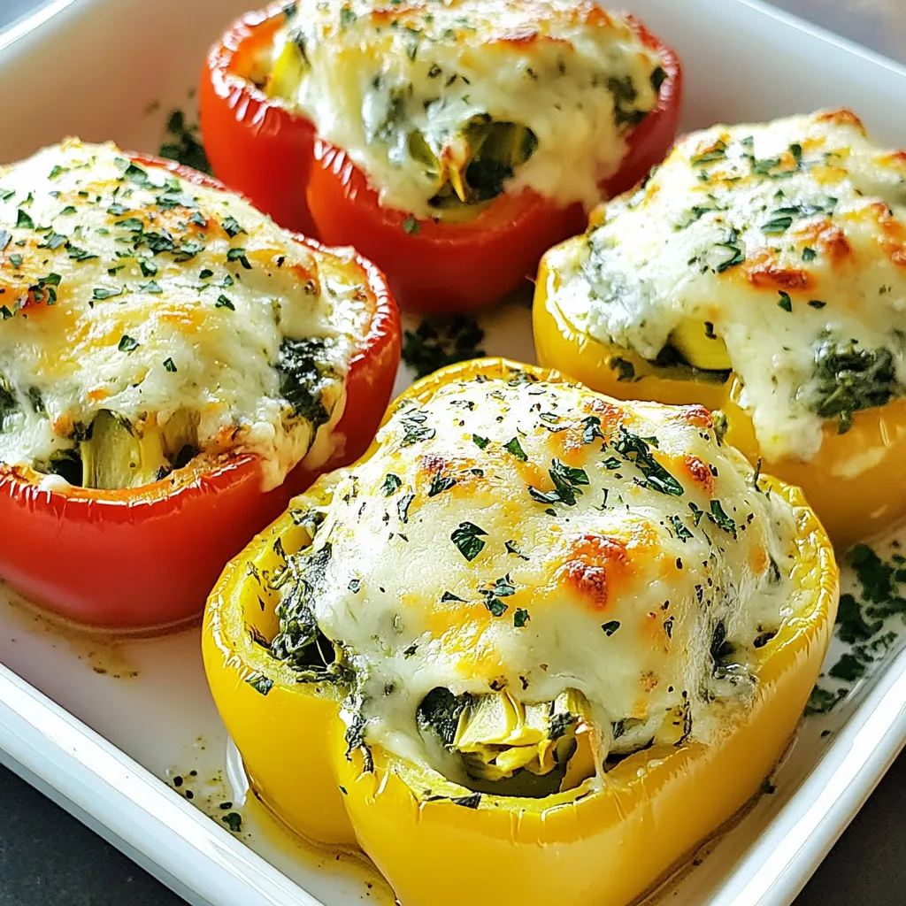 To make your Spinach Artichoke Stuffed Peppers, gather these ingredients: - 4 large bell peppers (any color) - 1 cup fresh spinach, chopped - 1 cup artichoke hearts, drained and chopped - 1 cup cream cheese, softened - 1/2 cup sour cream - 1 cup shredded mozzarella cheese, divided - 1/4 cup grated Parmesan cheese - 2 cloves garlic, minced - 1 teaspoon lemon juice - 1/2 teaspoon red pepper flakes (optional) - Salt and pepper to taste - Olive oil for drizzling These ingredients combine beautifully to create a tasty dish. The creamy filling pairs well with the sweet peppers. Each serving of Spinach Artichoke Stuffed Peppers contains: - Calories: 350 - Protein: 12g - Carbohydrates: 20g - Fat: 25g - Fiber: 3g - Sodium: 500mg These numbers can vary based on the exact brands and amounts you use. This dish is a good source of protein and fiber, making it a nutritious choice. If you need alternatives, here are some ideas: - Vegan Options: Replace cream cheese with cashew cream or a vegan cream cheese. Use vegan mozzarella cheese for the topping. - Low-Fat Options: Choose low-fat cream cheese and sour cream. You can also use less cheese overall. - Gluten-Free: This recipe is naturally gluten-free, so you can enjoy it without worry. Feel free to mix and match these suggestions based on your dietary needs. Cooking should be fun and suit your preferences. {{ingredient_image_1}} Start by preheating your oven to 375°F (190°C). This helps the cheese melt perfectly. Next, take four large bell peppers. Cut the tops off and remove the seeds and membranes. This makes room for the filling. Lightly drizzle olive oil on the outside of the peppers. This adds flavor and helps them cook nicely. Place the peppers upright in a baking dish. In a bowl, mix together the softened cream cheese, sour cream, chopped spinach, and chopped artichoke hearts. Add half of the shredded mozzarella, Parmesan cheese, minced garlic, lemon juice, red pepper flakes, salt, and pepper. This mixture is the heart of the dish. Stir until everything is well blended. Now, spoon the spinach and artichoke mix into each pepper. Pack it tightly and mound it at the top. This makes them look great and ensures every bite is tasty. After filling the peppers, sprinkle the remaining mozzarella cheese on top of each one. This creates a cheesy crust. Cover the baking dish with aluminum foil and place it in the preheated oven. Bake for 25 to 30 minutes. This allows the peppers to soften and the flavors to meld. After this time, carefully remove the foil. Bake for an additional 10 to 15 minutes. You want the cheese to turn golden and bubbly. Once done, let the stuffed peppers cool for a bit. This helps avoid burning your mouth! Serve them on a large platter. For a fun touch, sprinkle chopped parsley on top or drizzle some balsamic glaze for color. This makes the dish look even more appealing. Enjoy your delicious, healthy meal! Start by cutting the tops off the peppers. Remove seeds and membranes carefully. This makes space for your filling. Make sure to pack the filling tightly. You want each pepper to be full. Mound the mixture slightly on top. This way, you get more flavors in each bite. Cheese makes everything better! You can use mozzarella for a classic taste. For a sharper flavor, try adding cheddar or gouda. Feta cheese gives a nice tang, too. Mix different cheeses for a more complex taste. Just remember to adjust the amount of salt, based on the cheese you choose. You don’t have to bake stuffed peppers in the oven. The air fryer cooks them faster and gives a nice crisp. Set the air fryer to 370°F (188°C) and cook for 15-20 minutes. If you grill them, wrap the peppers in foil. This keeps them moist while they cook. Grilling adds a smoky flavor that’s hard to beat. Pro Tips Choose Colorful Peppers: Using a mix of red, yellow, and green bell peppers not only makes the dish visually appealing but also adds subtle flavor variations. Fresh Ingredients Matter: Opt for fresh spinach and artichokes for a brighter taste. Canned artichokes can be used, but rinse them well to reduce excess salt. Make Ahead: You can prepare the stuffed peppers a day in advance. Just cover them with plastic wrap and store them in the refrigerator until you’re ready to bake. Experiment with Cheese: Feel free to mix different cheeses like feta or cheddar for a unique twist on the classic flavor profile. {{image_2}} You can change the filling to suit your taste. Try adding cooked chicken for protein. Crab meat is a fun option too. You can also use different cheeses. Feta or goat cheese adds a nice tang. For a vegetarian twist, add mushrooms or zucchini. Mixing in sun-dried tomatoes gives a burst of flavor. The key is to blend and match ingredients you love. If you want to switch things up, use other veggies. Zucchini or eggplant makes a great base. Hollow them out just like you do with peppers. You can also use portobello mushrooms. They hold the filling well and add a rich taste. These alternatives can change the dish's texture and flavor while keeping it delicious. For those who like heat, add jalapeños to your filling. Dice them finely for a kick without too much fire. You can also sprinkle some cayenne pepper into the mix. A dash of hot sauce can liven up the dish too. If you want extra spice, top with pepper jack cheese. These twists will make your stuffed peppers exciting and flavorful. To keep your stuffed peppers fresh, let them cool down first. Use an airtight container to store leftovers. They can stay in the fridge for up to 3 days. If you want to keep them longer, freezing is a great option. When you're ready to enjoy your leftovers, preheat your oven to 350°F (175°C). Place the stuffed peppers in an oven-safe dish. Cover with foil to keep them moist. Heat for about 20 minutes or until they are warm throughout. You can also microwave them for a faster option. Just make sure to cover them to prevent drying out. These stuffed peppers freeze well! Wrap each pepper individually in plastic wrap. Then, place them in a freezer bag. They can last for up to 3 months in the freezer. When you're ready to eat, thaw them in the fridge overnight. Reheat as mentioned above for a delicious meal. Yes, you can prepare these peppers ahead. Stuff them and store them in the fridge. Cover the dish tightly with plastic wrap. They can be stored for a day or two. When ready to bake, just remove the wrap and heat them. The baking time may need slight adjustments. If you want a substitute for cream cheese, try ricotta cheese or Greek yogurt. Both options add creaminess but change the flavor a bit. You can also use vegan cream cheese for a dairy-free option. Just ensure it has a similar texture. Check the peppers after baking for 25-30 minutes. They should be tender and the cheese bubbly. The tops should be golden brown. A fork should easily pierce the peppers. If needed, bake for a few more minutes until perfect. Yes, these stuffed peppers are a healthy choice. They are rich in vitamins from spinach and artichokes. Bell peppers are low in calories and high in fiber. The recipe uses cream cheese and sour cream, so you can adjust them for a lighter meal. In this article, we covered how to make delicious Spinach Artichoke Stuffed Peppers. You now know the key ingredients, step-by-step instructions, and tips for perfecting your dish. We also explored fun variations and how to store leftovers properly. Remember, you can mix and match ingredients to suit your taste. I hope you feel ready to try these tasty stuffed peppers. Enjoy cooking and savoring every bite!