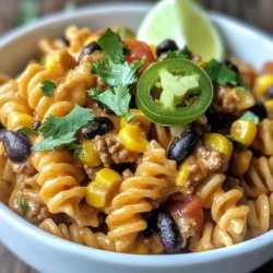 To make One-Pot Creamy Taco Pasta, gather these simple items: - Pasta: 12 oz. rotini or penne - Protein: 1 lb ground turkey or beef - Vegetables: 1 medium onion (diced), 2 cloves garlic (minced), 1 can black beans (15 oz, rinsed and drained), 1 cup corn (fresh, frozen, or canned), 1 cup diced tomatoes (with juices) - Seasonings: 1 packet taco seasoning, salt, pepper - Liquids: 4 cups chicken or vegetable broth, 1 cup heavy cream - Toppings: 1 cup shredded cheddar cheese, chopped fresh cilantro, sliced jalapeños (optional) Each ingredient plays a key role. The pasta holds the creamy sauce. The protein adds heartiness and flavor. Vegetables bring color and nutrition. Seasonings give that delicious taco taste. Liquids create the sauce, while toppings add a finishing touch. When cooking, choose fresh, high-quality ingredients. This will make your dish even tastier. Enjoy the process of preparing this delightful meal! {{ingredient_image_1}} To start, take a large pot or a Dutch oven. Heat a small amount of olive oil over medium heat. Add the diced onion and sauté it for about 3 to 4 minutes. You want the onion to become soft and clear. Then, add the minced garlic. Cook this for about 1 to 2 minutes. You’ll know it’s ready when you smell the garlic. Next, it’s time for the meat. Add 1 pound of ground turkey or beef to the pot. Use a spoon to break it up as it cooks. Brown the meat for about 5 to 7 minutes. Make sure it is fully cooked with no pink left. If there is too much fat, drain it off. Now, let’s add some flavor! Stir in a packet of taco seasoning. Mix it well so the meat and onions are coated. This is where the magic starts! Then, add the pasta to the pot. You can use 12 ounces of rotini or penne. Pour in 4 cups of chicken or vegetable broth. Also, add 1 can of rinsed black beans, 1 cup of corn, and 1 cup of diced tomatoes with their juices. Stir everything together well. Bring the mixture to a boil. Once boiling, lower the heat to medium-low. Cover the pot and let it simmer for about 12 to 15 minutes. Stir it occasionally to keep the pasta from sticking. You want the pasta to be just right, or al dente. When the pasta is ready, it’s time for the creaminess! Stir in 1 cup of heavy cream and 1 cup of shredded cheddar cheese. Keep stirring until everything melts and becomes creamy. If it feels too thick, you can add a bit more broth until it reaches the right texture. Finally, taste your dish. Add salt and pepper as needed. Don’t forget to garnish with fresh cilantro and sliced jalapeños if you like some heat! To enhance the creaminess of your One-Pot Creamy Taco Pasta, use high-quality heavy cream. You can also add a bit of cream cheese for extra richness. If you want more flavor, stir in a splash of lime juice. It brightens the dish and balances the creaminess well. For seasoning adjustments, taste the pasta before serving. If it needs more kick, add a pinch of chili powder or cayenne. You can also add a bit more taco seasoning if you want a stronger flavor. To prevent pasta from sticking, make sure to stir it well during cooking. This keeps it from clumping together. Adding a little olive oil to the pot can also help. Keep an eye on the heat; if it’s too high, the pasta can stick. Choosing the right pot is key. A large pot or Dutch oven works best. It gives enough space for the pasta to cook evenly and for the sauce to blend well. The wider the pot, the better it prevents sticking. For presentation ideas, serve the pasta in deep bowls. Top with extra cheese and a sprinkle of cilantro. Adding a lime wedge on the side not only looks good but also adds more flavor. Complementary sides can make the meal more complete. Try serving a simple green salad or some tortilla chips. A side of guacamole or salsa can also be a great addition. This way, you add more texture and flavor to your meal. Pro Tips Tip for Perfect Pasta: Always cook the pasta until al dente, as it will continue to absorb liquid and soften once mixed with the sauce. Customize Your Protein: You can easily swap ground turkey for chicken, beef, or even plant-based meat alternatives for a different flavor profile. Spice It Up: For an extra kick, consider adding diced jalapeños or a dash of hot sauce while cooking. Make It Creamy: If you prefer a creamier texture, feel free to add more heavy cream or a splash of sour cream just before serving. {{image_2}} You can switch out ground turkey or beef for other meats. Chicken works great in this dish. For a leaner option, try ground chicken. If you want to skip meat, go for plant-based crumbles. These substitutes keep the flavor while making it lighter. If you need gluten-free pasta, there are many choices. Brown rice pasta or chickpea pasta can work well. You can also use smaller pasta shapes like elbow macaroni or shells. Each shape adds a unique twist to the dish. Feel free to add more veggies to the mix. Bell peppers, zucchini, or spinach blend nicely. If you want heat, diced green chilies or more jalapeños can spice things up. For a milder taste, skip the spicy ingredients. Customize it to fit your taste! To store leftovers, let the pasta cool first. Then, place it in an airtight container. This helps keep the dish fresh. It can last in the fridge for up to three days. When reheating, add a splash of broth to keep it creamy. Heat on the stove over low heat. Stir often to avoid sticking. You can freeze this dish if you want to save it for later. Let it cool down completely before freezing. Use a freezer-safe container for the best results. It will stay good for about three months. To thaw, move it to the fridge overnight. Reheat on the stove or in the microwave. Add a bit of cream or broth to help with texture. Enjoy your easy meal later! It takes about 30 minutes to make this dish. First, you spend 10 minutes prepping. This includes chopping the onion and mincing the garlic. Next, you cook everything for 20 minutes. You sauté, boil, and simmer until the pasta is just right. Yes, you can prepare this dish ahead of time. Cook it fully and let it cool. Then, store it in an airtight container. When you’re ready to eat, just reheat it on the stove or in the microwave. You may need to add a splash of broth to keep it creamy. For a lighter option, use half-and-half or whole milk. You can also try coconut milk for a dairy-free choice. These alternatives will change the flavor a bit, but they will still taste good. You might want to add a bit more cheese for creaminess. This blog post covered everything you need for One-Pot Creamy Taco Pasta. We explored the key ingredients, step-by-step instructions, and tips for perfect flavor. You learned about variations and how to store leftovers properly. Cooking can be simple and fun with this tasty dish. Don't hesitate to try your own twists! With these guidelines, you can create a meal your family will love. Enjoy cooking and making new memories with this recipe!