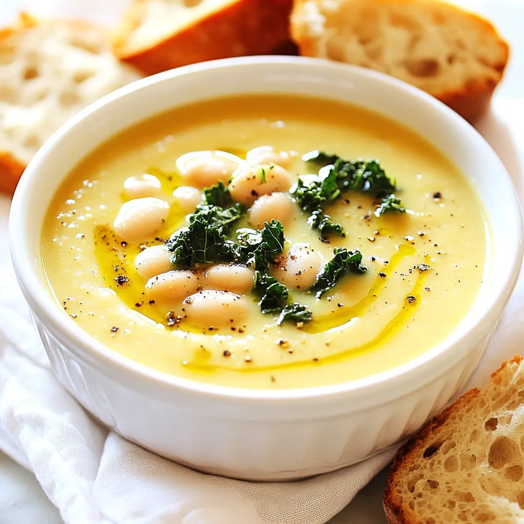 For a cozy bowl of white bean soup, gather these main ingredients: - 2 cups dry white beans (cannellini or great northern), soaked overnight - 1 medium onion, diced - 2 cloves garlic, minced - 3 medium carrots, diced - 2 stalks celery, diced - 4 cups vegetable broth - 1 teaspoon thyme (dried or fresh) - 1 bay leaf - 1 cup kale, chopped - 1 tablespoon olive oil - Salt and black pepper to taste - Juice of 1 lemon These ingredients work together to create a rich and creamy soup. The beans provide a great texture, while the vegetables add depth and flavor. To make your soup even better, consider adding these optional ingredients: - Crusty bread for serving - Fresh herbs like parsley or basil for garnish - A pinch of red pepper flakes for heat These extras can elevate your soup. A slice of crusty bread pairs perfectly for dipping. Fresh herbs add brightness and color. White beans are a great source of protein and fiber. They help keep you full longer. - Onion and garlic boost your immune system and add flavor. - Carrots and celery provide vitamins A and C, promoting good health. - Kale is rich in vitamins K and calcium, supporting bone health. - Olive oil contains healthy fats, good for your heart. Each ingredient contributes to a nutritious meal. This soup is not just tasty; it's also healthy! {{ingredient_image_1}} First, take the dry white beans and soak them overnight. This step helps them cook well. After soaking, drain and rinse the beans. Set them aside for later. Next, chop your vegetables. Dice one medium onion, two cloves of garlic, three medium carrots, and two stalks of celery. Make sure the pieces are small for quick cooking. In a large pot, heat one tablespoon of olive oil over medium heat. Add in the diced onion, garlic, carrots, and celery. Sauté these for about five to seven minutes until they soften. Then, add the soaked beans, four cups of vegetable broth, one teaspoon of thyme, and one bay leaf. Sprinkle in a generous pinch of salt and black pepper. Bring this mix to a boil. Once it boils, turn down the heat and let it simmer for 45 to 60 minutes. This time lets the beans become tender and soak up all the flavors. When the beans are soft, remove the bay leaf from the pot. Now, use an immersion blender to puree the soup until it is smooth. If you don't have an immersion blender, you can blend it in batches using a regular blender. Just be careful with the hot soup. After blending, stir in one cup of chopped kale and the juice of one lemon. Cook this for an additional five to ten minutes until the kale is tender. Taste the soup and adjust the seasoning with salt and pepper if needed. Serve it hot, maybe with some crusty bread for a perfect meal. To make your white bean soup creamy, you need to blend it well. After cooking, use an immersion blender to puree the soup. If you don’t have one, pour the soup into a regular blender. Blend it in batches for safety. Creaminess also comes from the beans. Soaking them overnight helps. Soft beans blend better and create a smooth texture. If you prefer a chunkier soup, blend only half of it. Seasoning makes the soup pop. Start with salt and pepper as you cook the vegetables. Add a pinch of salt when you add the beans and broth. Taste the soup as it cooks. This allows you to adjust the salt. Fresh lemon juice brightens the dish. Add it just before serving for the best flavor. If you want more depth, add herbs like thyme or a bay leaf during cooking. Garnishing adds flair to your soup. Drizzle a bit of olive oil on top before serving. This adds richness and looks appealing. You can also sprinkle freshly cracked pepper for a nice touch. For extra color, add a few kale leaves on top. Serve with crusty bread for dipping. The bread complements the soup well. Enjoy with friends or family for a cozy meal! Pro Tips Soak the Beans Properly: Ensure that the beans are soaked overnight to reduce cooking time and improve digestibility. Build Flavor: Sautéing the vegetables until they are softened enhances the soup's depth of flavor, so don't rush this step. Adjust Consistency: If the soup is too thick after blending, you can add more vegetable broth or water to reach your desired consistency. Garnishing Tips: Serve with a drizzle of high-quality olive oil and a sprinkle of freshly cracked pepper for a gourmet touch. {{image_2}} You can add protein to your white bean soup for extra flavor and nutrition. Popular options include diced ham, cooked sausage, or shredded chicken. If you prefer plant-based proteins, try adding lentils or tempeh. These choices provide a heartier meal while keeping the soup delicious and filling. Simply add your chosen protein during the cooking process. Allow it to simmer with the beans and broth for great taste. If you enjoy a bit of heat, consider making a spicy version of this soup. You can add crushed red pepper flakes or diced jalapeños to the pot. Start with a small amount and taste as you go. This way, you control the spice level. For a smoky flavor, try adding smoked paprika. The heat pairs wonderfully with the creamy white beans and the savory broth. Herbs and spices can transform your white bean soup. Fresh herbs like parsley or cilantro can brighten the flavor. You might also use rosemary or sage for a warm, earthy taste. If you want to add depth, consider using cumin or coriander. These spices enhance the soup's flavor and create a unique twist. Experiment with different combinations to find your favorite! To keep your white bean soup fresh, use an airtight container. Let the soup cool first. Once it is cool, transfer the soup to the container. It will stay good in the fridge for about three days. Make sure to label the container with the date. This way, you’ll know how long it’s been stored. If you want to keep the soup longer, freezing works great. Pour the cooled soup into freezer-safe bags or containers. Leave some space at the top, as the soup will expand when it freezes. You can freeze the soup for up to three months. When you're ready to eat it, just take it out and let it thaw in the fridge overnight. To reheat your soup, pour it into a pot over medium heat. Stir it often until it is hot throughout. If the soup seems thick, add a splash of vegetable broth or water. You can also microwave it in a bowl. Heat for one to two minutes, stirring halfway through. Enjoy your comforting soup just like the first time! Yes, you can use canned beans. Canned beans are quick and easy. Look for low-sodium options for a healthier choice. Use about 3 cans for this soup. Just rinse them before adding to the pot. This saves you time and still gives a tasty soup. White bean soup pairs well with many sides. Crusty bread is a classic choice. It’s perfect for dipping! A fresh salad adds a nice crunch. You can also serve it with a side of roasted veggies. These options make the meal more filling and fun. Yes, white beans are very healthy. They are rich in protein and fiber. This helps keep you full and satisfied. They also have vitamins and minerals that support your health. Eating white beans can improve heart health and aid digestion. So, enjoy them often! White bean soup lasts about 4-5 days in the fridge. Be sure to store it in a sealed container. If you want to keep it longer, freeze it. In the freezer, it can last up to 3 months. Just thaw and reheat when ready to enjoy! White bean soup is simple to make and full of taste. We covered the key ingredients and how they boost flavor and nutrition. You learned how to prepare, cook, and blend your soup for the best texture. Don’t forget the tips for seasoning and garnishing! Variations allow you to customize your soup with proteins and spices. I also shared storage tips to keep it fresh. With these steps, you can enjoy delicious white bean soup anytime. Now, get cooking and enjoy this hearty dish!