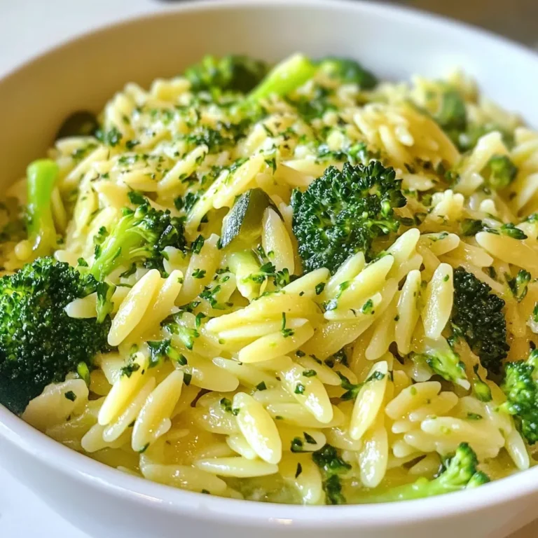 To make Creamy One Pot Broccoli Orzo, you will need: - 1 cup orzo pasta - 2 cups broccoli florets - 4 cups vegetable broth - 1 cup heavy cream (or coconut cream for a dairy-free option) - 1 small onion, finely chopped - 2 cloves garlic, minced - 1/2 cup grated Parmesan cheese (or a vegan alternative) - 1 tablespoon olive oil - 1 teaspoon lemon zest - Salt and pepper to taste - Fresh parsley, chopped (for garnish) You can easily swap some ingredients to fit your needs. If you want a vegan dish, use coconut cream and a vegan cheese. If you don’t have orzo, you can use another small pasta, like ditalini or small shells. For a lighter touch, try using half-and-half instead of heavy cream. You can also add other veggies like peas or spinach for more flavor. This creamy dish is packed with nutrients. One serving has about: - Calories: 400 - Protein: 12g - Carbohydrates: 45g - Fiber: 3g - Fat: 20g These numbers can vary based on your ingredient choices. This meal is a great source of fiber, vitamins, and healthy fats. It’s perfect for a satisfying weeknight meal that fuels your body. {{ingredient_image_1}} This recipe is simple and quick. Start by gathering your ingredients. You will need orzo, broccoli, vegetable broth, heavy cream, onion, garlic, Parmesan cheese, olive oil, lemon zest, salt, and pepper. Chop your onion and mince your garlic. Cut the broccoli into small florets. This makes cooking easier. 1. Heat oil: In a large pot, heat the olive oil over medium heat. 2. Sauté onion: Add the chopped onion. Cook until it’s soft and clear, about 3-4 minutes. 3. Add garlic: Stir in the minced garlic. Cook for 1 minute until it smells good. 4. Toast orzo: Add the orzo pasta. Toast it for 2-3 minutes, stirring often. This step brings out the flavor. 5. Add broth: Pour in the vegetable broth. Bring it to a rolling boil. 6. Add broccoli: Once it boils, lower the heat. Add the broccoli florets. Cover and simmer for 8-10 minutes. Cook until the orzo is soft and most liquid is gone. 7. Mix in cream: Stir in the heavy cream and grated Parmesan cheese. Mix well until it is creamy. 8. Season: Add lemon zest, salt, and pepper to taste. Adjust the flavor as you like. 9. Let it thicken: Remove from heat. Let it sit for a few minutes to thicken. Serve the creamy broccoli orzo warm. Top it with freshly chopped parsley for a nice look and taste. Enjoy this dish as a satisfying weeknight meal! To get the creamiest texture, use heavy cream or coconut cream. Both add richness. Stir in the cheese right after the cream. This helps it melt fully. Use freshly grated cheese for the best results. It blends better than pre-grated options. One common mistake is overcooking the orzo. It should be tender but not mushy. Another mistake is not to toast the orzo first. This step deepens the flavor. Adding broccoli too early can make it too soft. Wait until the orzo is close to done. Lastly, don’t skip the lemon zest. It brightens up the dish. You only need a large pot for this recipe. A wooden spoon helps mix everything well. A measuring cup is handy for the broth and cream. Use a sharp knife for chopping onion and garlic. A cutting board makes prep easier. Keep fresh parsley in a small bowl for garnish. Pro Tips Use Fresh Broccoli: Fresh broccoli florets will provide better flavor and texture compared to frozen. If using frozen, reduce cooking time to avoid mushiness. Toasting Orzo: Toasting the orzo before adding liquid enhances its nuttiness and flavor. Make sure to stir frequently to avoid burning. Adjusting Creaminess: For a creamier texture, allow the orzo to sit off the heat for a few minutes after adding the cream and cheese, as it will thicken during this time. Herb Variations: Experiment with different herbs such as thyme or basil for added flavor. Fresh herbs can be added just before serving for a burst of freshness. {{image_2}} To make this dish dairy-free, swap heavy cream for coconut cream. Coconut cream gives a rich taste without dairy. You can also use a dairy-free cheese option for added flavor. This keeps the creaminess while meeting dietary needs. Adding protein can make this meal heartier. For chicken lovers, diced cooked chicken works well. Simply stir it in with the cream. If you prefer tofu, use firm tofu. Cut it into cubes and sauté it with the onions. This adds protein and texture to your dish. You can change the vegetables based on the season. In spring, add peas or asparagus for a fresh taste. In fall, try roasted butternut squash or kale. These swaps keep the dish exciting and nutrient-rich. Mix and match your favorite vegetables for a personal touch. To store leftover creamy broccoli orzo, let it cool first. Use an airtight container. Place the orzo in the container and seal it tightly. Store it in the fridge for up to three days. This keeps it fresh and tasty. You can freeze this dish too. First, cool the orzo completely. Then, pack it in a freezer-safe bag or container. Make sure to remove as much air as possible. This helps prevent freezer burn. It can last up to three months in the freezer. Label the bag with the date, so you know when you made it. To reheat, take the orzo from the fridge or freezer. If frozen, let it thaw overnight in the fridge. For reheating, place it in a pot over low heat. Add a splash of vegetable broth or cream to make it creamy again. Stir it well until it is warm. You can also use a microwave. Heat in short bursts and stir in between to avoid hot spots. Enjoy your warm and creamy meal! Yes, you can easily make this recipe vegan. Use coconut cream instead of heavy cream. For cheese, choose a vegan alternative to Parmesan. This keeps the dish creamy and flavorful without dairy. To adjust the serving size, change the amount of orzo and broth. For 2 servings, use 1/2 cup of orzo and 2 cups of broth. For 6 servings, use 1 1/2 cups of orzo and 6 cups of broth. Keep the other ingredients in proportion as well. Creamy one pot broccoli orzo pairs well with many dishes. You can serve it with a side salad or some grilled chicken. For a light meal, add crusty bread or garlic toast. These sides will enhance your dining experience. Orzo is not gluten-free since it is made from wheat. If you need a gluten-free option, use gluten-free orzo made from rice or corn. This will keep your dish enjoyable for those with gluten sensitivities. We covered how to make a tasty creamy broccoli orzo dish. I shared ingredient lists, substitutions, and nutritional facts. You learned the steps for cooking and how to make it creamy. I gave tips to avoid common mistakes and the best tools to use. We explored variations for different diets and how to store leftovers. Enjoy making this dish! It’s simple and fun, plus you can adapt it to fit your needs. Now, go create your own delicious version.