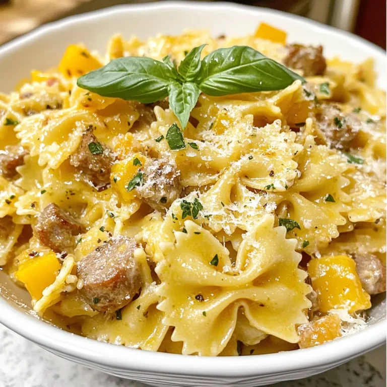 - 12 oz bow tie pasta - 1 lb Italian sausage (mild or spicy based on preference) - 1 tablespoon olive oil - 1 medium onion, chopped - 3 cloves garlic, minced - 1 bell pepper (red or yellow), diced - 1 can (14 oz) diced tomatoes - 1 teaspoon dried oregano - 1 teaspoon dried basil - 1/2 teaspoon crushed red pepper flakes (optional for extra heat) - Salt and pepper to taste - 1/4 cup heavy cream - 1/2 cup grated Parmesan cheese - Fresh basil leaves for garnish For a twist, try adding: - 1/2 cup sliced mushrooms for earthiness. - A splash of white wine for depth. - 1/2 cup spinach for greens. These extras can elevate the dish and enhance its taste. Feel free to swap out some ingredients: - Use whole wheat bow tie pasta for a healthier option. - Replace Italian sausage with ground turkey or chicken for a lighter meal. - For a vegan option, try using plant-based sausage and coconut cream. Experimenting with these variations can lead to new favorites! {{ingredient_image_1}} To start, boil a large pot of water. Add a pinch of salt for flavor. Once boiling, add 12 oz of bow tie pasta. Cook it based on the package instructions, usually around 10-12 minutes. Once done, drain the pasta but save 1/2 cup of the water. Set the pasta aside while you prepare the sauce. Grab a large skillet and heat 1 tablespoon of olive oil over medium heat. Add 1 chopped onion and sauté it for 3-4 minutes until it turns translucent. Next, add 3 minced garlic cloves and 1 diced bell pepper. Cook these for another 2-3 minutes until they smell great. Now, take 1 pound of Italian sausage. Remove the casing and add the sausage to the skillet. Use a wooden spoon to break it up. Cook for about 5-7 minutes until the sausage is browned. Stir in 1 can of diced tomatoes, 1 teaspoon of dried oregano, and 1 teaspoon of dried basil. If you like heat, add 1/2 teaspoon of crushed red pepper flakes. Season with salt and pepper. Let this simmer for 5 minutes. Lower the heat and pour in 1/4 cup of heavy cream. Stir well and heat through for 2-3 minutes. Now, it’s time to mix everything! Toss the cooked bow tie pasta into the skillet with the sauce. If the sauce feels thick, add a splash of your reserved pasta water. This helps make it creamy and smooth. Finally, sprinkle in 1/2 cup of grated Parmesan cheese. Toss everything well until the pasta is coated. Remove from heat and garnish with fresh basil leaves. Serve this delicious dish in large bowls. Top with more Parmesan and a drizzle of olive oil for extra flavor. Enjoy your meal! - Overcooking the pasta: Follow the package time exactly. Test a piece to check doneness. - Not salting the water: Salt your cooking water. It adds flavor to the pasta. - Skipping the reserve water: Always save some pasta water. It helps the sauce stick better. - Use a large pot: A bigger pot gives pasta room to move. This helps it cook evenly. - Stir periodically: Stir the pasta during cooking. This keeps it from sticking together. - Don’t rinse the pasta: Rinsing removes starch. Starch helps sauces cling to the pasta. - Choose mild sausage: If you don’t like heat, go for mild Italian sausage. - Skip the red pepper flakes: Omit these for a non-spicy dish. - Add cream: More heavy cream can balance the heat. Just mix it in slowly. Pro Tips Cook Pasta Al Dente: For the best texture, cook the bow tie pasta until just al dente. It will continue to cook slightly when mixed with the sauce. Customize Spice Level: Adjust the amount of crushed red pepper flakes based on your heat preference. You can also use spicy Italian sausage for an extra kick. Fresh Herbs for Flavor: Using fresh herbs instead of dried can elevate the dish. Add fresh basil just before serving for a burst of freshness. Reserve Pasta Water: Always save some pasta cooking water before draining. It’s a great way to adjust the sauce's consistency without losing flavor. {{image_2}} You can make this dish meat-free by using plant-based sausage. Look for brands that mimic the taste and texture of Italian sausage. You can also add more veggies, like mushrooms or zucchini. These will give the dish more flavor and nutrition. Use vegetable broth instead of meat for a richer sauce. Feel free to swap the Italian sausage for other meats. Ground turkey or chicken work well. You can also use diced pancetta or prosciutto for a different taste. Just make sure to cook them fully, similar to the sausage. Each meat will give the dish a unique twist. If you want to try a different sauce, consider using marinara or Alfredo. A marinara sauce will give you a classic Italian flavor. For a creamy twist, use Alfredo and skip the heavy cream. You can also experiment by adding pesto for a fresh, herby taste. Each sauce can change the vibe of your meal! After enjoying your meal, let the leftovers cool down. Place them in an airtight container. This keeps the flavors fresh. Store the container in the fridge. Your bow tie pasta with Italian sausage will stay good for about 3 to 4 days. If you want to save it longer, consider freezing. To reheat, you have a few options. The microwave is quick and easy. Place the pasta in a microwave-safe dish. Add a splash of water to keep it moist. Cover it and heat for 1 to 2 minutes. Stir halfway through for even heating. You can also use a skillet. Heat it on low, adding a bit of water or olive oil. Stir until warm. Freezing is a great way to save this dish. Use a freezer-safe container or bag. Make sure to remove as much air as possible. Label the container with the date. It will last for up to 2 months in the freezer. When ready to eat, thaw it overnight in the fridge. Reheat as described above. Enjoy your meal anytime! Yes, you can use other pasta shapes. Penne or fusilli work well too. Just cook them according to the package directions. The key is to pick a shape that holds sauce well. This way, every bite is tasty! You can use half-and-half or whole milk as a lighter option. For a dairy-free choice, try coconut milk or cashew cream. These options create a creamy texture without heavy cream. Just remember, the flavor will change slightly based on what you choose. The sausage is done when it is no longer pink inside. You can also use a meat thermometer. The internal temperature should reach 160°F. This ensures it's safe to eat. Always break it apart while cooking. This helps it cook evenly and faster. This blog post covered all you need to know about making a great bow tie pasta dish. We explored the key ingredients, shared flavor options, and looked at cooking steps that guarantee success. I provided tips to help you avoid common mistakes and simple ways to adjust flavors. Plus, you now have easy variations for different tastes. As you make this dish, remember to enjoy the process and get creative with your flavors. Happy cooking!