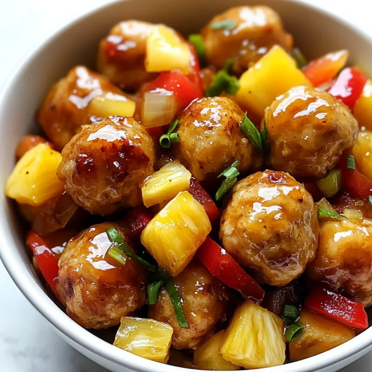 - 1 lb ground chicken - 1/4 cup breadcrumbs - 1/4 cup grated Parmesan cheese - 1 egg, beaten - 2 cloves garlic, minced - Salt and pepper to taste - 1 cup pineapple chunks (fresh or canned) - 1/2 cup bell peppers, diced (red and green) The main ingredients for sweet and sour chicken meatballs are simple yet flavorful. Ground chicken forms the base. It’s lean and cooks well. Breadcrumbs add texture, while Parmesan cheese gives a nice salty taste. The egg helps bind everything together. You’ll also need minced garlic, salt, and pepper for extra flavor. Pineapple chunks bring sweetness, and diced bell peppers add crunch and color. - 1/4 cup soy sauce - 1/4 cup honey - 2 tablespoons apple cider vinegar - 1 tablespoon cornstarch (mixed with 2 tablespoons water for thickening) The sauce ingredients are key to making this dish shine. Soy sauce adds umami, while honey balances with sweetness. Apple cider vinegar gives a little tang. To thicken the sauce, use cornstarch mixed with water. This mixture helps create a smooth texture that coats the meatballs perfectly. - Garlic, salt, and pepper For seasoning, stick with garlic, salt, and pepper. These basics elevate the dish without overwhelming it. The garlic blends well with the meatballs and sauce. Salt enhances flavors, while pepper adds a gentle kick. Together, they make every bite delicious. {{ingredient_image_1}} First, preheat your oven to 400°F (200°C). This step is key for even cooking. While the oven heats, gather your ingredients. In a large bowl, combine 1 lb of ground chicken, 1/4 cup of breadcrumbs, and 1/4 cup of grated Parmesan cheese. Add 1 beaten egg, 2 minced garlic cloves, salt, and pepper to taste. Mix everything until it's well combined. Now it's time to shape the meatballs. Use your hands to form the mixture into small balls, about 1 inch wide. This size helps them cook evenly. Place them on a baking sheet lined with parchment paper. Bake the meatballs for 20-25 minutes. They should be cooked through and lightly browned when done. While the meatballs bake, prepare the sweet and sour sauce. In a small saucepan, mix 1/4 cup of soy sauce, 1/4 cup of honey, and 2 tablespoons of apple cider vinegar. Add the cornstarch mixed with 2 tablespoons of water. Heat the mixture over medium heat. Stir it for about 3-5 minutes, until it thickens nicely. In a large skillet, add 1 cup of pineapple chunks and 1/2 cup of diced bell peppers. Pour the sweet and sour sauce over the top and stir well. Once the meatballs are ready, add them to the skillet. Toss everything gently to coat the meatballs in sauce. Heat for another 2-3 minutes. Finally, remove from heat and garnish with 2 chopped green onions before serving. Enjoy these tasty meatballs! To make great meatballs, moisture is key. Ground chicken can be dry, so add a binding agent. Breadcrumbs and an egg help keep them moist. Mix well, but don't overwork the meat. A gentle touch keeps them tender. - Combine ground chicken, breadcrumbs, Parmesan, beaten egg, garlic, salt, and pepper. - Mix until just combined for even texture. For extra flavor, consider adding spices. Ginger and black pepper can boost taste. Fresh herbs like cilantro or basil add brightness. You can use fresh or canned ingredients for the sauce. Fresh pineapple brings a vibrant taste, while canned is convenient. - Try fresh ginger or a pinch of red pepper flakes for heat. - Use fresh herbs for a lift in flavor. Sweet and sour chicken meatballs are great on their own, but you can enhance your meal. Serve them over rice or noodles for a filling dish. Steamed broccoli or snap peas make a colorful side. For presentation, garnish with chopped green onions. A sprinkle of sesame seeds adds crunch and flair. - Pair with steamed rice or noodles. - Garnish with green onions and sesame seeds for a beautiful touch. Pro Tips Use Fresh Ingredients: Fresh pineapple and bell peppers will enhance the flavor of your meatballs and sauce, making the dish more vibrant and delicious. Don’t Overmix: When mixing the meatball ingredients, be careful not to overmix. This can make the meatballs tough; mix just until combined. Adjust Sweetness: Feel free to adjust the amount of honey in the sauce to suit your taste. If you prefer a tangier sauce, reduce the honey slightly. Serve with Rice: These meatballs pair wonderfully with steamed rice or quinoa. The grains will soak up the delicious sweet and sour sauce! {{image_2}} You can swap ground chicken with turkey or lean beef. Both work well in this dish. If you want a plant-based option, try using ground mushrooms or lentils. These choices will still give you a tasty meatball without the meat. You can change the sweet and sour sauce easily. If you prefer a tangy twist, add orange juice instead of apple cider vinegar. For a kick, mix in some crushed red pepper flakes. If you want more sweetness, add a bit more honey or even some brown sugar. You can cook these meatballs in different ways. Baking is great for a crispy outside. If you prefer, you can also cook them on the stovetop. Just brown them in a skillet first. For a hands-off approach, use a slow cooker. Mix the meatballs and sauce together, set it, and let it cook for a few hours. This method makes the meatballs very tender and full of flavor. To store your leftover sweet and sour chicken meatballs, let them cool first. Place them in an airtight container. This helps keep them fresh. You can store them in the fridge for up to three days. If you want them to last longer, think about freezing them. For freezing, you can freeze both meatballs and sauce. Make sure to let them cool completely. Place them in freezer-safe bags or containers. Label them with the date. They can last up to three months in the freezer. To thaw, move them to the fridge overnight. You can also run the bag under cold water for a quicker thaw. To reheat your meatballs, use the oven for the best texture. Preheat the oven to 350°F (175°C). Place the meatballs on a baking sheet. Heat them for about 15 minutes until hot. You can also use the microwave, but it can make them a bit soggy. If you use the microwave, heat in short bursts. Check often to avoid overcooking. Enjoy your tasty meatballs again! Making Sweet and Sour Chicken Meatballs takes about 45 minutes. You’ll spend 15 minutes prepping the ingredients. The cooking time is around 20-25 minutes in the oven. This recipe serves four people. It’s quick and perfect for a weeknight dinner. Yes, you can make this recipe ahead of time. Prepare the meatballs and sauce separately. Store the meatballs in the fridge for up to two days. You can freeze them for later use as well. Just remember to cool them first. The sauce can also be made ahead and stored in the fridge. Reheat before serving. These meatballs pair well with many sides. Here are some popular options: - Steamed rice - Fried rice - Noodles - Stir-fried vegetables - A fresh salad These sides complement the sweet and sour flavors perfectly. Yes, you can make a vegetarian version. Use plant-based ground meat or chickpeas instead of chicken. You can also add more veggies like mushrooms or zucchini. Just keep the same sauce for the sweet and sour taste. This way, everyone can enjoy the dish! This article covered how to make sweet and sour chicken meatballs from scratch. We discussed key ingredients, step-by-step cooking instructions, and helpful tips for great flavor and texture. Remember, you can customize the recipe with various ingredients and cooking methods. Whether you’re storing leftovers or thinking ahead for meal prep, these tips will help you enjoy these tasty meatballs anytime. Experiment with variations and serving ideas to suit your taste. Now, it’s time to try the recipe and enjoy!