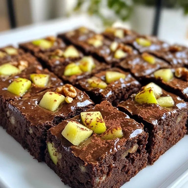 To make these tasty apple brownies, gather these simple ingredients: - 2 medium-sized apples, peeled and diced - 1 cup all-purpose flour - 1/2 cup brown sugar - 1/2 cup granulated sugar - 1/3 cup unsweetened cocoa powder - 1/2 teaspoon baking soda - 1/2 teaspoon cinnamon - 1/4 teaspoon salt - 1/2 cup vegetable oil - 2 large eggs - 1 teaspoon vanilla extract - 1/2 cup walnuts, chopped (optional) - 1/4 cup chocolate chips (optional) These ingredients blend together to create a moist, flavorful dessert. The apples add sweetness and texture, while the cocoa gives a rich chocolate taste. You can customize your apple brownies to suit your taste! Here are some fun options: - Nuts: Try pecans or almonds instead of walnuts. - Chocolate: Use dark chocolate chips for a richer flavor. - Spices: Add nutmeg or ginger for a warm twist. - Sweeteners: Substitute coconut sugar or maple syrup for a healthier option. - Apples: Use Granny Smith for a tart flavor or Honeycrisp for sweetness. Feel free to mix and match to create your perfect treat. Using quality ingredients can elevate your apple brownies. Here are some trusted brands: - Flour: King Arthur Flour is known for its high quality. - Sugar: Domino Sugar provides great flavor and sweetness. - Cocoa Powder: Ghirardelli offers rich, delicious cocoa. - Vanilla Extract: Nielsen-Massey has a pure and strong flavor. - Nuts: Blue Diamond almonds are fresh and tasty. Choosing these brands can help ensure your brownies taste amazing. Enjoy experimenting with these delightful ingredients! {{ingredient_image_1}} To start, gather your ingredients. You will need: - 2 medium-sized apples, peeled and diced - 1 cup all-purpose flour - 1/2 cup brown sugar - 1/2 cup granulated sugar - 1/3 cup unsweetened cocoa powder - 1/2 teaspoon baking soda - 1/2 teaspoon cinnamon - 1/4 teaspoon salt - 1/2 cup vegetable oil - 2 large eggs - 1 teaspoon vanilla extract - 1/2 cup walnuts, chopped (optional) - 1/4 cup chocolate chips (optional) Preheat your oven to 350°F (175°C). Grease a 9x9 inch baking pan. In a large bowl, mix the flour, brown sugar, granulated sugar, cocoa powder, baking soda, cinnamon, and salt. Whisk them together until they blend well. Next, take another bowl to mix your wet ingredients. Whisk the vegetable oil, eggs, and vanilla extract until smooth. Pour this mixture into the dry ingredients. Stir carefully until just combined. Avoid overmixing, as this can make your brownies tough. Gently fold in the diced apples. If you like, add in walnuts and chocolate chips. This adds fun flavors and textures to your brownies. Pour the batter into the greased baking pan. Spread it out evenly with a spatula. Bake in your preheated oven for 25-30 minutes. To check if they are done, insert a toothpick into the center. If it comes out clean, they are ready! For the best texture, avoid opening the oven door too often. This keeps the heat steady. Also, make sure to measure your ingredients accurately. It helps in getting the right consistency. Once baked, remove the pan from the oven. Let the brownies cool in the pan for about 10 minutes. This helps them set before you cut them. After that, transfer them to a wire rack. Allow them to cool completely before slicing into squares. When serving, you can enjoy them plain or with a scoop of ice cream. These apple brownies are a delightful treat that everyone will love! Mixing your Apple Brownies well is key. First, use a large bowl for dry ingredients. Whisk the flour, sugars, cocoa powder, baking soda, cinnamon, and salt until they blend. In a separate bowl, mix the wet ingredients. This helps keep the batter smooth. When you combine wet and dry, stir gently. Overmixing can make your brownies tough. Fold in diced apples and any extras carefully. This keeps the apples whole and juicy. Bake at 350°F for 25-30 minutes. Use a toothpick to check if they’re done. If it comes out clean, your brownies are ready. Choosing apples for your brownies matters a lot. I recommend using tart apples like Granny Smith or Honeycrisp. These apples add a nice balance to the sweetness of the sugars. Avoid soft apples like Red Delicious. They won’t hold up well in baking. Look for firm apples. They should feel heavy for their size. This means they are fresh and juicy. To keep your Apple Brownies fresh, store them in an airtight container. They stay soft for up to three days at room temperature. If you want them to last longer, refrigerate them. They can stay good for about a week in the fridge. For longer storage, freeze them. Wrap brownies tightly in plastic wrap, then place them in a freezer bag. They can last for up to three months. When you’re ready to eat, let them thaw at room temperature. Enjoy your tasty treat! Pro Tips Use Firm Apples: Choose firm apple varieties like Granny Smith or Honeycrisp for the best texture and flavor in your brownies. Don’t Overmix: When combining wet and dry ingredients, mix just until combined to keep the brownies tender and avoid a tough texture. Cool Before Cutting: Allow the brownies to cool completely in the pan before cutting to ensure clean, neat squares. Experiment with Add-ins: Feel free to add other mix-ins like dried cranberries or different nuts to customize your brownies! {{image_2}} To make gluten-free apple brownies, swap out all-purpose flour for gluten-free flour. Choose blends that work well for baking. Measure the same amount—one cup. This simple change keeps the brownies moist and tasty. For a vegan version, use flax eggs instead of real eggs. To make one flax egg, mix one tablespoon of ground flaxseed with three tablespoons of water. Let it sit for five minutes. Also, swap vegetable oil for coconut oil or applesauce to keep it moist. Use a plant-based milk and vanilla extract to enhance flavor. You can easily change the flavor of your apple brownies. Try adding extra spices like nutmeg or ginger. Just a pinch can add warmth. You can also use different extracts. Almond extract gives a nice twist. Experiment with your favorite flavors to find the perfect mix! You can make apple brownies even better with fun toppings. Here are some ideas: - Whipped Cream: A dollop of whipped cream adds lightness. - Ice Cream: Vanilla or cinnamon ice cream pairs nicely with warm brownies. - Caramel Sauce: Drizzle caramel on top for a sweet touch. - Chopped Nuts: Sprinkle more walnuts or pecans for crunch. - Powdered Sugar: A light dusting makes them look fancy. Feel free to mix and match these ideas. Each topping brings a new taste! When enjoying apple brownies, a nice drink makes it better. Here are some drinks to consider: - Coffee: The warmth of coffee complements the brownie’s sweetness. - Tea: A cup of black or herbal tea works well too. - Milk: Classic cold milk balances the rich flavors. - Sparkling Water: For a lighter choice, try sparkling water with lemon. Choose a drink that fits your mood. Each sip adds to your dessert experience. Apple brownies shine at many events. Here are some occasions to serve them: - Birthday Parties: They are a unique treat for guests. - Family Gatherings: Everyone loves homemade desserts. - Potlucks: Easy to share, and they travel well. - Fall Celebrations: Their apple flavor fits perfectly with autumn themes. No matter the event, apple brownies are sure to impress. Enjoy sharing them with friends and family! The best apples for apple brownies are tart and firm varieties. I recommend using Granny Smith or Honeycrisp apples. They hold their shape well and add great flavor. Tart apples balance the sweetness in this dessert. You can also try Fuji or Braeburn apples for a sweeter taste. To boost the chocolate flavor in your apple brownies, add more cocoa powder or chocolate chips. You can increase the cocoa powder to 1/2 cup for a richer taste. You can also mix in an extra 1/4 cup of chocolate chips. This will create a more decadent treat. Adjust the sugars slightly to keep the balance. Yes, you can freeze apple brownies! Allow them to cool completely first. Then, wrap them tightly in plastic wrap or foil. Place them in an airtight container or a freezer bag. They can last up to three months in the freezer. To enjoy, just thaw them in the fridge overnight or at room temperature. Now you know how to make classic apple brownies from start to finish. We covered key ingredients, helpful tips, and tasty variations. You learned how to choose the right apples and how to bake perfectly. Enjoy serving these treats at your next event with fun toppings and drink pairings. Apple brownies can be gluten-free or vegan too. Remember, each bite is a blend of sweet apples and rich flavor. Happy baking, and I hope you share your delicious results!