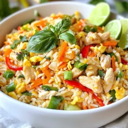 To make a tasty chicken fried rice, you need some key ingredients. Here’s what to gather: - 2 cups cooked jasmine rice (preferably day-old) - 1 cup chicken breast, diced - 1 tablespoon vegetable oil - 2 cloves garlic, minced - 1 small onion, diced - 1 red bell pepper, diced - 1 carrot, julienned - 2 green onions, sliced - 2 tablespoons soy sauce - 1 tablespoon oyster sauce (or a vegetarian alternative) - 1 teaspoon sesame oil - 1/2 teaspoon freshly cracked black pepper - 1/4 cup fresh Thai basil leaves (or regular basil) - Lime wedges for serving These ingredients combine to create a delicious dish that is full of flavor. The oil you choose can change the taste of your fried rice. I recommend using: - Vegetable oil - Canola oil - Peanut oil These oils heat well and add a nice taste without overpowering the other flavors. Garnishes make your dish look pretty and add extra flavor. Consider these options: - Extra Thai basil leaves - Lime wedges - Sliced cucumbers - Chili flakes for heat These extras can elevate your chicken fried rice and impress your guests. Enjoy the vibrant colors and tastes! {{ingredient_image_1}} Start by heating 1 tablespoon of vegetable oil in a large skillet or wok over medium-high heat. Once the oil shimmers, add 1 cup of diced chicken breast. Stir-fry the chicken for 5-7 minutes until it turns golden and fully cooks. Remove the chicken from the skillet and set it aside. This step adds great flavor to your meal. Next, in the same skillet, add 2 cloves of minced garlic and 1 small diced onion. Sauté these for about 2 minutes until the onion becomes translucent. This makes the base of your fried rice rich and aromatic. Then, add 1 diced red bell pepper and 1 julienned carrot. Cook for another 3-4 minutes until they soften. This mix of colors and flavors puts a delicious twist on the dish. Now, push the vegetables to one side of the skillet. Add the 2 cups of cooked jasmine rice to the empty side. Use a spatula to break up any clumps of rice. Pour in 2 tablespoons of soy sauce, 1 tablespoon of oyster sauce, 1 teaspoon of sesame oil, and 1/2 teaspoon of freshly cracked black pepper. Mix everything well to coat the rice with the sauces. Finally, add the cooked chicken back into the skillet. Sprinkle in 2 sliced green onions and 1/4 cup of fresh Thai basil leaves. Stir-fry for an additional 2 minutes until the basil wilts and all flavors meld together. Taste your fried rice and adjust the seasoning if needed. Enjoy this quick and tasty meal! Using day-old rice is key for great fried rice. Fresh rice is moist and sticky. This makes it clump together, not fry well. Day-old rice dries out and firms up. It separates easily in the pan. If you don’t have day-old rice, spread fresh rice on a baking sheet. Chill it in the fridge for 30 minutes before using. This helps it dry out a bit. Sauce amounts can change based on your taste. Start with 2 tablespoons of soy sauce. You can add more later if needed. If you want a richer flavor, try adding oyster sauce. Adjust the sesame oil too. A little can go a long way in adding depth. Always taste your rice before serving. This way, you can balance the flavors just right. High heat cooks the rice fast and keeps it from getting soggy. Use a large skillet or wok to give everything space. Heat the oil well before adding chicken. This ensures it cooks evenly and gets golden. Stir-fry each ingredient just until it’s done. This keeps your veggies crisp and fresh. Aim for a quick cook, about 30 minutes total. Enjoy your meal! Pro Tips Use Day-Old Rice: Freshly cooked rice can become mushy when fried. Using day-old jasmine rice will give you the perfect texture and prevent clumping. High Heat is Key: Cooking on high heat allows for quick stir-frying, which helps to achieve that delicious 'wok hei' or breath of the wok flavor. Adjust to Your Taste: Don't hesitate to tweak the soy sauce and oyster sauce amounts to suit your taste preferences for saltiness and umami. Add Fresh Basil at the End: Incorporating the Thai basil leaves at the end of cooking ensures they retain their vibrant flavor and aroma. {{image_2}} You can easily make chicken fried rice vegetarian or vegan. Just skip the chicken and use more vegetables. For the sauce, use a plant-based oyster sauce. You can also add tofu for protein. Tofu soaks up flavors well and adds great texture. Use firm tofu and cut it into small cubes. If you want to switch proteins, tofu or shrimp works great. Tofu offers a nice, chewy texture. Shrimp cooks quickly and adds a sweet flavor. For shrimp, just sauté until they turn pink, about 3-4 minutes. Remove them before cooking the veggies, then add them back later. Boosting nutrition is easy with extra veggies. Add broccoli, peas, or snap peas for color and crunch. You can also toss in spinach or kale for added greens. Just chop them small and add them when you sauté the other veggies. This makes your meal not just tasty but healthier too. To keep your chicken fried rice fresh, let it cool first. Place it in an airtight container. This helps keep moisture in and prevents drying. Store it in the fridge. It will stay good for up to four days. Always label the container with the date. This way, you know when to use it. When you are ready to eat leftovers, you can use a skillet or microwave. For the skillet, heat it on medium. Add a little oil to prevent sticking. Stir in the fried rice and heat it for about five to seven minutes. If using a microwave, place rice in a bowl. Cover it with a damp paper towel. Heat in 30-second bursts until hot. This helps keep the rice moist. You can freeze chicken fried rice for up to three months. First, let it cool completely. Then, pack it in a freezer-safe bag or container. Squeeze out as much air as possible before sealing. When ready to enjoy, thaw it in the fridge overnight. Reheat it on the stove or in the microwave, just like leftovers. This keeps your meal tasty and fresh. Chicken fried rice can last for about 3 to 5 days in the fridge. Store it in an airtight container to keep it fresh. Make sure to let it cool down before you put it in the fridge. This helps avoid moisture build-up, which can make the rice soggy. Yes, you can make chicken fried rice without soy sauce. You can use coconut aminos or tamari as a substitute. These options give a similar flavor. If you want a different taste, try adding extra herbs or spices. You could even use lemon or lime juice for a zesty kick. The best type of rice for chicken fried rice is jasmine rice. Day-old jasmine rice works best because it is less sticky. This helps the grains stay separate and fluffy. You can also use long-grain rice if you don’t have jasmine rice. Just make sure it is cooked and cooled before using it. Chicken fried rice is a tasty dish you can easily make at home. We covered all you need: essential ingredients, step-by-step instructions, and useful tips. We explored variations for every taste and discussed how to store it properly. Remember, using day-old rice and adjusting sauces makes a big difference. Now, get creative with ingredients or try a new twist. Enjoy your cooking and impress your family with your chicken fried rice!