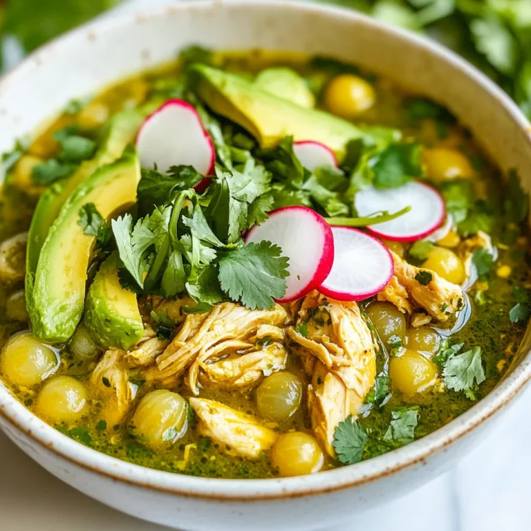 - 2 lbs boneless, skinless chicken thighs - 6 cups chicken broth - 2 cups hominy (canned or dried) - 1 cup tomatillos, husked and chopped - 1/2 cup fresh cilantro leaves - 2 jalapeños, seeds removed and chopped - 1 medium onion, diced - 3 garlic cloves, minced - 2 tablespoons olive oil - 1 teaspoon ground cumin - Salt and pepper to taste - Optional garnishes: sliced radishes, diced avocado, lime wedges, chopped cilantro When you make Pozole Verde Chicken, you need simple and fresh ingredients. Start with the main ingredients. Chicken thighs give great flavor and are tender. You can use either canned or dried hominy. Hominy adds a chewy texture that is so nice. Next, gather your fresh produce. Tomatillos bring a bright taste. They are key for the green sauce. Cilantro adds freshness, while jalapeños give that little kick. Don't forget the onion and garlic. They create a great base flavor when you cook. In terms of seasonings, olive oil is perfect for sautéing. Ground cumin adds warmth and depth. You will want to add salt and pepper too. Lastly, think about garnishes. Sliced radishes and avocado add color and taste. Lime wedges bring a zesty punch, and more cilantro never hurts! {{ingredient_image_1}} First, heat 2 tablespoons of olive oil in a large pot over medium heat. Once the oil is hot, add 1 medium diced onion. Sauté the onion for about 5 minutes until it turns soft and translucent. Next, add 3 minced garlic cloves and 2 chopped jalapeños, seeds removed. Cook these for 2 more minutes until you smell the strong aroma. Now, stir in 1 teaspoon of ground cumin. This adds a warm flavor to your dish. Follow this by adding 2 lbs of boneless, skinless chicken thighs. Pour in 6 cups of chicken broth and add 1 cup of chopped tomatillos. Bring this to a boil, then reduce the heat to low. Cover the pot and let it simmer for 20 to 25 minutes, until the chicken is fully cooked. Once the chicken is cooked, take it out of the pot. Use two forks to shred the chicken into small pieces. Return the shredded chicken to the pot, along with 2 cups of hominy and 1/2 cup of fresh cilantro leaves. Let the pozole simmer for another 10 minutes to heat through. Finally, taste and adjust the seasoning with salt and pepper as needed. Your pozole verde chicken is now ready to serve! How to choose the best chicken thighs When picking chicken thighs, look for meat that is plump and has a nice color. The skin should be smooth and free from blemishes. Choose thighs that feel firm to the touch. These will have the best flavor and stay moist when cooked. Adjusting spice levels in the recipe To change the spice level, start with one jalapeño. You can always add more later if you want more heat. Removing the seeds and veins will make the dish milder. For less spice, try using bell peppers instead. Garnishing ideas for an appealing plate For a beautiful plate, add bright colors. Use sliced radishes for crunch and color. Diced avocado gives a creamy touch. Fresh cilantro adds a pop of green. Squeeze lime over the top for a fresh finish. Serving suggestions for a complete meal Serve your pozole verde with warm tortillas or rice. A side of fresh salad can balance the dish. You can also offer extra lime wedges for those who want a zesty kick. Adding additional spices or ingredients for richness You can enhance the flavor by adding more spices. Try smoked paprika or oregano for depth. A splash of lime juice can brighten the taste. If you want a richer broth, consider adding a bit of coconut milk. Suggestions for broth variations For a different flavor, swap chicken broth for vegetable or beef broth. You can even use homemade broth for extra taste. Adding a few bay leaves while simmering can also bring a unique flavor to the dish. Pro Tips Use Fresh Tomatillos: Opt for fresh tomatillos when possible, as they provide a brighter and more vibrant flavor compared to canned options. Shred Chicken While Hot: Shredding the chicken while it’s still hot makes it easier and allows it to absorb more of the broth’s flavors. Customize Your Heat: Adjust the heat level by using more or fewer jalapeños, or by adding sliced serrano peppers for an extra kick. Let It Sit: If you have time, let the pozole sit for a while after cooking. This allows the flavors to meld together even more beautifully. {{image_2}} To make pozole verde without meat, you can use mushrooms or jackfruit. These options give a great texture. Start by sautéing the vegetables, just like in the original recipe. Use vegetable broth instead of chicken broth. Add more tomatillos and spices to boost the flavor. Don't forget the hominy; it adds that classic feel. Top it off with fresh cilantro and lime. You can switch up the meat in pozole verde. Try pork or beef for a different taste. Thighs work well, but so do breasts if you prefer lean meat. If you don't have hominy, you can use corn or barley. Both will add a unique twist to the dish. Make sure to adjust the cooking time based on the meat you choose. Different regions in Mexico have their own takes on pozole. In Guerrero, they often add green tomatillos for a richer flavor. Oaxaca may use local herbs and spices to give it a unique kick. You can also incorporate local veggies that you find at your market. Each twist brings something special, making your pozole verde even more exciting. To keep your pozole verde fresh, let it cool first. Place it in a container with a tight lid. Glass or BPA-free plastic containers work best. This helps keep the flavors intact and prevents spills. Store the container in the fridge. Use it within three to four days for the best taste. You can freeze pozole verde for later. First, let it cool completely. Pour it into a freezer-safe container. Leave some space at the top for expansion. Seal it well. It will last about three months in the freezer. To thaw, move it to the fridge overnight. Reheat it on the stove over medium heat until it’s hot. Stir occasionally to heat it evenly. You can store pozole verde leftovers in the fridge for three to four days. If you notice any off smells or changes in color, it’s best to toss it. Always check for mold or unusual textures before eating. When in doubt, throw it out to stay safe. Pozole Verde is a traditional Mexican soup. It features hominy, which are corn kernels treated with alkali. The dish is often made with chicken, tomatillos, and spices. Originating from pre-Columbian times, it has deep roots in Mexican culture. The green color comes from tomatillos and fresh cilantro. This soup is hearty, nutritious, and full of flavor. Yes, you can easily adapt this recipe for a slow cooker. Start by sautéing onions, garlic, and jalapeños in a pan. Then, transfer them to the slow cooker. Add the chicken, tomatillos, and broth. Cook on low for 6-8 hours or high for 3-4 hours. When done, shred the chicken and add hominy and cilantro before serving. This method allows the flavors to deepen over time. The spice level in Pozole Verde Chicken depends on the jalapeños. If you use more jalapeños, the soup will be spicier. Removing the seeds from the jalapeños reduces the heat. For a milder dish, start with one jalapeño and adjust based on your taste. You can always add more later, but you can't take it out once it's in! Pozole Verde pairs well with many sides. Consider serving it with sliced radishes for crunch. Diced avocado adds creaminess, while lime wedges give a fresh zing. You can also offer tortilla chips for dipping. A simple green salad or Mexican rice complements the soup nicely. These sides enhance the meal and bring out the soup's flavors even more. In summary, you have learned how to make pozole verde with chicken. We covered the ingredients, cooking steps, tips, and variations. Pozole verde is a warm, delicious dish that can be adapted for everyone. Whether you make it vegetarian or explore regional twists, it’s a versatile recipe. Proper storage will keep leftovers tasty for later. Enjoy sharing this hearty meal with loved ones and impress them with your skills. Dive into this dish, and you’ll surely savor every bite.