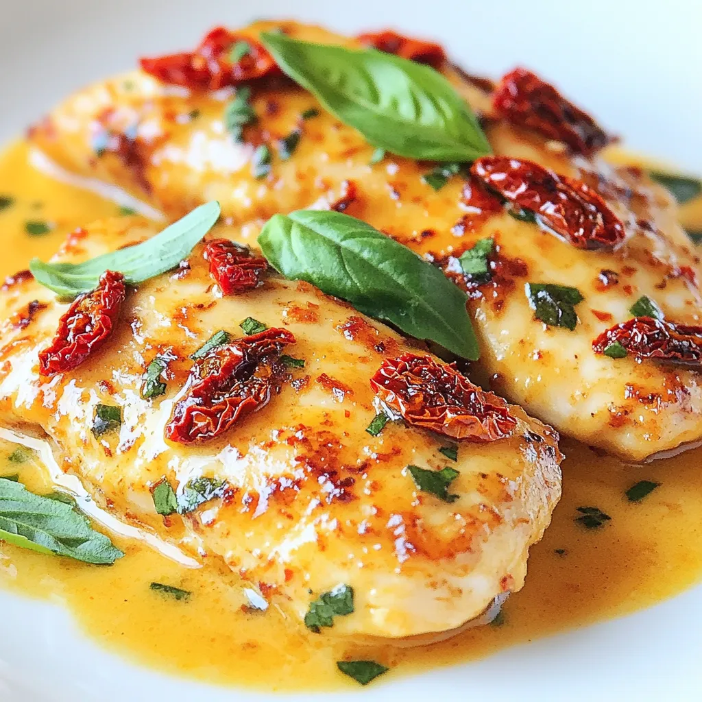 - 4 boneless, skinless chicken breasts - 1 tablespoon olive oil - 4 cloves garlic, minced - 1 teaspoon dried oregano - 1 teaspoon dried basil - 1 teaspoon paprika - 1 cup chicken broth - 1/2 cup sun-dried tomatoes, chopped - 1 cup heavy cream - 1/2 cup grated Parmesan cheese - Salt and pepper to taste - Fresh basil leaves for garnish - Chicken breasts: 4 pieces (about 680 grams) - Olive oil: 1 tablespoon (15 ml) - Garlic: 4 cloves (about 12 grams) - Oregano: 1 teaspoon (1.5 grams) - Basil: 1 teaspoon (1.5 grams) - Paprika: 1 teaspoon (2.3 grams) - Chicken broth: 1 cup (240 ml) - Sun-dried tomatoes: 1/2 cup (75 grams) - Heavy cream: 1 cup (240 ml) - Parmesan cheese: 1/2 cup (50 grams) - Salt and pepper: to taste Using fresh ingredients adds bright flavors. Fresh basil gives a nice aroma. Fresh garlic is more pungent than dried. Dried herbs are great for convenience. They last longer and save time. Use dried herbs when fresh ones are not available. The taste may vary slightly, but the dish will still be delicious. {{ingredient_image_1}} To make Marry Me Chicken, start with easy steps. First, gather your ingredients. You need: - 4 boneless, skinless chicken breasts - 1 tablespoon olive oil - 4 cloves garlic, minced - 1 teaspoon dried oregano - 1 teaspoon dried basil - 1 teaspoon paprika - 1 cup chicken broth - 1/2 cup sun-dried tomatoes, chopped - 1 cup heavy cream - 1/2 cup grated Parmesan cheese - Salt and pepper to taste - Fresh basil leaves for garnish Next, season your chicken. Use salt and pepper on both sides. Heat a large skillet over medium heat. Add olive oil and let it warm up. Sear the chicken in the hot oil. Cook each side for about 5-6 minutes. Look for a golden brown color. Once done, take the chicken out and set it aside. This keeps it juicy and tender. In the same skillet, add garlic, oregano, basil, and paprika. Sauté these for 1-2 minutes. You want the garlic to smell good. Pour in the chicken broth while scraping the brown bits off the pan. This adds flavor. Let it simmer. Now, add the sun-dried tomatoes and cook for 2-3 minutes. Next, reduce the heat and pour in the heavy cream. Stir until mixed well. Add the Parmesan cheese and let it melt. Adjust salt and pepper to your taste. Finally, return the chicken to the skillet. Coat it in the creamy sauce. Let it simmer for 2-3 minutes. This step infuses the chicken with flavor. Serve warm, topped with fresh basil leaves. Enjoy your delicious Marry Me Chicken! To make Marry Me Chicken even better, use fresh herbs. Fresh basil adds a bright taste. You can also add a pinch of red pepper flakes for heat. Try using fresh garlic instead of minced. It gives a stronger flavor. Remember to taste your sauce before serving. Adjust the salt and pepper as needed. You can cook this dish on the stovetop or bake it. Stovetop cooking is quick. You get a good sear on the chicken. It takes about 30 minutes. Baking is also great for a hands-off approach. Preheat your oven to 375°F (190°C) and bake for about 25-30 minutes. Either method works well, but stovetop gives a nice brown crust. One common mistake is overcooking the chicken. Use a meat thermometer. Aim for 165°F (74°C) for juicy chicken. Another mistake is not using enough salt. Season well to enhance all the flavors. Make sure to scrape the bottom of the pan. This adds depth to your sauce. Lastly, don’t skip the fresh basil garnish. It adds a pop of color and flavor. Pro Tips Use Fresh Herbs: Fresh basil can elevate the flavor of this dish significantly. If you have access to fresh herbs, use them instead of dried for a more vibrant taste. Perfectly Cooked Chicken: To ensure your chicken breasts are juicy and tender, use a meat thermometer to check for an internal temperature of 165°F (75°C) before removing them from the skillet. Customize the Sauce: Feel free to add other ingredients to the sauce, such as spinach or artichokes, for added texture and flavor. Just be sure to adjust the seasoning accordingly. Serve with Sides: This dish pairs beautifully with pasta, rice, or a fresh green salad. Consider adding a side to soak up the delicious sauce! {{image_2}} You can make Marry Me Chicken dairy-free and gluten-free! For a dairy-free version, swap heavy cream with coconut milk or almond milk. Use nutritional yeast to get a cheesy flavor without dairy. To make it gluten-free, ensure your chicken broth is gluten-free. This makes the dish safe for those with gluten sensitivities. You can cook Marry Me Chicken in different ways. An Instant Pot makes it quick. Just sauté the chicken, then add the sauce ingredients. Cook on high pressure for 10 minutes. For a slow cooker, brown the chicken first, then add all ingredients. Cook on low for 6 hours. Both methods give you tender, tasty chicken. Marry Me Chicken pairs well with many sides. Serve it with rice or pasta to soak up the sauce. A fresh salad adds a nice crunch. Roasted vegetables bring color and flavor. Garlic bread is perfect for dipping in the creamy sauce. You can mix and match to create your perfect plate! Store your Marry Me Chicken in an airtight container. Keep it in the fridge. It will last about 3 to 4 days. Make sure it cools down before sealing. If the sauce thickens too much, add a splash of chicken broth when reheating. Reheat your chicken in a skillet on medium heat. Add a splash of water or broth. This helps keep the chicken moist. Stir the sauce to ensure even heating. You can also use the microwave. Heat in short bursts of 30 seconds. Stir between heating to avoid hot spots. You can freeze Marry Me Chicken for up to 2 months. Start by letting it cool completely. Portion it into freezer-safe containers. Leave some space at the top for expansion. To thaw, place it in the fridge overnight. Reheat as mentioned above for best results. Marry Me Chicken is a creamy, savory dish made with chicken, sun-dried tomatoes, and spices. It gets its fun name from the idea that the flavor is so good, it might make someone propose! This dish likely comes from a mix of Italian and American cooking. It plays with classic tastes but adds a rich cream sauce. The sun-dried tomatoes give it a tasty twist, making it unique and special. Yes, you can prepare Marry Me Chicken ahead of time. Cook it fully and let it cool. Store it in the fridge for up to three days. When you’re ready to eat, reheat it gently on the stove over low heat. This keeps the chicken moist and the sauce creamy. Here are some great sides to pair with Marry Me Chicken: - Garlic mashed potatoes - Steamed green beans - Roasted asparagus - Simple salad - Couscous or rice These sides complement the rich flavors of the chicken and add balance to your meal. Enjoy experimenting with different pairings! Marry Me Chicken is a tasty dish that can impress anyone. We covered the ingredients, steps, tips, and variations. You learned how to choose fresh ingredients and avoid common mistakes. Proper storage and reheating keep your meals flavorful. Try different cooking methods to fit your kitchen style. This dish is versatile and can be made for any occasion. With these tips, you'll create a meal people will love. Enjoy cooking, and happy feasting!