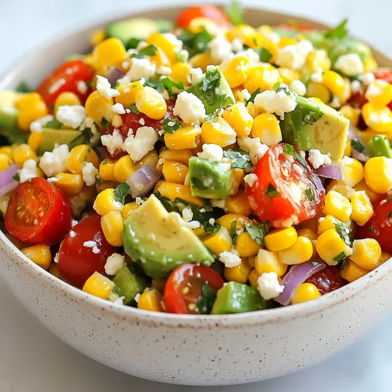 To make a tasty Crack Corn Salad, gather these fresh ingredients: - 4 cups sweet corn kernels (fresh or frozen) - 1 red bell pepper, diced - 1 green bell pepper, diced - 1 small red onion, finely chopped - 1 cup cherry tomatoes, halved - 1 avocado, diced - 1 cup feta cheese, crumbled - 1/4 cup fresh cilantro, chopped - 1/4 cup mayonnaise - 2 tablespoons lime juice - 1 teaspoon chili powder - Salt and pepper to taste Each ingredient plays a key role. The sweet corn brings a lovely crunch. Bell peppers add a crisp texture and vibrant color. Red onion gives a nice bite, while cherry tomatoes add sweetness. Diced avocado makes the salad creamy. Feta cheese adds saltiness and richness, balancing the flavors. Fresh cilantro provides a burst of freshness that ties everything together. The dressing, made of mayonnaise, lime juice, and chili powder, brings zest and creaminess. Salt and pepper enhance all the flavors. Choosing fresh ingredients helps create a delightful dish. If you can't find fresh corn, frozen corn works great too. This salad is perfect for summer barbecues or picnics. It’s colorful and appeals to many tastes. The mix of textures and flavors delights the senses. Enjoy making this Crack Corn Salad! {{ingredient_image_1}} You can use fresh or frozen corn for this salad. If you choose fresh corn, boil the cobs for 5-7 minutes. This makes the kernels sweet and tender. After boiling, let the corn cool down. For frozen corn, just thaw it and drain any extra water. Both options work well and save time. Once cooled, cut the kernels off the cob. Use a sharp knife and slice down the sides carefully. This step gives you juicy kernels that will mix well with the other ingredients. In a large mixing bowl, add the corn you prepared. Now, it's time to add a splash of color! Dice one red bell pepper and one green bell pepper. Finely chop a small red onion and halve a cup of cherry tomatoes. Don’t forget to dice one ripe avocado. All these veggies will make your salad bright and fresh. Next, you will create the dressing. In a separate small bowl, whisk together 1/4 cup mayonnaise, 2 tablespoons lime juice, and 1 teaspoon chili powder. Add salt and pepper to taste. Mix until it’s smooth and creamy. Pour this dressing over the corn and veggies. Gently toss the salad with a spatula. Make sure all the ingredients get coated. Be careful not to mash the avocado. After mixing, fold in 1 cup of crumbled feta cheese and 1/4 cup of chopped fresh cilantro. This adds great flavor and texture. Finally, taste your salad. You might want to add more lime juice, salt, or pepper. Adjust the seasoning to match your liking. Enjoy your colorful Crack Corn Salad! - Choosing the best corn: Select sweet corn for the best flavor. Fresh corn adds a nice crunch. If fresh is not available, frozen corn works well. Just thaw it and drain excess water. - Tips for avocado freshness: Choose ripe avocados. They should be slightly soft when you press them. If you buy them hard, leave them at room temp for a few days. To keep them fresh after cutting, sprinkle lime juice on the exposed flesh. - Ensuring even seasoning: Mix your dressing well before adding it to the salad. This helps all the flavors blend together. After tossing, taste the salad. Adjust seasoning as needed with more lime juice, salt, or pepper. - Serving suggestions: Serve the salad in a large bowl or individual cups. This makes it easy for guests to grab a portion. It pairs well with grilled meats or as a picnic dish. - Garnishing options: Top the salad with extra feta cheese for a visual pop. Fresh cilantro sprinkled on top adds color and flavor. You can also add lime wedges on the side for a zesty touch. Pro Tips Use Fresh Corn: For the best flavor and texture, opt for fresh corn when it's in season. Boil it just until tender for optimal sweetness. Customize Your Veggies: Feel free to add other vegetables like cucumber or zucchini for extra crunch and color. Just make sure to chop them finely. Chill Before Serving: Let the salad sit in the refrigerator for at least 30 minutes before serving. This allows the flavors to meld beautifully. Adjust the Spice: If you prefer a spicier kick, add diced jalapeños or a dash of hot sauce to the dressing for an extra layer of flavor. {{image_2}} You can switch up the cheese for a fun twist. Try goat cheese for a tangy flavor. Creamy mozzarella works well for a milder taste. Don't be afraid to mix cheeses! For veggies, you can add or swap based on your taste. Zucchini or cucumbers add great crunch. Try using sweet peas for a pop of color and sweetness. Carrots can bring nice texture too. Adding spices can change the salad's vibe. A pinch of cumin adds warmth, while smoked paprika gives a smoky kick. Fresh herbs like basil or dill can brighten things up. If you want a sweet twist, add diced mango or pineapple. These fruits will give a tropical flair. For a savory touch, consider adding cooked bacon or diced jalapeños for heat. Store leftovers in an airtight container. This keeps the salad fresh and tasty. Place it in the fridge right after serving. You can enjoy it for up to three days. The corn, peppers, and dressing stay good, but the avocado may brown. To slow browning, sprinkle lime juice on the avocado before storing. You can prepare Crack Corn Salad ahead of time. Make the salad a few hours before serving. This gives the flavors time to blend. Store it in the fridge until you are ready to eat. If you want to freeze it, skip adding the avocado and feta. They do not freeze well. You can add fresh avocado and cheese when you are ready to serve. This keeps the salad bright and fresh! Crack Corn Salad is a bright and tasty side dish. It combines sweet corn with fresh veggies and creamy dressing. This dish is popular at summer picnics and barbecues. Its origins are rooted in Southern cuisine, where corn shines in many meals. The salad is colorful, featuring red and green bell peppers, red onions, and cherry tomatoes. With creamy avocado and feta cheese, it brings rich flavors. Each bite bursts with freshness and joy. Yes, you can make Crack Corn Salad ahead. Prepare the salad a few hours in advance for the best flavor. Just mix all the ingredients, except the avocado and feta cheese. The dressing can also be made early. Keep it in a separate container until serving. This keeps the salad crisp and fresh. If you want to store it overnight, add the avocado and feta just before serving. To spice up Crack Corn Salad, you have a few great options. First, add more chili powder to the dressing. You can also mix in diced jalapeños for a fresh kick. Another idea is to use a spicy mayo or hot sauce. Adjust the heat level to suit your taste. Spicy elements can really enhance the salad's flavor and make it pop! Crack Corn Salad is a fresh and tasty dish packed with vibrant ingredients. We covered the key elements, from sweet corn and colorful veggies to the creamy dressing. With tips on making it perfect and ideas for serving, you can elevate your salad game. Remember, feel free to play with the ingredients and adjust flavors as you like. This salad is all about your preferences and creativity. Enjoy making and sharing this delicious recipe!