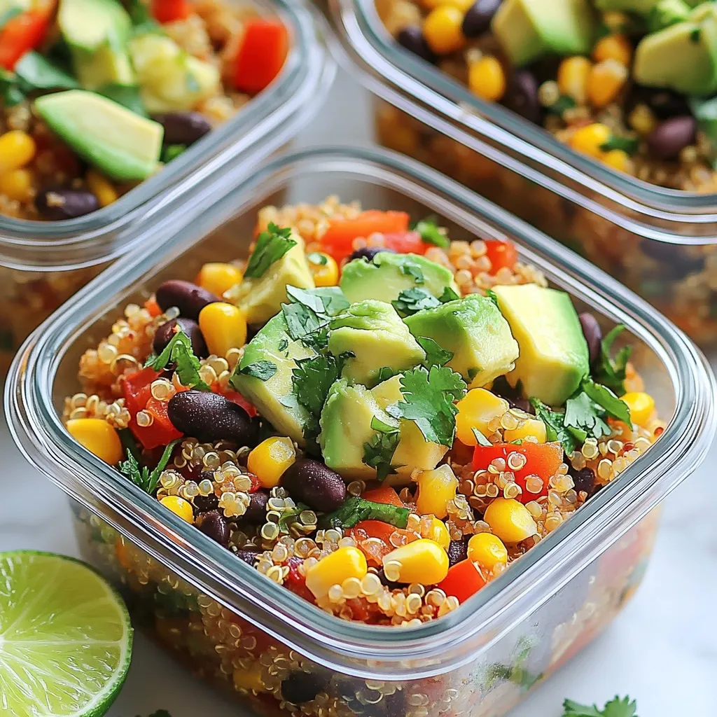 To create tasty gluten-free burrito bowls, gather these main ingredients: - 1 cup quinoa, rinsed - 2 cups vegetable broth (or water) - 1 can black beans, drained and rinsed - 1 cup corn (fresh, frozen, or canned) - 1 red bell pepper, diced - 1 avocado, diced - 1 small red onion, diced - 1 jalapeño, minced (optional) These ingredients bring a mix of flavors and textures. Quinoa serves as a hearty base. Black beans add protein. Corn gives sweetness, while bell pepper and onion add crunch. Seasoning brings your burrito bowls to life. Use these essential spices: - 1 teaspoon cumin - 1 teaspoon smoked paprika - Salt and pepper to taste - 1 lime, juiced Cumin offers warmth, and smoked paprika gives a nice depth. Lime juice adds a zesty kick. Salt and pepper balance the flavors. Want to boost the flavor? Try these optional add-ins: - Fresh cilantro, chopped for garnish - Olive oil for sautéing - Additional veggies like zucchini or spinach Cilantro adds freshness. Olive oil helps sauté the veggies, enhancing their taste. You can swap in other veggies to suit your palate. Each choice makes your dish more personal and exciting. {{ingredient_image_1}} Start by bringing 2 cups of vegetable broth to a boil in a pot. Once boiling, add 1 cup of rinsed quinoa. Reduce the heat to low and cover the pot. Let it simmer for about 15 minutes. The quinoa is ready when it's fluffy and the liquid is gone. After cooking, let it sit covered for 5 more minutes. Use a fork to fluff the quinoa gently. This step is key for a light texture. While the quinoa cooks, heat a splash of olive oil in a pan over medium heat. Add 1 diced red onion. Sauté it for about 3 to 4 minutes until it softens. Next, if you like heat, add 1 minced jalapeño. Then stir in 1 diced red bell pepper and 1 cup of corn. Sprinkle in 1 teaspoon of cumin and 1 teaspoon of smoked paprika. Season with salt and pepper to taste. Sauté everything for another 5 minutes until the bell pepper is tender. This process adds deep flavor to your bowl. In a large bowl, combine the cooked quinoa with the sautéed vegetables. Add 1 can of drained and rinsed black beans and the juice of 1 lime. Gently mix everything together until well combined. Divide the mixture into meal prep containers. Top each bowl with diced avocado and garnish with fresh cilantro. This adds a nice pop of color and flavor. Seal the containers and store them in the fridge for up to 4 days. Enjoy your tasty, healthy meal prep burrito bowls! To cook quinoa well, rinse it first. Rinsing helps remove bitter saponins. Next, use two cups of vegetable broth for each cup of quinoa. Bring the broth to a boil, then lower the heat. Cover the pot and let it simmer for about 15 minutes. Once done, let it sit covered for 5 minutes. Fluff it with a fork to make it light and airy. Meal prepping saves time and keeps meals fresh. Start by cooking all grains and proteins in bulk. Use clear containers to show off the colors. This makes the meals more appealing. Label your containers with dates and contents. Store them in the fridge for easy access. Prepare fresh ingredients to add just before eating. This keeps your bowls fresh and tasty. Presentation is key for meal prep. Use clear containers to highlight your layers. Start with a base of quinoa, then add sautéed veggies. Top with black beans and diced avocado. Sprinkle fresh cilantro on top for a pop of color. Add a lime wedge for extra zing. This not only looks great but also makes your meal exciting to eat. Pro Tips Perfectly Cooked Quinoa: Rinse the quinoa thoroughly before cooking to remove its natural coating, which can make it taste bitter. This ensures a fluffier texture after cooking. Vegetable Variations: Feel free to swap in your favorite vegetables or whatever you have on hand. Zucchini, spinach, or even roasted sweet potatoes can add a delicious twist. Meal Prep Containers: Use clear glass containers for meal prep. Not only do they look appealing, but they also help you see the ingredients at a glance and are microwave-safe. Flavor Boost: For an extra layer of flavor, consider adding a tablespoon of your favorite hot sauce or a sprinkle of nutritional yeast before sealing the containers for a savory umami kick. {{image_2}} If you want a veggie-packed bowl, skip the meat. Use beans for protein. Black beans add great taste and fiber. You can also add grilled vegetables for extra flavor. For meat lovers, chicken or turkey fits well. Just cook the meat first, then mix it with the veggies. Ground beef or shredded pork also works great in these bowls. If you are watching carbs, try using cauliflower rice instead of quinoa. It has a similar texture and absorbs flavors well. You can make it by grating cauliflower. Just sauté it with the same spices. This swap lowers the carb count but still gives you a filling meal. Zucchini noodles are another fun option to try. You can easily adjust these bowls to fit your needs. If you have a corn allergy, leave it out and add extra peppers. For those who can't eat beans, try chickpeas or lentils. If you're avoiding nightshades, skip the jalapeño and red pepper. Just remember to keep the spices to add flavor. Each swap can make a tasty bowl that suits you! To keep your gluten-free meal prep burrito bowls fresh, use airtight containers. Glass containers work well and let you see the layers. Make sure to let the bowls cool down before sealing them. This prevents moisture from building up inside the containers. These burrito bowls are great for meal prep. They last in the fridge for up to four days. After that, the veggies may lose some crunch and flavor. For the best taste, eat them within this time frame. If you want to store your bowls longer, freezing is a good option. Assemble the burrito bowls without adding avocado or cilantro. These ingredients do not freeze well. Place the bowls in freezer-safe containers. They can last up to three months in the freezer. When you're ready to eat, thaw them in the fridge overnight. Reheat them in the microwave or on the stove until hot. The best way to make gluten-free burrito bowls is to start with quinoa. Rinse one cup of quinoa under cold water. Then, boil two cups of vegetable broth. Add the rinsed quinoa to the broth, cover, and simmer for about 15 minutes. This makes the quinoa fluffy. While it cooks, sauté diced red onion and bell pepper until soft. Add corn, black beans, and spices. Mix it all together with lime juice. Serve it fresh in meal prep containers. Yes, you can use other grains instead of quinoa. Brown rice, farro, or even millet work well. Just make sure the grains are gluten-free. Each grain has a different cooking time and texture. Adjust the liquid amount based on the grain you choose. Follow the package instructions for cooking times. This gives you flexibility in your meal prep. Yes, burrito bowls are suitable for freezing. Just make sure to let them cool completely before freezing. When you’re ready to eat, thaw them overnight in the fridge. Then, reheat them in the microwave or on the stove. The flavors will still taste great, and the texture will hold up well. To make this recipe vegan, ensure all ingredients are plant-based. The current recipe is already vegan-friendly. Use vegetable broth, black beans, and fresh veggies. You can add tofu or tempeh for extra protein. Just sauté them along with the other veggies. This keeps your meal tasty and fulfilling. In this blog post, we explored how to create tasty gluten-free burrito bowls. We covered the key ingredients, including spices and add-ins. You learned step-by-step methods for cooking quinoa and sautéing veggies. I shared helpful tips on meal prep and presentation. We also looked at variations for different diets and allergies. As you try these bowls, remember they can be easy to customize. Enjoy making your own delicious, healthy meals!