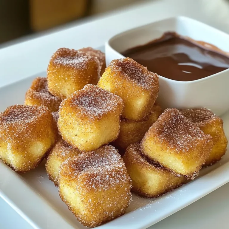 - 1 cup all-purpose flour - 1 tablespoon baking powder - 1/4 cup granulated sugar (for dough) - 1/2 teaspoon salt - 1/2 teaspoon ground cinnamon (for dough) - 1/2 cup milk - 2 tablespoons unsalted butter, melted - 1 teaspoon vanilla extract - 1/4 cup granulated sugar (for coating) - 1/2 teaspoon ground cinnamon (for coating) Gathering the right ingredients is key to making easy baked churro bites. Start with 1 cup of all-purpose flour for the base. This flour gives the bites a nice texture. You need 1 tablespoon of baking powder to help them rise. Add 1/4 cup of granulated sugar for a sweet touch and 1/2 teaspoon of salt to balance the flavors. Next, you want 1/2 teaspoon of ground cinnamon in the dough for that classic churro taste. You will also need 1/2 cup of milk to keep the dough moist. To add richness, use 2 tablespoons of melted unsalted butter. Finally, add 1 teaspoon of vanilla extract for a warm flavor. For the coating, mix 1/4 cup of granulated sugar and 1/2 teaspoon of ground cinnamon. This mix gives your churro bites that sweet, crunchy finish. Now that you have all these tasty ingredients, you are ready to start making your churro bites! {{ingredient_image_1}} 1. First, preheat your oven to 375Β°F (190Β°C). This helps your churro bites bake evenly. 2. Line your baking sheet with parchment paper. This keeps them from sticking. 3. In a mixing bowl, whisk together: - 1 cup all-purpose flour - 1 tablespoon baking powder - 1/4 cup granulated sugar - 1/2 teaspoon salt - 1/2 teaspoon ground cinnamon Make sure these dry ingredients mix well. 4. In another bowl, mix together: - 1/2 cup milk - 2 tablespoons melted unsalted butter - 1 teaspoon vanilla extract Stir until the mixture is smooth. 5. Pour the wet mixture into the dry bowl. Stir gently until just combined. Do not overmix; lumps are okay. 6. Using a small cookie scoop or spoon, drop small balls of dough onto the baking sheet. Space them about 1 inch apart. 7. Bake in the preheated oven for 10-12 minutes. Look for a light golden brown color. A toothpick should come out clean when inserted. 8. While your churro bites bake, prepare the cinnamon-sugar mix. In a shallow dish, combine: - 1/4 cup granulated sugar - 1/2 teaspoon ground cinnamon 9. Once the churro bites are baked, let them cool on the sheet for about 5 minutes. 10. While still warm, roll each bite in the cinnamon-sugar mixture. Make sure they are well coated. 11. Transfer the churro bites to a wire rack. Let them cool completely for the best flavor. - Do not overmix the dough. Mixing too much can make your churro bites tough. Stir until just combined. - Ensure even spacing on the baking sheet. Leave about 1 inch between each dough ball. This helps them bake evenly. - Adjust baking time for softer or firmer bites. If you prefer softer bites, bake for 10 minutes. For firmer bites, aim for 12 minutes. - Cooling time before coating is important. Let them cool for about 5 minutes. This helps the sugar stick better. - Presentation ideas for churro bites include dusting them with extra cinnamon sugar. Serve them warm on a colorful plate. - Pair with sauces for enhanced flavor. Chocolate sauce or caramel works great. These dips add a fun twist! Pro Tips Use Room Temperature Ingredients: Allow your milk and melted butter to come to room temperature for a smoother batter. Donβt Overmix: Mix the wet and dry ingredients until just combined to keep your churro bites light and fluffy. Perfect Baking Time: Keep an eye on them in the oven; every oven is different, and you want them lightly golden but not overbaked. Extra Cinnamon Sugar: For an added touch, sprinkle extra cinnamon sugar on top right before serving for more flavor. {{image_2}} You can change the taste of your churro bites. One fun idea is to add chocolate chips or nuts. These will give the bites a sweet crunch. You can also try adding spices like nutmeg or cardamom. These spices add warmth and depth. Each option brings a new twist to your churro bites. If you want a healthier treat, think about using whole wheat flour. Whole wheat adds fiber and nutrients. You can also cut back on sugar and butter. This makes your churro bites lighter but still tasty. Small changes can make a big difference in health. You can easily adapt this recipe to fit special diets. For a vegan option, swap milk with almond or oat milk. Use coconut oil instead of butter. If you need gluten-free churro bites, use a gluten-free flour blend. These swaps keep the flavor while fitting your dietary needs. To keep your churro bites fresh, let them cool completely first. Place them in an airtight container. This helps maintain their soft texture. You can use a plastic or glass container with a tight lid. If you want to keep churro bites for longer, freezing is a great option. First, place them in a single layer on a baking sheet. Freeze them for about an hour until firm. Then, transfer them to a freezer bag. This helps prevent them from sticking together. When you are ready to eat them, reheat the churro bites in the oven. Set the oven to 350Β°F (175Β°C) and bake for about 5-7 minutes. This will help them regain their crispy edges and soft centers. At room temperature, churro bites last about 1 to 2 days. To extend their life, store them in the fridge. They can last up to a week when refrigerated. Just remember to keep them in an airtight container to avoid drying out. How to make churro bites crispy? To make churro bites crispy, bake them until golden brown. Ensure they cool on a wire rack. This prevents steam from making them soggy. You can also try baking them a minute or two longer for extra crunch. Can I use a different type of flour? Yes, you can use other flours. Whole wheat flour adds a nutty taste. Almond flour gives a gluten-free option, but it may change the texture. Keep in mind that each flour has unique properties. What do I do if my dough is too sticky? If your dough is sticky, add a bit more flour. Start with one tablespoon at a time. Mix gently, and check the texture again. You want it to be soft but not sticky. Fixing dough consistency issues If your dough is too dry, add a splash of milk. If it's too wet, sprinkle in more flour. Always mix well after each addition to achieve the right consistency. Adjusting baking time for different ovens Ovens vary, so check your churro bites a minute early. If they need more time, bake in one-minute increments. Look for a golden color and a firm outer layer. What sauces pair best with churro bites? Churro bites taste great with chocolate sauce or caramel. You can also try a creamy vanilla dip. These sauces add rich flavor and a fun touch. Can I serve churros as a dessert or snack? Absolutely! Churro bites work well as both dessert and snack. Serve them warm for the best taste. They are perfect for parties or quiet nights at home. To make delicious churro bites, you need simple ingredients and a clear process. We covered how to mix, bake, and coat these tasty treats. I also shared tips for the best texture and various ways to customize your churros. Remember to store them properly for freshness and explore different flavors. Churro bites are fun, easy to make, and a hit at any gathering. Enjoy your baking, and donβt be afraid to get creative!