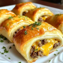 To make Garlic Butter Cheeseburger Rollups, you need fresh and simple ingredients. Here’s what you will need: - 1 lb ground beef - 1 cup shredded cheddar cheese - 1/2 cup cream cheese, softened - 1 tablespoon Worcestershire sauce - 1 teaspoon garlic powder - Salt and pepper to taste - 1 package of refrigerated crescent roll dough - 4 tablespoons unsalted butter, melted - 1 tablespoon fresh parsley, chopped (for garnish) Each ingredient plays a key role in the flavor of the rollups. The ground beef gives a hearty base. The cheddar and cream cheese add creaminess and richness. Worcestershire sauce brings a savory depth. Garlic powder adds that delicious aroma. Salt and pepper enhance the taste, while the crescent roll dough wraps everything up. The melted butter on top helps achieve a golden and crispy finish. Finally, fresh parsley adds a pop of color and freshness. Make sure to gather these ingredients before you start cooking. It really makes the process smooth and fun! {{ingredient_image_1}} First, you need to preheat your oven to 375°F (190°C). This step is key for even baking. While it heats, you can prepare the rest of the meal. In a skillet, place 1 pound of ground beef over medium heat. Cook it until it turns brown. This should take about 5 to 7 minutes. Drain any excess fat to keep your rollups from being greasy. After cooking, stir in 1 tablespoon of Worcestershire sauce, 1 teaspoon of garlic powder, salt, and pepper. Mix these well. Then, take the skillet off the heat. Let it cool for a moment. Then, add 1 cup of shredded cheddar cheese and 1/2 cup of softened cream cheese. Mix until the cheeses are well combined. Next, take the package of refrigerated crescent roll dough. Unroll it on a clean surface. Separate the dough into triangles. Each triangle will hold your beef and cheese mix. Now, place a spoonful of the beef mixture at the wide end of each triangle. Roll the dough from the wide end to the pointed end. Make sure to seal the edges tightly. This keeps the filling inside when they bake. Place each rollup seam side down on a baking sheet lined with parchment paper. Brush the tops with 4 tablespoons of melted unsalted butter. This adds flavor and helps them brown. Bake in the oven for 12 to 15 minutes. Look for a golden brown color. Once done, remove from the oven. Let them cool for a few minutes before serving. Garnish with chopped fresh parsley for a nice touch. To get the best taste, use fresh ground beef. Fresh meat gives a rich flavor. Mix in Worcestershire sauce, garlic powder, salt, and pepper well. Each bite should burst with flavor. You can also try adding spices like onion powder for a deeper taste. After cooking the beef, let it cool for a few minutes. This step helps the cheese melt evenly. If the mixture is too hot, it can make the dough soggy. A cool filling keeps everything nice and crisp. When rolling up the dough, be sure to seal the edges tight. This step stops the filling from leaking out. Press the seams firmly with your fingers. You can also use a fork to crimp the edges. A good seal means better rollups. Brushing the rollups with melted butter gives them a lovely golden color. Use a pastry brush to coat each one. This step not only adds color but also taste. Bake them until they are golden brown for a perfect finish. Pro Tips Use Fresh Ingredients: Fresh ground beef and quality cheeses will elevate the flavor of your rollups significantly. Customize the Filling: Feel free to add in your favorite ingredients like diced onions, jalapeños, or cooked bacon for an extra kick. Watch the Baking Time: Keep an eye on the rollups while baking to ensure they don't over-brown; ovens can vary in temperature. Serve with Dipping Sauces: Try serving these rollups with ketchup, mustard, or a spicy ranch dressing for added flavor. {{image_2}} You can boost the taste of your Garlic Butter Cheeseburger Rollups by adding spices. Try paprika for a smoky kick. Cumin adds warmth and depth. A pinch of cayenne can give it heat. You can even use Italian seasoning for a fresh twist. Mix these into your ground beef while cooking for the best flavor. If you want to switch things up, use different cheeses. Monterey Jack gives a nice melt and a mild taste. Pepper Jack adds spice if you like it hot. For a creamy touch, try goat cheese. Each cheese brings a unique flavor and texture to your rollups. You can make these rollups vegetarian by using plant-based meat. Try crumbled tofu or lentils as a base. Add mushrooms for a meaty texture. Mix in your favorite herbs and spices for extra flavor. Use the same cheese or a vegan cheese to complete the dish. Dipping sauces can take your rollups to the next level. Classic ketchup is always a hit. Mustard adds a tangy flavor. You can mix ranch dressing for a creamy dip. For a spicy kick, try sriracha or buffalo sauce. These sauces make every bite more exciting! I love to keep my Garlic Butter Cheeseburger Rollups fresh. After serving, let them cool completely. Place any leftovers in an airtight container. They will stay good in the fridge for up to three days. When you're ready to eat, just grab one and enjoy! Freezing these rollups is a great option. To freeze, wrap each rollup individually in plastic wrap. Then, place them in a freezer bag. They can last in the freezer for about three months. When you want to eat them, take them out and thaw in the fridge overnight. Reheating is easy and keeps the flavor. You can use an oven or a microwave. For the oven, preheat it to 350°F (175°C). Place the rollups on a baking sheet and heat for about 10 minutes. For the microwave, heat each rollup for 30 seconds or until warm. Enjoy your tasty meal! You can make this recipe ahead by preparing the rollups. Assemble them, then cover with plastic wrap. Store in the fridge for up to 24 hours. When ready to bake, remove the wrap and brush with butter. Bake as directed. This makes dinner easy! Yes, you can use ground turkey instead of beef. It will still taste great! Ground turkey is leaner, which may change the flavor slightly. Adjust seasoning as needed to keep it tasty. These rollups pair well with many sides. Try serving them with: - Fresh salad - Sweet potato fries - Coleslaw - Pickles These sides add crunch and flavor to your meal. Leftovers can last in the fridge for about three days. Store them in an airtight container. To keep them fresh, reheat in an oven or microwave before serving. Enjoy them again for a quick meal! This blog post showed you how to make tasty cheeseburger rollups. We covered the key ingredients like ground beef and cheddar cheese. I shared simple steps to cook and bake them. You learned tips to enhance flavor and variations for different diets. Plus, I explained how to store leftovers and answered common questions. These rollups are easy and fun to make. Now, you can enjoy a new twist on a classic flavor with friends and family. Happy cooking!