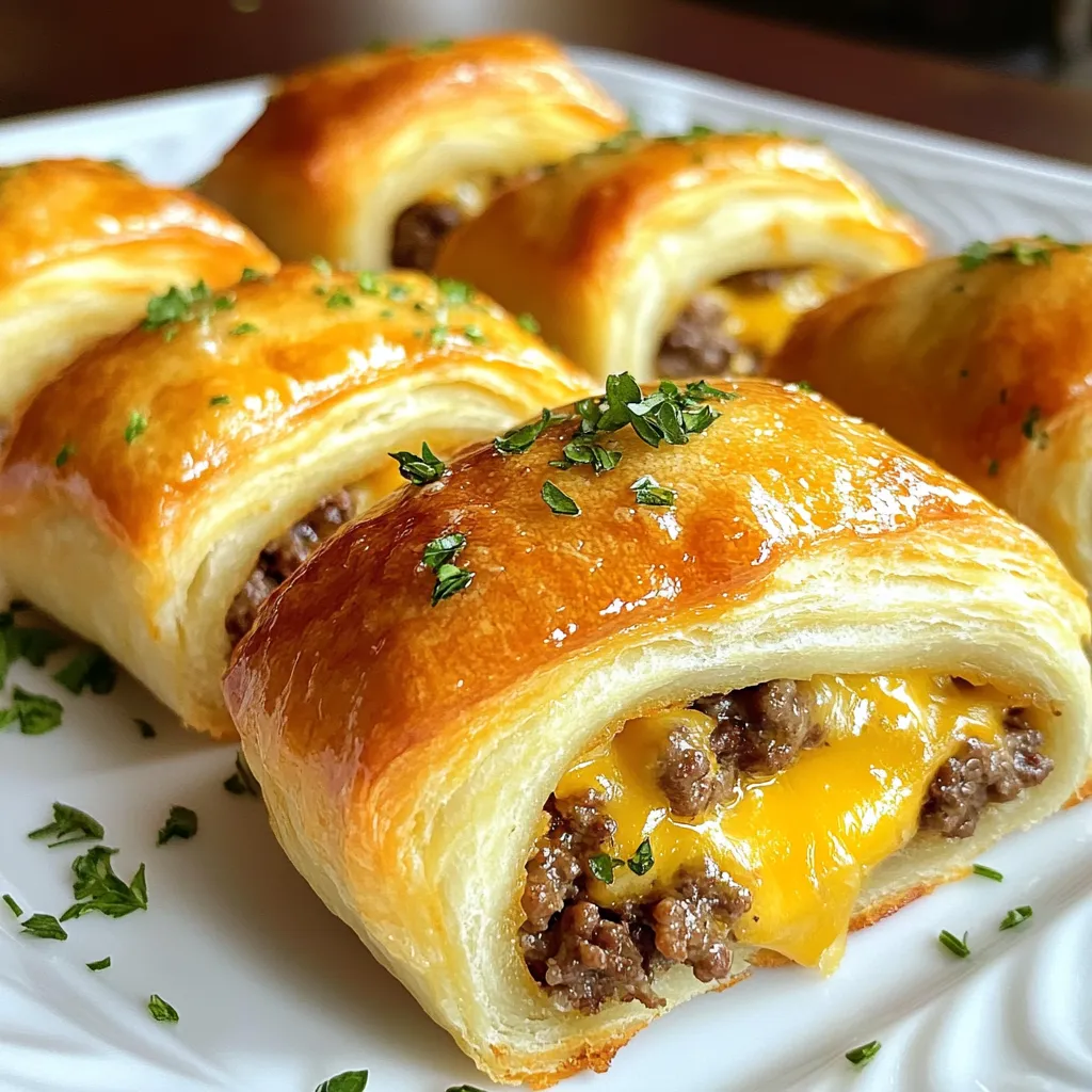To make Garlic Butter Cheeseburger Rollups, you need fresh and simple ingredients. Here’s what you will need: - 1 lb ground beef - 1 cup shredded cheddar cheese - 1/2 cup cream cheese, softened - 1 tablespoon Worcestershire sauce - 1 teaspoon garlic powder - Salt and pepper to taste - 1 package of refrigerated crescent roll dough - 4 tablespoons unsalted butter, melted - 1 tablespoon fresh parsley, chopped (for garnish) Each ingredient plays a key role in the flavor of the rollups. The ground beef gives a hearty base. The cheddar and cream cheese add creaminess and richness. Worcestershire sauce brings a savory depth. Garlic powder adds that delicious aroma. Salt and pepper enhance the taste, while the crescent roll dough wraps everything up. The melted butter on top helps achieve a golden and crispy finish. Finally, fresh parsley adds a pop of color and freshness. Make sure to gather these ingredients before you start cooking. It really makes the process smooth and fun! {{ingredient_image_1}} First, you need to preheat your oven to 375°F (190°C). This step is key for even baking. While it heats, you can prepare the rest of the meal. In a skillet, place 1 pound of ground beef over medium heat. Cook it until it turns brown. This should take about 5 to 7 minutes. Drain any excess fat to keep your rollups from being greasy. After cooking, stir in 1 tablespoon of Worcestershire sauce, 1 teaspoon of garlic powder, salt, and pepper. Mix these well. Then, take the skillet off the heat. Let it cool for a moment. Then, add 1 cup of shredded cheddar cheese and 1/2 cup of softened cream cheese. Mix until the cheeses are well combined. Next, take the package of refrigerated crescent roll dough. Unroll it on a clean surface. Separate the dough into triangles. Each triangle will hold your beef and cheese mix. Now, place a spoonful of the beef mixture at the wide end of each triangle. Roll the dough from the wide end to the pointed end. Make sure to seal the edges tightly. This keeps the filling inside when they bake. Place each rollup seam side down on a baking sheet lined with parchment paper. Brush the tops with 4 tablespoons of melted unsalted butter. This adds flavor and helps them brown. Bake in the oven for 12 to 15 minutes. Look for a golden brown color. Once done, remove from the oven. Let them cool for a few minutes before serving. Garnish with chopped fresh parsley for a nice touch. To get the best taste, use fresh ground beef. Fresh meat gives a rich flavor. Mix in Worcestershire sauce, garlic powder, salt, and pepper well. Each bite should burst with flavor. You can also try adding spices like onion powder for a deeper taste. After cooking the beef, let it cool for a few minutes. This step helps the cheese melt evenly. If the mixture is too hot, it can make the dough soggy. A cool filling keeps everything nice and crisp. When rolling up the dough, be sure to seal the edges tight. This step stops the filling from leaking out. Press the seams firmly with your fingers. You can also use a fork to crimp the edges. A good seal means better rollups. Brushing the rollups with melted butter gives them a lovely golden color. Use a pastry brush to coat each one. This step not only adds color but also taste. Bake them until they are golden brown for a perfect finish. Pro Tips Use Fresh Ingredients: Fresh ground beef and quality cheeses will elevate the flavor of your rollups significantly. Customize the Filling: Feel free to add in your favorite ingredients like diced onions, jalapeños, or cooked bacon for an extra kick. Watch the Baking Time: Keep an eye on the rollups while baking to ensure they don't over-brown; ovens can vary in temperature. Serve with Dipping Sauces: Try serving these rollups with ketchup, mustard, or a spicy ranch dressing for added flavor. {{image_2}} You can boost the taste of your Garlic Butter Cheeseburger Rollups by adding spices. Try paprika for a smoky kick. Cumin adds warmth and depth. A pinch of cayenne can give it heat. You can even use Italian seasoning for a fresh twist. Mix these into your ground beef while cooking for the best flavor. If you want to switch things up, use different cheeses. Monterey Jack gives a nice melt and a mild taste. Pepper Jack adds spice if you like it hot. For a creamy touch, try goat cheese. Each cheese brings a unique flavor and texture to your rollups. You can make these rollups vegetarian by using plant-based meat. Try crumbled tofu or lentils as a base. Add mushrooms for a meaty texture. Mix in your favorite herbs and spices for extra flavor. Use the same cheese or a vegan cheese to complete the dish. Dipping sauces can take your rollups to the next level. Classic ketchup is always a hit. Mustard adds a tangy flavor. You can mix ranch dressing for a creamy dip. For a spicy kick, try sriracha or buffalo sauce. These sauces make every bite more exciting! I love to keep my Garlic Butter Cheeseburger Rollups fresh. After serving, let them cool completely. Place any leftovers in an airtight container. They will stay good in the fridge for up to three days. When you're ready to eat, just grab one and enjoy! Freezing these rollups is a great option. To freeze, wrap each rollup individually in plastic wrap. Then, place them in a freezer bag. They can last in the freezer for about three months. When you want to eat them, take them out and thaw in the fridge overnight. Reheating is easy and keeps the flavor. You can use an oven or a microwave. For the oven, preheat it to 350°F (175°C). Place the rollups on a baking sheet and heat for about 10 minutes. For the microwave, heat each rollup for 30 seconds or until warm. Enjoy your tasty meal! You can make this recipe ahead by preparing the rollups. Assemble them, then cover with plastic wrap. Store in the fridge for up to 24 hours. When ready to bake, remove the wrap and brush with butter. Bake as directed. This makes dinner easy! Yes, you can use ground turkey instead of beef. It will still taste great! Ground turkey is leaner, which may change the flavor slightly. Adjust seasoning as needed to keep it tasty. These rollups pair well with many sides. Try serving them with: - Fresh salad - Sweet potato fries - Coleslaw - Pickles These sides add crunch and flavor to your meal. Leftovers can last in the fridge for about three days. Store them in an airtight container. To keep them fresh, reheat in an oven or microwave before serving. Enjoy them again for a quick meal! This blog post showed you how to make tasty cheeseburger rollups. We covered the key ingredients like ground beef and cheddar cheese. I shared simple steps to cook and bake them. You learned tips to enhance flavor and variations for different diets. Plus, I explained how to store leftovers and answered common questions. These rollups are easy and fun to make. Now, you can enjoy a new twist on a classic flavor with friends and family. Happy cooking!