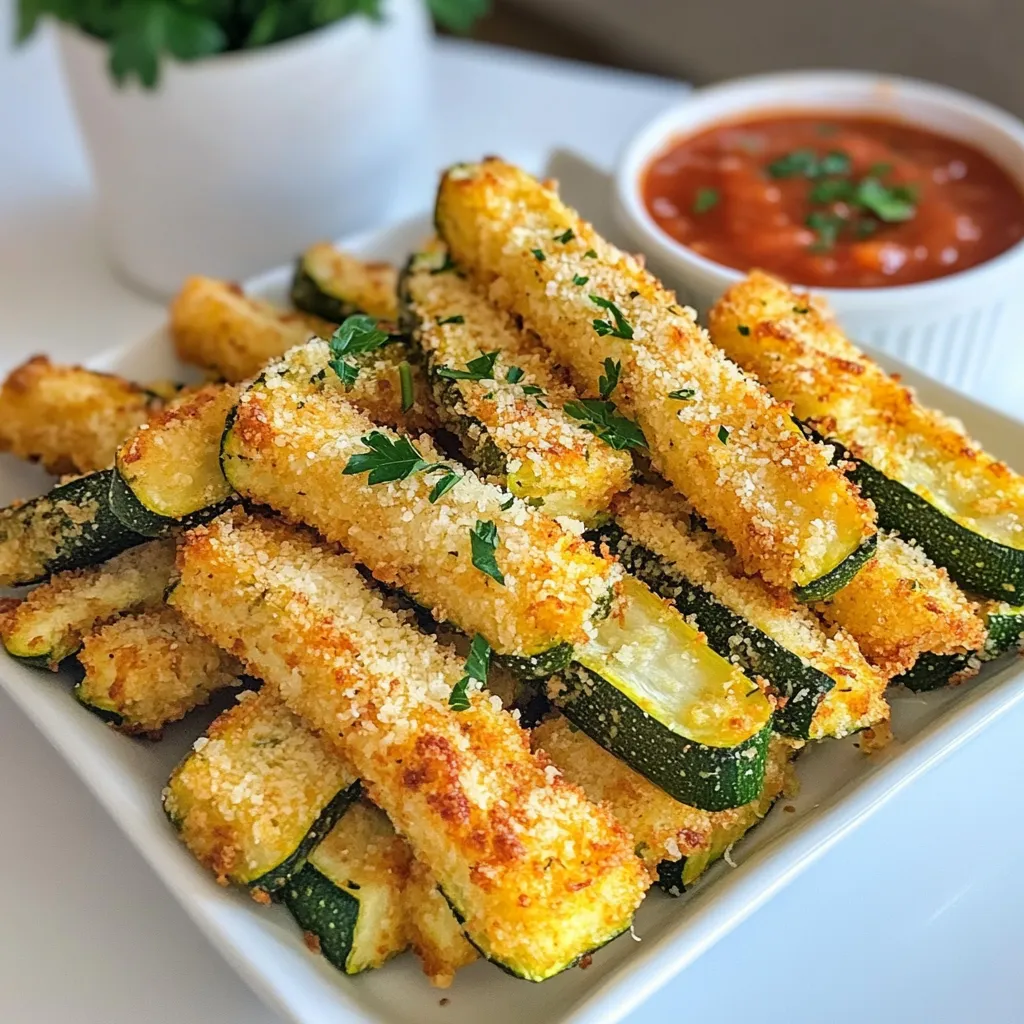 - 2 medium zucchinis - 1 cup breadcrumbs - 1/2 cup grated Parmesan cheese - 1 teaspoon garlic powder - 1 teaspoon onion powder - 1/2 teaspoon paprika - Salt and pepper to taste - 2 large eggs, beaten - Olive oil spray The main ingredients for Air Fryer Parmesan Zucchini Fries are simple yet flavorful. You need two medium zucchinis. Cutting them into thin fry shapes makes them crispy. Next, grab one cup of breadcrumbs. I prefer whole wheat for a nutty taste. You also need half a cup of grated Parmesan cheese. This cheese adds a rich flavor that makes these fries irresistible. For seasoning, you will use garlic powder and onion powder. A teaspoon of each gives a great base flavor. A half teaspoon of paprika adds a hint of smokiness. Don't forget salt and pepper to taste. These spices really enhance the taste of the zucchini. To bind everything together, use two large eggs, beaten well. This helps the breadcrumbs stick. Finally, a light spray of olive oil ensures that your fries get nice and crispy in the air fryer. Each ingredient has a role in creating the perfect crunchy snack. {{ingredient_image_1}} Set the temperature to 400°F (200°C). Preheat for about 5 minutes. This step helps the fries cook evenly and get crispy. Cut the zucchinis into thin fry shapes. Aim for uniform sizes for even cooking. Set up two dipping stations: one for the egg mixture and one for the breadcrumb mixture. This makes the process smooth and quick. First, dip each zucchini fry into the egg mixture. Make sure to coat it fully. Then, transfer it to the breadcrumb mixture. Press gently to ensure the fry is well covered with the mix. This step adds great flavor and crunch. Arrange the coated zucchini fries in a single layer in the air fryer basket. Avoid overcrowding; this helps them crisp up. Lightly spray the tops with olive oil. Cook at 400°F (200°C) for 10-12 minutes. Flip the fries halfway through. This ensures they brown evenly. Once they are golden and crispy, remove them and let them cool for a few minutes before serving. To get the best crunch, coat your zucchini fries evenly. This ensures each fry gets golden and crispy. Use olive oil spray lightly on top. This helps with browning and adds flavor without excess oil. For a great presentation, stack the zucchini fries neatly on a plate. Sprinkle extra Parmesan on top for a tasty touch. Serve with marinara sauce for dipping. It adds a burst of flavor that you'll love. If your fries turn out soggy, try cooking them longer. Increase the air fryer time by a few minutes. Check your air fryer model; they can cook differently. Adjust the cooking time based on how your air fryer performs. Pro Tips Choose the Right Zucchini: Opt for smaller, firm zucchinis as they have a better texture for frying and are less watery than larger ones. Egg Coating is Key: Ensure that each fry is fully coated in the egg mixture before breading to achieve a perfect crispy layer. Don't Overcrowd the Air Fryer: Fry in batches if necessary to allow hot air to circulate around each fry, ensuring even cooking and crispiness. Experiment with Seasonings: Feel free to add your favorite herbs and spices to the breadcrumb mixture for a personalized flavor boost. {{image_2}} You can switch out the Parmesan for other cheeses. Try cheddar for a sharp taste. Mixed cheeses add a fun twist. Each cheese changes the flavor of the fries. Cheddar makes them richer, while mozzarella gives a stretchy bite. Experimenting with cheeses can lead to tasty surprises. To make your fries gluten-free, swap breadcrumbs for gluten-free options. Almond flour or crushed cornflakes work well. These substitutes give a nice crunch too. Use ground oats or chickpea flour as alternative binding agents instead of eggs. They help hold the fries together without gluten. Boost the flavor with spices and herbs. Try adding Italian seasoning, cayenne, or even dried basil. Mixing in some fresh herbs like parsley or dill makes them pop. You can even sprinkle some lemon zest for a fresh twist. Customizing seasoning blends lets you create your own unique taste. Let the zucchini fries cool before you store them. This step is key. If you skip it, steam can build up in the container. Steam leads to soggy fries. To cool, place them on a wire rack. This allows air to flow around them and keeps them crispy. Use an airtight container for storage. This helps keep the fries fresh. I recommend using a glass or plastic container with a tight lid. Store the fries in the fridge for up to three days. After this time, they may lose their taste and texture. To reheat zucchini fries, use the air fryer or oven. This keeps them crispy. Set the air fryer to 350°F (175°C) and cook for about 5-7 minutes. If using an oven, preheat to 375°F (190°C) and bake for about 10 minutes. Avoid using the microwave, as it makes fries soggy. For best results, spray a little olive oil before reheating. Using frozen zucchini is not ideal. Frozen zucchini has more water. This makes it soft when cooked. You will lose that nice, crispy texture. If you have fresh zucchini, use it instead. Fresh zucchini fries hold their shape better and taste great. For the best results, cook zucchini fries for 10-12 minutes. Set your air fryer to 400°F (200°C). Flip the fries halfway through cooking. This helps them brown evenly. Keep an eye on them towards the end. You want them golden and crispy. Yes, you can bake them! Preheat your oven to 425°F (220°C). Lay the fries on a baking sheet. Make sure they are in a single layer. Bake for about 20-25 minutes. Flip them halfway for even browning. They may not be as crispy, but still tasty! In this post, we explored how to make crispy air fryer Parmesan zucchini fries. You learned about the main and seasoning ingredients, and how to prepare and cook them step-by-step. Tips on achieving crispiness and variations make the recipe adaptable. Proper storage and reheating methods ensure leftovers stay delicious. Now you have all the tools to create a tasty snack. Enjoy experimenting and make it your own!