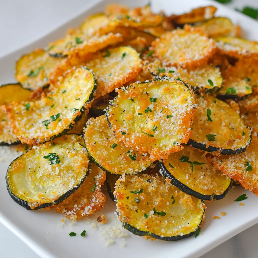 To make Garlic Parmesan Zucchini Chips, gather these items: - 2 medium zucchinis, thinly sliced - 1 cup grated Parmesan cheese - 1 teaspoon garlic powder - 1 teaspoon onion powder - 1 teaspoon dried oregano - Salt and pepper to taste - 1 tablespoon olive oil - Cooking spray (optional) These simple ingredients come together to create a tasty treat. If you need to make swaps, here are some ideas: - Use nutritional yeast instead of Parmesan for a vegan option. - Swap garlic powder with fresh minced garlic for more flavor. - Instead of oregano, try Italian seasoning or basil for a different taste. - For added crunch, you can use panko breadcrumbs instead of cheese. These swaps will still give you delicious chips. Fresh ingredients really boost the taste of your chips. Fresh zucchinis have a better crunch. They are more flavorful too. Use good-quality Parmesan cheese for a rich, cheesy flavor. Fresh herbs also add brightness to the dish. Always choose the freshest items you can find. This small step makes a big difference in your final snack. {{ingredient_image_1}} Start by washing two medium zucchinis. Slice them thinly, about 1/8 inch thick. Thin slices cook better and get crispier. This step is key for great chips. In a large bowl, combine one cup of grated Parmesan cheese, one teaspoon of garlic powder, one teaspoon of onion powder, and one teaspoon of dried oregano. Add salt and pepper to taste. Mix well. This blend adds lots of flavor to your chips. Preheat your oven to 225°F (110°C). This low heat helps the zucchini dry out slowly. Line a baking sheet with parchment paper and spray lightly with cooking spray. Toss the zucchini slices in the spice mix. Drizzle one tablespoon of olive oil over them. Make sure they are coated well. Next, spread the slices on the baking sheet in a single layer. Bake for about 1 hour and 15 minutes. Flip the slices halfway through for even crispiness. Check for a golden brown color. Let them cool for a few minutes. Cooling makes them even crispier. Enjoy! To make your zucchini chips extra crispy, slice them thin. Aim for about 1/8 inch thick. This helps them cook evenly. After slicing, sprinkle salt on them. Let them sit for about 10 minutes. This draws out moisture. Pat them dry with a towel. Less moisture means crunchier chips! A good baking sheet is key for crispiness. Use a heavy-duty, rimmed baking sheet. This allows hot air to circulate around the chips. Line it with parchment paper for easy cleanup. If you have a wire rack, place it on the baking sheet. This keeps the chips from sitting in moisture. Add a twist to your chips with extra spices. Try smoked paprika for a smoky flavor. Red pepper flakes can add heat. If you love herbs, fresh thyme or basil can be great. Mix and match to find what you enjoy! Experimenting with flavors makes cooking fun and personal. Pro Tips Slice Evenly: Ensure that all zucchini slices are uniform in thickness to guarantee even cooking and crispiness. Use Fresh Ingredients: Opt for fresh Parmesan cheese over pre-grated versions for a richer flavor and better melting properties. Experiment with Seasonings: Feel free to customize the spice mix by adding your favorite herbs or spices like paprika or cayenne for a kick. Store Properly: For the best texture, store leftover zucchini chips in an airtight container at room temperature to maintain their crispiness. {{image_2}} You can swap out Parmesan for other cheeses. Cheddar adds a sharp flavor. Mozzarella gives a stretchy bite. Nutritional yeast is great for a vegan twist. Each cheese brings its own taste and texture. Try mixing two or more for a unique flavor. Want to spice things up? Add red pepper flakes for heat. Smoked paprika gives a nice smoky flavor. You can also try cumin for an earthy taste. Experiment with your favorite spices to make these chips your own. Just remember to start with a small amount. If you want to switch it up, try other veggies. Sweet potatoes make for a sweet, crunchy chip. Carrots are also a great choice with a slight sweetness. Eggplant can provide a different texture and flavor. Just cut them thin and follow the same steps. To keep your garlic Parmesan zucchini chips fresh, store them in an airtight container. Line the container with paper towels to absorb moisture. Place the chips in a single layer if you can. This method helps keep them crispy. Store the container in a cool, dry place. They stay tasty for about 3 days. After that, they may lose their crunch. To reheat your zucchini chips, use the oven. Preheat it to 350°F (175°C). Spread the chips on a baking sheet in a single layer. Bake for about 5 to 10 minutes. This process helps revive their crispiness. Avoid microwaving them, as this can make them soggy. The oven brings back the crunch you love. If you want to freeze your zucchini chips, start by cooling them completely. Once cool, place them in a freezer-safe bag. Make sure to remove as much air as possible. You can freeze them for up to 2 months. When you're ready to eat them, there’s no need to thaw. Just pop them in the oven at 350°F (175°C) for about 10–15 minutes. Enjoy that crisp texture again! Yes, you can make these zucchini chips in an air fryer. Set your air fryer to 350°F (175°C). Toss the zucchini slices with olive oil and seasonings as usual. Place them in a single layer in the air fryer basket. Cook for about 15 to 20 minutes, shaking halfway through. This method keeps them crispy and delicious. To keep the chips crispy, follow a few simple steps. First, slice the zucchini thinly, about 1/8 inch thick. This helps them cook evenly. Second, use a towel to pat the slices dry before seasoning. This removes excess moisture. Lastly, bake or air fry them in a single layer without overlap. This ensures they crisp up well. Zucchini chips pair well with many tasty dips. Classic marinara sauce adds a nice flavor. You can also try ranch dressing for a creamy option. Other good choices include tzatziki sauce or a spicy aioli. Feel free to experiment with your favorite sauces to find the perfect match. In this post, we covered the ingredients and steps to make crispy zucchini chips. We discussed ingredient substitutions and the need for fresh produce. I shared tips for achieving perfect crispiness and suggested variations. You can store leftovers properly to keep them tasty. Ultimately, these zucchini chips offer a fun way to enjoy healthy snacks. Experiment with flavors to make this recipe your own. Enjoy your cooking and happy snacking!