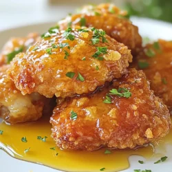 To make Hot Honey Crunchy Chicken, you'll need some key ingredients. Each one plays a vital role in creating crispy goodness. Here’s what you’ll gather: - 1 lb chicken thighs, boneless and skinless - 1 cup buttermilk - 1 cup all-purpose flour - 1 teaspoon paprika - 1 teaspoon garlic powder - 1 teaspoon onion powder - 1/2 teaspoon cayenne pepper (adjust for spice preference) - 1/2 teaspoon salt - 1/2 teaspoon black pepper - Vegetable oil (for frying) - 1/4 cup hot honey (store-bought or homemade) - Fresh parsley, chopped (for garnish) These ingredients are easy to find. The chicken thighs give you that juicy bite. Buttermilk makes the chicken tender. The flour and spices create a crispy coating that you will love. Hot honey adds a sweet kick, while fresh parsley brightens the dish. Each part works together for a tasty meal. {{ingredient_image_1}} Start by marinating the chicken. Marinating helps to tenderize the meat and add flavor. In a medium bowl, mix 1 cup of buttermilk with 1 pound of boneless, skinless chicken thighs. This mix keeps the chicken juicy. Cover the bowl and put it in the fridge. Let it sit for at least 1 hour. For best results, marinate overnight. This extra time makes the chicken even more tender and flavorful. Next, prepare the coating. In a separate bowl, combine 1 cup of all-purpose flour with spices. Add 1 teaspoon of paprika, 1 teaspoon of garlic powder, 1 teaspoon of onion powder, 1/2 teaspoon of cayenne pepper, 1/2 teaspoon of salt, and 1/2 teaspoon of black pepper. Whisk these together well. Make sure the spices are evenly mixed in the flour. To get a crispy coating, press the chicken firmly into the flour mix when coating it. This helps it stick. Now it’s time to cook the chicken. Heat about 1 inch of vegetable oil in a large skillet over medium-high heat. Use a thermometer to check the oil temperature. You want it to reach 350°F (175°C). Carefully place the coated chicken thighs into the hot oil. Fry each side for about 5-7 minutes. You want them golden brown and crispy. Use a meat thermometer to check for doneness. The internal temperature must reach 165°F (74°C). If you have too much chicken for one batch, fry them in groups. Avoid overcrowding the pan. To get that extra crunch, you can double-coat the chicken. Here’s how: - First, dip the chicken in buttermilk. - Next, coat it in the flour mix. - Then, dip it back into the buttermilk again. - Finally, coat it a second time with the flour mix. This method traps more air and creates a crispier crust when frying. You can easily change the spice level of your hot honey crunchy chicken. For a mild taste, skip the cayenne pepper. For a medium heat, use 1/4 teaspoon. If you love spice, add the full 1/2 teaspoon. You can also mix in other spices like chili powder or even a dash of hot sauce for more flavor. Hot honey crunchy chicken pairs well with many sides. Here are some great options: - Coleslaw: It adds a cool crunch. - Cornbread: The sweetness complements the heat. - Macaroni and cheese: Creamy and comforting. - Roasted vegetables: A healthy touch to balance the meal. Serve this chicken hot and drizzle more hot honey on top for a sweet and spicy kick! Pro Tips Marination Magic: The longer you marinate the chicken in buttermilk, the more tender and flavorful it will be. Aim for at least 1 hour, but overnight is best. Perfectly Coated: For a thicker crust, double-dip the chicken by dipping it back into the buttermilk after the first flour coating and then dredging it again in the flour mixture. Oil Temperature: Use a thermometer to ensure the oil is at 350°F (175°C). If the oil is too hot, the chicken will burn; too cool, and it will absorb excess oil. Serving Suggestions: Serve the chicken immediately after drizzling with hot honey for maximum crispiness. Pair it with sides like coleslaw or cornbread for a delicious meal. {{image_2}} You can switch up the chicken in this recipe. Chicken breasts are a great choice. They cook fast and stay juicy. Chicken tenders work well too. They are easy to handle and fry up nicely. For a plant-based option, try using tofu or seitan. Both can soak up flavors well. Just marinate them like you would with chicken. This way, you get that tasty hot honey kick. You can play with the heat level of the hot honey. Add more cayenne pepper to the chicken coating for a spicier dish. You can also mix in some chili flakes with the hot honey. This adds different layers of flavor. If you prefer sweet, reduce the cayenne or use milder honey. You can even mix honey with maple syrup for a sweet twist. Each version gives you a unique taste. This hot honey crunchy chicken shines in many ways. Serve it as a sandwich with crispy lettuce and pickles. The crunch and sweet heat make a perfect combo. You can also chop it up and toss it in a salad. This adds protein and flavor to your greens. As an appetizer, serve it with a side of ranch or blue cheese dressing. This way, your guests can dip and enjoy every bite. To keep your hot honey crunchy chicken fresh, follow these steps: - Let the chicken cool to room temperature before storing. - Place the chicken in an airtight container. - Store it in the fridge for up to three days. - If you want to keep it longer, consider freezing it. Storing chicken properly helps maintain its flavor and texture. Avoid leaving leftovers at room temperature for too long. This practice keeps your food safe and delicious. When reheating, you want to keep that crispy goodness. Here’s how: - Preheat your oven to 375°F (190°C). - Place the chicken on a baking sheet. - Bake for about 10-15 minutes until heated through. - You can also use an air fryer. Set it to 350°F (175°C) for about 5-7 minutes. These methods help restore the crispiness. Avoid using the microwave, as it can make the chicken soggy. Freezing hot honey crunchy chicken is easy: - Wrap each piece tightly in plastic wrap. - Place the wrapped chicken in a freezer bag. - Label the bag with the date. You can freeze the chicken for up to three months. Thaw it in the fridge overnight before reheating. This keeps it safe and tasty for later enjoyment. Yes, making hot honey at home is easy. Combine equal parts honey and a hot sauce you like. Use a small pot. Heat it over low heat until warm. Stir until well mixed. Let it cool before using. You can adjust the heat by adding more hot sauce. This way, you can create your perfect blend! If you do not have buttermilk, you can use milk and vinegar. Just mix 1 cup of milk with 1 tablespoon of vinegar. Let it sit for five minutes to thicken. You can also use plain yogurt or sour cream, thinned with a little water. Both options will work well in this recipe. Cooked chicken can stay fresh in the fridge for up to four days. Make sure to store it in an airtight container. This helps keep it safe and tasty. If you want to keep it longer, consider freezing it. Cooked chicken can last in the freezer for about four months. Hot honey crunchy chicken pairs well with many sides. Here are some great options: - Coleslaw adds a cool crunch. - Cornbread gives a sweet bite. - Roasted veggies add color and flavor. - Mac and cheese offers creamy comfort. These sides balance the spicy and sweet notes of the chicken. Enjoy mixing and matching them! In this post, we covered how to make hot honey crunchy chicken. We discussed key ingredients, marinating tips, and frying steps. Achieving the perfect crispness is crucial, and we explored spice levels to suit your taste. Don’t forget about variations and serving ideas to make this dish your own. Try these tips to enjoy a delicious meal. Experiment with cooking methods and storage options to keep your chicken fresh. Enjoy your tasty creations!