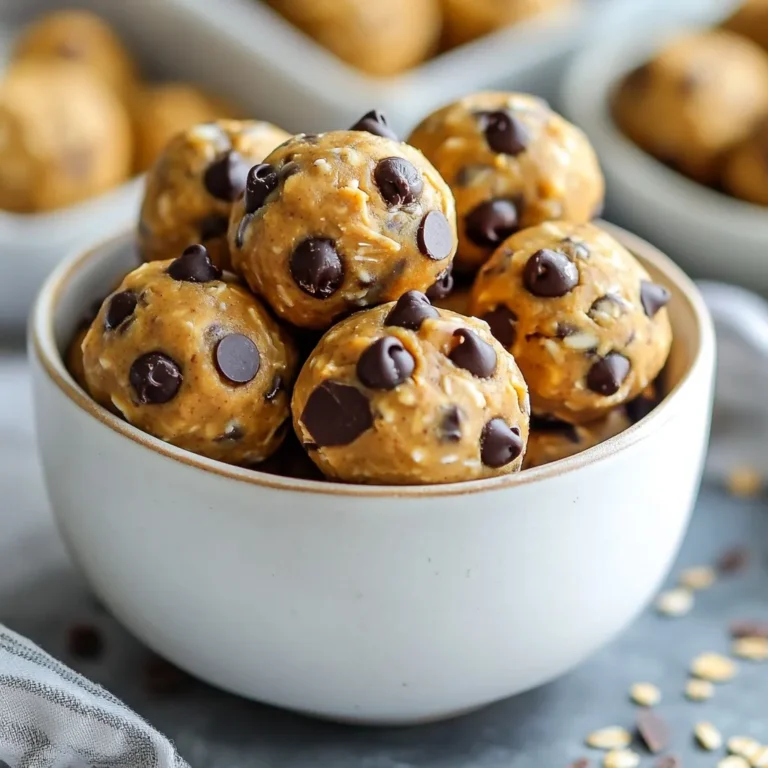 To make these tasty peanut butter energy bites, you will need: - 1 cup rolled oats - 1/2 cup natural peanut butter - 1/4 cup honey or maple syrup - 1/4 cup mini chocolate chips (dark or milk) - 1/4 cup ground flaxseed - 1/2 teaspoon vanilla extract - 1/4 teaspoon sea salt Each ingredient plays a key role in flavor and nutrition. Rolled oats give a chewy texture. Natural peanut butter adds creaminess and protein. Honey or maple syrup provides sweetness and binds the mix. Mini chocolate chips add a fun touch. Ground flaxseed boosts fiber and healthy fats. Vanilla extract enhances flavor, while sea salt balances everything out. You can swap ingredients to fit your taste or needs: - Nut butter alternatives: Use almond butter or sunflower seed butter for nut-free options. - Sweetener options: You can switch honey for maple syrup or agave for a vegan choice. - Flaxseed substitutions: Chia seeds can replace ground flaxseed. They offer similar nutrition and texture. These swaps keep the recipe flexible and tasty. Each serving of these energy bites packs a punch: - Caloric content: About 100 calories per bite. - Macronutrients: Roughly 4g protein, 5g fat, and 10g carbs. The ingredients provide health benefits: - Rolled oats offer fiber for digestion. - Peanut butter supplies good fats and protein. - Flaxseed adds omega-3 fatty acids, great for heart health. This snack is nutritious and energizing, perfect for any time of day. {{ingredient_image_1}} - Combining dry ingredients Start with a large mixing bowl. Add 1 cup of rolled oats, 1/4 cup of ground flaxseed, and 1/4 teaspoon of sea salt. Stir them together until well mixed. This step builds a solid base for your energy bites. - Mixing wet ingredients In another bowl, mix 1/2 cup of natural peanut butter, 1/4 cup of honey or maple syrup, and 1/2 teaspoon of vanilla extract. Stir until the mixture is smooth. This blend adds sweetness and flavor to your bites. - Incorporating chocolate chips Pour the peanut butter mixture into the dry ingredients. Mix them together until all the oats and flaxseed are coated. Then, fold in 1/4 cup of mini chocolate chips. They give a nice touch of sweetness and a bit of fun! - Chilling the mixture Place the mixed ingredients in the fridge for about 30 minutes. This helps the mixture firm up and makes it easier to roll. - Rolling into bite-sized balls After chilling, scoop about 1 tablespoon of the mixture. Roll it into a ball between your palms. Repeat this process until all the mixture is rolled into bites. - Storing on a parchment-lined tray Place the rolled energy bites on a parchment-lined tray. Make sure they have space between them. Refrigerate for another 30 minutes or until firm. This helps them hold their shape. - Pairing ideas with drinks Enjoy these bites with a glass of milk or a smoothie. They make a great snack any time of day. - Creative ways to serve energy bites Arrange the bites in a small bowl. Sprinkle extra chocolate chips or flaxseeds on top for a nice look. - Ideal times to consume for energy boosts These energy bites are perfect before or after workouts. They also work well as a quick snack during busy days. To get the right texture for your energy bites, you can make some changes. If you want firmer bites, add more oats or flaxseed. For softer bites, use less oats or add a bit more peanut butter. Chilling time is key; refrigerate the mixture for 30 minutes before rolling. This helps the bites hold their shape. You can make these bites even tastier with mix-ins. Nuts, seeds, or dried fruit work well. Try adding chopped walnuts or raisins for variety. Natural flavoring is also a great option. Cocoa powder gives a chocolatey taste, while spices like cinnamon can add warmth. Kids love fun add-ins! Consider mini marshmallows or colorful sprinkles for a treat. You can also get kids involved in making these bites. Let them scoop and roll the mixture into balls. It makes cooking fun and encourages them to eat healthy snacks. Pro Tips Use Creamy Peanut Butter: For a smoother texture, opt for creamy peanut butter instead of crunchy. This will help the bites hold together better. Chill the Mixture: Allowing the mixture to chill for at least 30 minutes before rolling makes it easier to form the bites and helps them maintain their shape. Add Variety: Feel free to experiment with mix-ins such as dried fruit, nuts, or seeds to customize the flavor and texture to your liking. Store Properly: Keep the energy bites in an airtight container in the fridge for up to a week, or freeze them for longer storage. They make a perfect grab-and-go snack! {{image_2}} You can change up your peanut butter energy bites in fun ways. Here are some ideas: - Chocolate peanut butter energy bites: Add more mini chocolate chips or cocoa powder for a rich taste. - Coconut peanut butter energy bites: Mix in shredded coconut for a tropical twist. It adds a nice chew. - Nut-free energy bites: Swap peanut butter for sunflower seed butter. It keeps the flavor but removes nuts. If you have dietary needs, you can still enjoy these bites: - Vegan options: Use maple syrup instead of honey for a plant-based sweetener. - Gluten-free adaptations: Ensure your oats are gluten-free. This makes them safe for those with allergies. - Low-sugar alternatives: Reduce the honey or syrup. You can also try using a sugar substitute like stevia. Seasonal changes bring new flavors to these bites: - Fall-inspired energy bites: Add pumpkin spice to the mix. This gives a warm flavor perfect for autumn. - Summer fruit-infused bites: Toss in dried fruit like cranberries or mango. It adds sweetness and color for summer vibes. To keep your energy bites fresh, use an airtight container. Glass jars or plastic containers work well. Make sure they seal tightly. Store them in the fridge to keep them firm and safe. This way, they stay tasty for your next snack. You can freeze energy bites for later. Just place them in a single layer on a tray. After a few hours, transfer them to a freezer bag. Squeeze out the air before sealing. When you want to eat one, let it thaw in the fridge for a few hours. They will taste great again! In the fridge, these bites last for up to one week. If you notice any change in texture or smell, it’s best to toss them. Look for signs like a sticky feel or an off odor. Always trust your senses; they help keep you safe! Peanut Butter Energy Bites stay fresh for about one week in your fridge. For longer storage, you can freeze them. In the freezer, they last for up to three months. Just make sure to store them in an airtight container. Yes, you can make these bites without honey. You can replace honey with maple syrup. You might also try using agave syrup for a vegan option. Each of these sweeteners works well and adds a nice flavor. To boost protein, add protein powder to the mix. A scoop of your favorite protein powder blends well. You can also use chia seeds or more ground flaxseed. These options add protein without changing the taste much. Yes, these bites are perfect for kids! They are simple to make and have great taste. Kids love peanut butter and chocolate. Just watch for any nut allergies before serving. Eating two to three energy bites gives a nice boost. They provide quick energy without being too heavy. You can enjoy them as a snack before or after activities. You can make delicious peanut butter energy bites using simple ingredients. We discussed the key components, how to prepare the bites, and tips for different tastes. Remember, you can customize these treats easy with mix-ins or substitutes. They make a great, healthy snack for any time you need a boost. Store them well to keep them fresh. I hope you feel inspired to create your own energy bites at home!