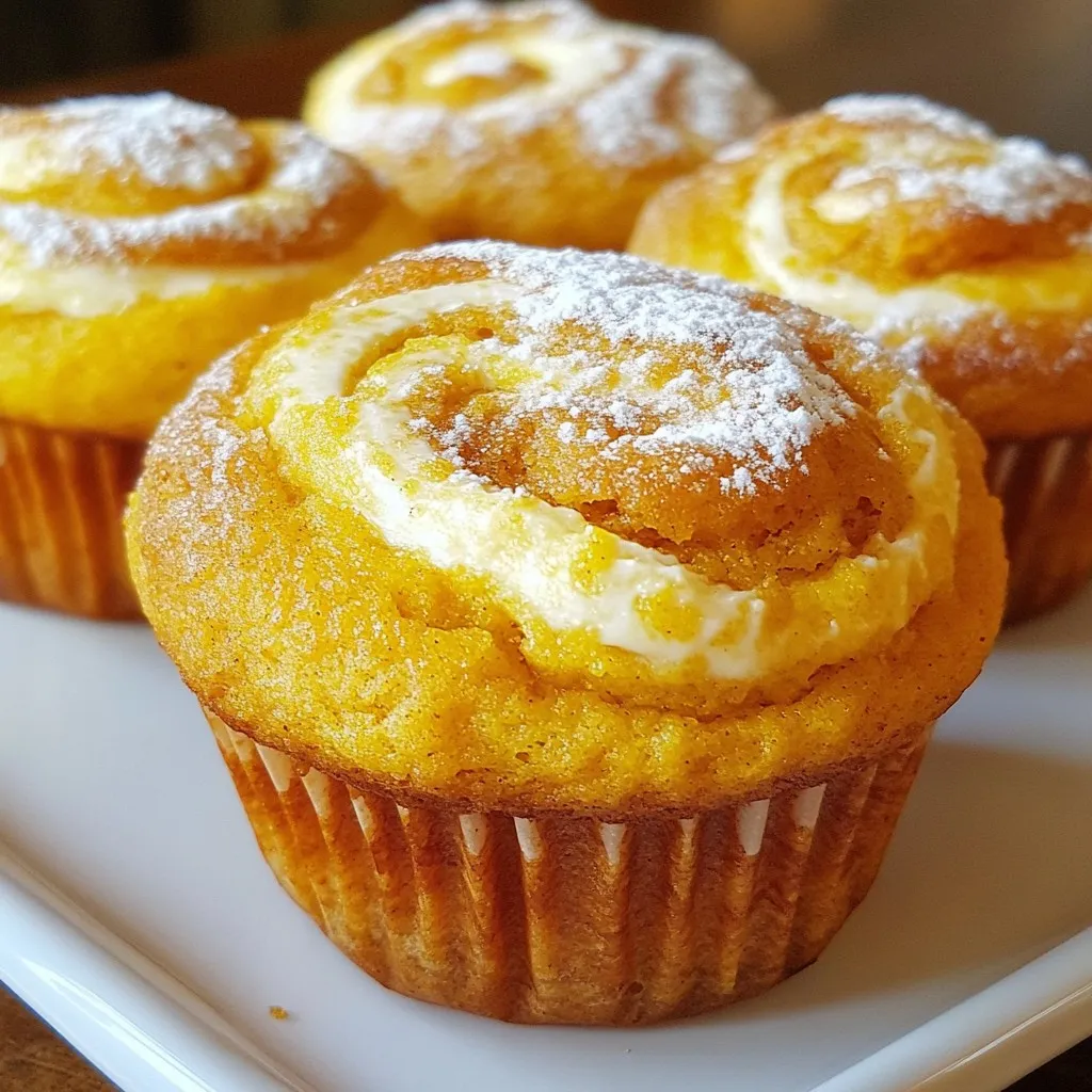 - 1 ½ cups pumpkin puree - 1 cup sugar - ½ cup vegetable oil - 2 large eggs - 1 tsp vanilla extract - 2 cups all-purpose flour - 1 tsp baking powder - 1 tsp baking soda - ½ tsp salt - 1 tsp ground cinnamon - ½ tsp ground nutmeg - ½ tsp ground ginger - 8 oz cream cheese, softened - ¼ cup powdered sugar - 1 egg yolk - 1 tsp vanilla extract The first step to making pumpkin cream cheese swirl muffins is gathering your ingredients. Start with pumpkin puree. This will give your muffins a moist texture and rich flavor. Next, you need sugar to sweeten the batter. Vegetable oil keeps the muffins soft and tender. You will want two large eggs for binding. Don’t forget the vanilla extract, which adds a warm note. All-purpose flour forms the base of the muffins. Baking powder and baking soda help them rise. A little salt enhances all the flavors. Now, let’s spice things up! Ground cinnamon, nutmeg, and ginger bring that cozy fall taste. For the cream cheese swirl, you’ll need softened cream cheese and powdered sugar. The egg yolk and more vanilla extract will make this filling smooth and creamy. Once you have all your ingredients, you are ready to bake! This mix of flavors and textures will make your kitchen smell amazing. Trust me, these muffins are a delightful fall treat! {{ingredient_image_1}} Start by preheating your oven to 350°F (175°C). This step is key to baking the muffins evenly. While the oven heats, line your muffin tin with paper liners. If you prefer, you can lightly grease the muffin cavities. This will help the muffins release easily after baking. In a large bowl, combine 1 ½ cups of pumpkin puree, 1 cup of sugar, ½ cup of vegetable oil, 2 eggs, and 1 tsp of vanilla extract. Use a whisk to mix until everything is smooth. Make sure there are no lumps. This mixture brings rich flavor and moisture to your muffins. In another bowl, whisk together 2 cups of all-purpose flour, 1 tsp of baking powder, 1 tsp of baking soda, ½ tsp of salt, 1 tsp of ground cinnamon, ½ tsp of ground nutmeg, and ½ tsp of ground ginger. Slowly add this dry mix to the wet ingredients. Stir gently until just combined. Be careful not to overmix; a few lumps are fine. This keeps your muffins light and fluffy. In a separate bowl, beat together 8 oz of softened cream cheese, ¼ cup of powdered sugar, 1 egg yolk, and 1 tsp of vanilla extract. Mix until creamy and smooth. This filling adds a delicious contrast to the pumpkin batter. Fill each muffin cup about halfway with the pumpkin batter. Then, add a spoonful of the cream cheese mixture on top. Finally, layer more pumpkin batter until the cups are about ¾ full. This layering creates a delightful surprise in every bite. Place the muffin tin in the preheated oven and bake for 18-22 minutes. To check for doneness, insert a toothpick into the center of a muffin. If it comes out clean, your muffins are ready. Let them cool in the pan for about 10 minutes, then transfer them to a wire rack. This cooling process helps set the flavors and texture. To bake perfect muffins, follow these simple tips. First, use room temperature ingredients. This helps mix everything smoothly. Second, do not overmix your batter. Stir until just combined for a light texture. Third, fill muffin cups evenly. This ensures they bake evenly. Lastly, keep an eye on baking time. Check muffins a few minutes early to avoid overbaking. Muffins can stick to the pan, but you can avoid this. Use paper liners for easy removal. They also help keep muffins moist. If you choose to grease the tin, use a non-stick spray or oil. Be sure to cover the entire surface, especially the edges. Both methods work well. Just find what you like best! Enjoy your muffins warm for the best taste. They are great on their own, but you can add more fun. Try a dollop of whipped cream or a sprinkle of cinnamon sugar on top. For a fancy touch, serve them on a decorative platter, dusted with powdered sugar. A sprig of mint adds a nice color. Pair them with your favorite drink, like coffee or tea, for the perfect fall treat! Pro Tips Use Fresh Pumpkin Puree: For the best flavor, use homemade pumpkin puree instead of canned. Roast fresh pumpkin and blend it until smooth for a richer taste. Don’t Overmix the Batter: To keep your muffins light and fluffy, mix the wet and dry ingredients just until combined. Overmixing can lead to dense muffins. Swirl Technique: When creating the marble effect, use a gentle hand. A few swirls will create a beautiful pattern without fully combining the cream cheese and pumpkin batter. Store Properly: Keep leftover muffins in an airtight container at room temperature for up to 3 days, or freeze them for up to 3 months for later enjoyment. {{image_2}} You can add chocolate chips or nuts to the muffins for extra flavor. I love using semi-sweet chocolate chips. They melt slightly and add a delicious richness. Chopped walnuts or pecans also make a nice crunch. Add about ½ cup of either to the batter before you fill the muffin cups. If you need gluten-free muffins, try using a gluten-free flour blend. Just make sure it has xanthan gum for the right texture. For vegan options, replace eggs with flax eggs. Mix one tablespoon of ground flaxseed with three tablespoons of water. Let it sit for a few minutes until it thickens. Substitute cream cheese with a vegan cream cheese for a dairy-free treat. You can change the spices or fruits based on the season. Try adding a pinch of cardamom for warmth. You could also mix in dried cranberries or raisins for a sweet twist. In winter, consider using chai spices to give it a cozy feel. These small changes keep the muffins fresh and exciting! You can store your pumpkin cream cheese swirl muffins at room temperature. Just put them in an airtight container. This keeps them fresh for a few days. If you live in a warm place, refrigerate them. Place them in a container to avoid drying out. To freeze muffins, let them cool completely. Wrap each muffin in plastic wrap. Then, place them in a freezer bag. Release as much air as you can before sealing. This helps prevent freezer burn. When ready to eat, thaw them in the fridge overnight. You can also reheat them in the microwave for about 20-30 seconds. These muffins stay fresh for about 3 days at room temperature. In the fridge, they last up to a week. If frozen, they can last for 3 months. Make sure to label the bags with the date. This way, you know when to enjoy them! Yes, you can use fresh pumpkin. Fresh pumpkin gives a great flavor. To prepare fresh pumpkin, start by cutting it in half. Remove the seeds and stringy parts. Then, roast the halves in the oven until soft. Once cooled, scoop out the flesh and blend it until smooth. Fresh pumpkin has more nutrients and a richer taste than canned. Just make sure to measure the same amount as in the recipe—1 ½ cups. If you need a cream cheese substitute, try ricotta cheese. It has a mild taste and creamy texture. For a vegan option, use silken tofu blended with a bit of lemon juice. This will mimic the creaminess. Another option is to use mascarpone cheese, which is slightly sweeter. Each option will change the taste a bit, but they will work well in the muffins. To check if your muffins are done, look for a golden top. The edges should pull away slightly from the muffin tin. Use a toothpick to test the center. Insert it into the thickest part of the muffin. If it comes out clean, your muffins are ready. If there is batter on the toothpick, bake for a few more minutes. Yes, you can prepare the batter ahead of time. Mix the wet and dry ingredients as directed, but do not fill the muffin cups yet. Cover the bowl with plastic wrap and store it in the fridge for up to 24 hours. When you are ready to bake, just stir the batter and fill the muffin cups. This method saves time and keeps your muffins fresh! You now know how to make delicious pumpkin cream cheese muffins from start to finish. We covered the key ingredients, step-by-step instructions, and helpful tips. Remember to adjust flavors and add variations to suit your taste. Store your muffins properly to keep them fresh. Enjoy them warm with friends or family. Happy baking!