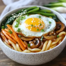 - 200g udon noodles - 1 tablespoon sesame oil - 1 medium carrot, julienned - 1 bell pepper (red or yellow), sliced - 1 cup shiitake mushrooms, sliced - 1 cup bok choy, chopped - 3 green onions, chopped - 2 cloves garlic, minced - 2 tablespoons soy sauce - 1 tablespoon mirin (or rice vinegar) - 1 teaspoon sugar - Salt and pepper to taste - Sesame seeds for garnish - Optional: 1 egg, fried sunny-side up (for serving) Yaki Udon shines with its colorful, tasty mix of ingredients. Udon noodles are the star. They are thick and chewy, making them perfect for stir-frying. Fresh vegetables add crunch and flavor. Carrots bring a sweet taste and bright color. Bell peppers add sweetness and juiciness. Shiitake mushrooms give a rich, earthy flavor. Bok choy adds a nice crunch and green color. Aromatics like garlic and green onions bring a lovely fragrance. Garlic adds depth, while green onions provide a fresh finish. The seasoning is key to the dish. Soy sauce gives a salty taste, while mirin or rice vinegar adds a touch of sweetness. The sugar balances the flavors perfectly. For a special touch, consider garnishing with sesame seeds. A fried egg on top makes it even more delightful. This mix of flavors and textures creates a simple yet satisfying meal. {{ingredient_image_1}} To cook udon noodles perfectly, start by boiling water in a pot. Add the udon noodles and cook them for about 3-4 minutes. They should be soft but not mushy. Once cooked, drain the noodles in a colander. Set the noodles aside while you prepare the stir-fry. This step is important so the noodles do not stick together. Next, heat 1 tablespoon of sesame oil in a large skillet or wok over medium heat. Add 2 cloves of minced garlic to the pan. SautΓ© it for about 30 seconds until it smells great. Add the julienned carrot and sliced bell pepper to the skillet. Stir-fry these for 2-3 minutes until they start to soften. Then, mix in 1 cup of sliced shiitake mushrooms and 1 cup of chopped bok choy. Keep stir-frying for another 2 minutes until the bok choy wilts and the mushrooms get tender. Now, add the cooked udon noodles to the skillet. Gently toss them with the vegetables. In a small bowl, whisk together 2 tablespoons of soy sauce, 1 tablespoon of mirin (or rice vinegar), and 1 teaspoon of sugar. Pour this sauce over the stir-fried mixture. Stir everything together for about 2-3 minutes until it is well mixed and hot. Season your dish with salt and pepper to taste. If you like, toss in some chopped green onions for extra flavor. For a special touch, serve each portion with a fried sunny-side-up egg on top. This adds a nice look and flavor to your Yaki Udon. Sprinkle sesame seeds over the dish for a lovely finish. Serve the Yaki Udon in deep bowls, and enjoy your delightful meal! To make great Yaki Udon, use fresh ingredients. Fresh veggies taste better and add crunch. Look for bright colors when choosing your produce. The right type of noodles is also key. Udon noodles are thick and chewy, perfect for soaking up sauce. Other noodles may not give the same texture. Stir-frying vegetables is all about heat and speed. Use high heat for quick cooking. Add harder veggies first, like carrots, and softer ones later. This keeps everything crisp. Balance your seasoning with soy sauce and mirin. Start small; you can always add more later. Pair Yaki Udon with light sides, like a salad or miso soup. Green tea complements the dish well. For plating, use deep bowls. Top each serving with a fried egg and sesame seeds. Sprinkle green onions on top for color. This makes the dish look special and inviting. Pro Tips Fresh Noodles Are Best: If possible, use fresh udon noodles for a superior texture and flavor compared to dried varieties. Customize Your Veggies: Feel free to add or substitute vegetables based on your preference or what you have on hand, such as snow peas or broccoli. Adjust the Sauce: Taste the sauce before adding it to the noodles; adjust the soy sauce or sugar based on your personal taste for sweetness and saltiness. Presentation Matters: For an appealing presentation, serve in deep bowls and arrange the ingredients artistically before topping with the egg and sesame seeds. {{image_2}} You can switch up the veggies in Yaki Udon. Try adding snow peas, zucchini, or broccoli. Each option brings its own taste and crunch. If you want more protein, add tofu. Cut it into cubes and stir-fry it with your veggies. This will make your meal filling and tasty. Seafood can make Yaki Udon extra special. Shrimp and squid are great choices. If you use shrimp, add them after the garlic. They cook fast, about 2-3 minutes. For squid, add it with the mushrooms. Cook until itβs tender, about 3-4 minutes. Keep an eye on the time, so it doesnβt get tough. You can make your sauce as spicy as you like. Add chili paste or fresh chili peppers to heat things up. If you want a different flavor, try using oyster sauce or hoisin sauce. Both give a unique twist to the dish. Experiment with the sauces to find your perfect blend! To keep Yaki Udon fresh, follow these steps: - Refrigerating: Place leftovers in an airtight container. This keeps them fresh for up to three days. - Freezing: For long-term storage, freeze Yaki Udon in a freezer-safe bag. It can stay good for up to three months. When itβs time to enjoy leftovers, hereβs how to reheat them: - Preventing sticking: Heat a skillet over medium heat. Add a splash of water or oil. This helps noodles stay loose. - Maintaining flavor: Stir in a bit of soy sauce while reheating. This boosts the taste and keeps the dish flavorful. By following these tips, you can savor your Yaki Udon even after the first meal! Yaki Udon is a Japanese stir-fried noodle dish. It features thick, chewy udon noodles, fresh veggies, and savory sauce. The dish comes from Japan and is popular in many Asian cuisines. You can find it in restaurants or make it at home. It is fun to cook and tastes amazing! Yes, you can use other noodles if you want. Soba noodles, rice noodles, or even spaghetti work well. Each noodle type offers a different taste and texture. Just remember to cook them according to their package instructions. This way, you will get the best result! Yaki Udon is not gluten-free because udon noodles contain wheat. However, you can use gluten-free noodles. Look for rice noodles or gluten-free udon made from tapioca. Be sure to check the soy sauce label too. You can find gluten-free soy sauce options that taste great! Yaki Udon pairs well with many side dishes. Try serving it with: - Edamame - Miso soup - Seaweed salad - Pickled vegetables For drinks, some options are: - Green tea - Sake - Light beer These sides and drinks enhance your Yaki Udon experience. Enjoy your meal! In this article, we explored Yaki Udon, focusing on its key ingredients, cooking steps, and helpful tips. You learned how to prepare the perfect stir-fry and customize the dish. Fresh veggies and flavorful sauces play a big role in your meal. Remember, the best Yaki Udon comes from good ingredients and techniques. Experiment with varieties and get creative in serving. With practice, you can master this tasty dish, impressing yourself and others. Enjoy every delicious bite!