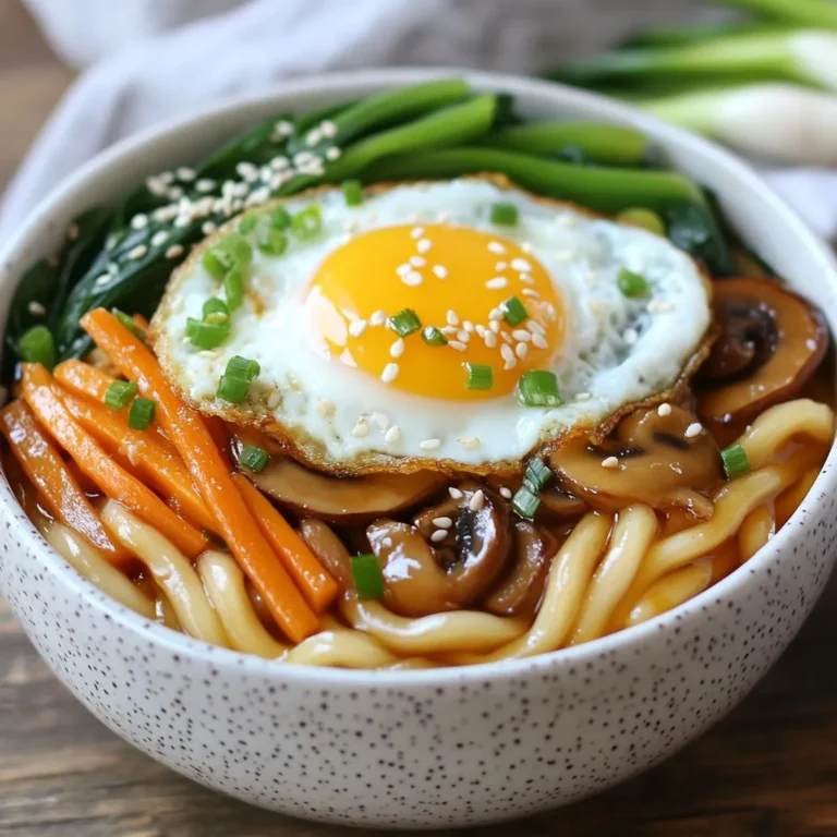 - 200g udon noodles - 1 tablespoon sesame oil - 1 medium carrot, julienned - 1 bell pepper (red or yellow), sliced - 1 cup shiitake mushrooms, sliced - 1 cup bok choy, chopped - 3 green onions, chopped - 2 cloves garlic, minced - 2 tablespoons soy sauce - 1 tablespoon mirin (or rice vinegar) - 1 teaspoon sugar - Salt and pepper to taste - Sesame seeds for garnish - Optional: 1 egg, fried sunny-side up (for serving) Yaki Udon shines with its colorful, tasty mix of ingredients. Udon noodles are the star. They are thick and chewy, making them perfect for stir-frying. Fresh vegetables add crunch and flavor. Carrots bring a sweet taste and bright color. Bell peppers add sweetness and juiciness. Shiitake mushrooms give a rich, earthy flavor. Bok choy adds a nice crunch and green color. Aromatics like garlic and green onions bring a lovely fragrance. Garlic adds depth, while green onions provide a fresh finish. The seasoning is key to the dish. Soy sauce gives a salty taste, while mirin or rice vinegar adds a touch of sweetness. The sugar balances the flavors perfectly. For a special touch, consider garnishing with sesame seeds. A fried egg on top makes it even more delightful. This mix of flavors and textures creates a simple yet satisfying meal. {{ingredient_image_1}} To cook udon noodles perfectly, start by boiling water in a pot. Add the udon noodles and cook them for about 3-4 minutes. They should be soft but not mushy. Once cooked, drain the noodles in a colander. Set the noodles aside while you prepare the stir-fry. This step is important so the noodles do not stick together. Next, heat 1 tablespoon of sesame oil in a large skillet or wok over medium heat. Add 2 cloves of minced garlic to the pan. SautΓ© it for about 30 seconds until it smells great. Add the julienned carrot and sliced bell pepper to the skillet. Stir-fry these for 2-3 minutes until they start to soften. Then, mix in 1 cup of sliced shiitake mushrooms and 1 cup of chopped bok choy. Keep stir-frying for another 2 minutes until the bok choy wilts and the mushrooms get tender. Now, add the cooked udon noodles to the skillet. Gently toss them with the vegetables. In a small bowl, whisk together 2 tablespoons of soy sauce, 1 tablespoon of mirin (or rice vinegar), and 1 teaspoon of sugar. Pour this sauce over the stir-fried mixture. Stir everything together for about 2-3 minutes until it is well mixed and hot. Season your dish with salt and pepper to taste. If you like, toss in some chopped green onions for extra flavor. For a special touch, serve each portion with a fried sunny-side-up egg on top. This adds a nice look and flavor to your Yaki Udon. Sprinkle sesame seeds over the dish for a lovely finish. Serve the Yaki Udon in deep bowls, and enjoy your delightful meal! To make great Yaki Udon, use fresh ingredients. Fresh veggies taste better and add crunch. Look for bright colors when choosing your produce. The right type of noodles is also key. Udon noodles are thick and chewy, perfect for soaking up sauce. Other noodles may not give the same texture. Stir-frying vegetables is all about heat and speed. Use high heat for quick cooking. Add harder veggies first, like carrots, and softer ones later. This keeps everything crisp. Balance your seasoning with soy sauce and mirin. Start small; you can always add more later. Pair Yaki Udon with light sides, like a salad or miso soup. Green tea complements the dish well. For plating, use deep bowls. Top each serving with a fried egg and sesame seeds. Sprinkle green onions on top for color. This makes the dish look special and inviting. Pro Tips Fresh Noodles Are Best: If possible, use fresh udon noodles for a superior texture and flavor compared to dried varieties. Customize Your Veggies: Feel free to add or substitute vegetables based on your preference or what you have on hand, such as snow peas or broccoli. Adjust the Sauce: Taste the sauce before adding it to the noodles; adjust the soy sauce or sugar based on your personal taste for sweetness and saltiness. Presentation Matters: For an appealing presentation, serve in deep bowls and arrange the ingredients artistically before topping with the egg and sesame seeds. {{image_2}} You can switch up the veggies in Yaki Udon. Try adding snow peas, zucchini, or broccoli. Each option brings its own taste and crunch. If you want more protein, add tofu. Cut it into cubes and stir-fry it with your veggies. This will make your meal filling and tasty. Seafood can make Yaki Udon extra special. Shrimp and squid are great choices. If you use shrimp, add them after the garlic. They cook fast, about 2-3 minutes. For squid, add it with the mushrooms. Cook until itβs tender, about 3-4 minutes. Keep an eye on the time, so it doesnβt get tough. You can make your sauce as spicy as you like. Add chili paste or fresh chili peppers to heat things up. If you want a different flavor, try using oyster sauce or hoisin sauce. Both give a unique twist to the dish. Experiment with the sauces to find your perfect blend! To keep Yaki Udon fresh, follow these steps: - Refrigerating: Place leftovers in an airtight container. This keeps them fresh for up to three days. - Freezing: For long-term storage, freeze Yaki Udon in a freezer-safe bag. It can stay good for up to three months. When itβs time to enjoy leftovers, hereβs how to reheat them: - Preventing sticking: Heat a skillet over medium heat. Add a splash of water or oil. This helps noodles stay loose. - Maintaining flavor: Stir in a bit of soy sauce while reheating. This boosts the taste and keeps the dish flavorful. By following these tips, you can savor your Yaki Udon even after the first meal! Yaki Udon is a Japanese stir-fried noodle dish. It features thick, chewy udon noodles, fresh veggies, and savory sauce. The dish comes from Japan and is popular in many Asian cuisines. You can find it in restaurants or make it at home. It is fun to cook and tastes amazing! Yes, you can use other noodles if you want. Soba noodles, rice noodles, or even spaghetti work well. Each noodle type offers a different taste and texture. Just remember to cook them according to their package instructions. This way, you will get the best result! Yaki Udon is not gluten-free because udon noodles contain wheat. However, you can use gluten-free noodles. Look for rice noodles or gluten-free udon made from tapioca. Be sure to check the soy sauce label too. You can find gluten-free soy sauce options that taste great! Yaki Udon pairs well with many side dishes. Try serving it with: - Edamame - Miso soup - Seaweed salad - Pickled vegetables For drinks, some options are: - Green tea - Sake - Light beer These sides and drinks enhance your Yaki Udon experience. Enjoy your meal! In this article, we explored Yaki Udon, focusing on its key ingredients, cooking steps, and helpful tips. You learned how to prepare the perfect stir-fry and customize the dish. Fresh veggies and flavorful sauces play a big role in your meal. Remember, the best Yaki Udon comes from good ingredients and techniques. Experiment with varieties and get creative in serving. With practice, you can master this tasty dish, impressing yourself and others. Enjoy every delicious bite!